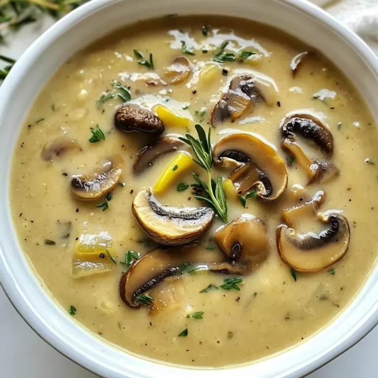 To make the ultimate mushroom soup, you need these key ingredients: - 500g assorted mushrooms (cremini, shiitake, and button mushrooms), sliced - 1 large onion, finely chopped - 2 cloves garlic, minced - 4 cups vegetable stock - 2 tablespoons olive oil - 1 tablespoon butter - 1 teaspoon fresh thyme leaves - 1 teaspoon dried rosemary - 1 cup heavy cream (or coconut cream for a vegan version) - Salt and pepper to taste - Fresh parsley, chopped (for garnish) These ingredients work together to create a rich and tasty soup. You can customize your mushroom soup with some optional add-ins. Try adding: - A splash of white wine for depth - A handful of spinach for color and nutrition - A pinch of nutmeg for warmth - Different herbs like basil or dill for unique flavors For substitutions, use coconut cream for a vegan option. You can swap the butter for olive oil if you prefer. Choosing the right mushrooms is key. Fresh mushrooms give the best flavor and texture. Look for mushrooms that are firm and dry. Avoid any that are slimy or have dark spots. Cremini mushrooms add earthiness, shiitake mushrooms provide a rich taste, and button mushrooms keep it classic. Mixing these types brings out the best in your soup. {{ingredient_image_1}} First, gather all your ingredients. You need assorted mushrooms, onion, garlic, vegetable stock, olive oil, and butter. Start by heating the olive oil and butter in a large pot over medium heat. This mix gives the soup a rich taste. Once hot, add the finely chopped onion. Cook it for about five minutes until it turns soft and translucent. Next, stir in the minced garlic. Cook for one more minute. The garlic will fill your kitchen with a nice aroma. Now it’s time for the mushrooms. Add the sliced mushrooms to the pot. You can use cremini, shiitake, and button mushrooms for a mix of flavors. Cook these for about eight to ten minutes. Stir them occasionally. They will release moisture and start to soften. After that, sprinkle in the fresh thyme and dried rosemary. These herbs add depth to the soup. Mix everything well. Next, pour in the vegetable stock. Bring the soup to a boil. Once it's bubbling, reduce the heat and let it simmer for fifteen minutes. This simmering time helps all the flavors come together. After that, use an immersion blender to blend the soup until it’s smooth. If you don’t have one, carefully transfer the soup to a blender. Once blended, stir in the heavy cream. Season with salt and pepper to taste. Heat the soup on low for a few minutes. Finally, serve it hot, garnished with chopped fresh parsley. To make your mushroom soup burst with taste, use fresh herbs. Fresh thyme and rosemary add a great touch. You can also try adding a splash of white wine. It gives depth to the flavor. If you want a little heat, add a pinch of red pepper flakes. This will wake up your soup without overpowering it. For a rich and creamy soup, use heavy cream. You can also use coconut cream for a vegan option. Blend the soup until smooth. This helps mix the flavors well. If you like a thicker soup, add a bit of cornstarch. Mix it with cold water before adding it to the pot. This will help thicken the soup without lumps. An immersion blender is handy for this recipe. It lets you blend the soup right in the pot. If you don’t have one, a regular blender works too. Just be careful when transferring hot soup. A large pot is best for cooking. Make sure it has a thick bottom to avoid burning. Lastly, use a good knife for chopping the onions and mushrooms. A sharp knife makes prep easy and quick. Pro Tips Use a Variety of Mushrooms: Mixing different types of mushrooms enhances the flavor and texture of the soup, giving it a more complex and rich taste. Don't Skip the Fresh Herbs: Fresh thyme and rosemary elevate the soup's aroma and flavor profile. If possible, always opt for fresh over dried. Blend for Texture: For a creamier soup, blend it well! Using an immersion blender allows for control over the texture, so blend to your desired smoothness. Adjust Creaminess to Taste: If you prefer a lighter soup, use less cream or substitute with coconut cream for a vegan alternative that still provides richness. {{image_2}} You can make the creamy version of this soup with ease. Start with the base recipe that I shared earlier. Once the soup simmers, add one cup of heavy cream. This will make your soup rich and velvety. If you want a lighter option, use coconut cream instead of heavy cream. The taste remains wonderful, and it’s perfect for vegan eaters. For a vegan version, skip the butter and heavy cream. Use olive oil to sauté the onions and garlic. Then, add coconut cream at the end for a creamy finish. You can also add more vegetables, like carrots or spinach, for added nutrition. These changes keep the soup tasty and plant-based. Switching herbs and spices can change the soup's flavor. You can try adding fresh basil or dill for a fresh taste. A pinch of nutmeg can add warmth. If you like it spicy, a dash of red pepper flakes works well. Experimenting with these options lets you create a unique dish every time you cook. To keep your mushroom soup fresh, let it cool first. Pour it into a clean, airtight container. Seal the container tightly. Store it in the fridge. It will last for about three to four days. If you want to freeze your soup, make sure it is completely cool. Use freezer-safe containers or bags. Leave some space at the top, as the soup will expand when frozen. It can stay good for up to three months in the freezer. Label the containers with the date. To reheat the soup, take it out of the fridge or freezer. If frozen, thaw it overnight in the fridge. Heat the soup in a pot over low heat. Stir it often to warm it evenly. You can also use a microwave. Heat in short bursts, stirring in between. Make sure it is hot all the way through before serving. Enjoy your delicious soup! Yes, you can use dried mushrooms. They add deep flavor. First, rehydrate them in hot water. Let them soak for 20 to 30 minutes. After soaking, chop them and add them to the pot. You may need less stock since dried mushrooms absorb water. This change will boost the soup’s taste. Mushroom soup will last about 3 to 4 days in the fridge. Store it in an airtight container. Make sure it cools down before sealing. If you want to keep it longer, freeze it. Frozen soup can last for about 2 to 3 months. Just reheat it well before serving. You can serve many things with mushroom soup. Here are some ideas: - Fresh bread or rolls for dipping - A simple green salad for balance - Grilled cheese sandwiches for a classic combo - Roasted vegetables for extra flavor These pairings will enhance your meal and make it even more satisfying. Enjoy! In this post, we explored making the best mushroom soup. We looked at key ingredients, optional add-ins, and how to choose the right mushrooms. I gave you step-by-step instructions to prepare the base, cook mushrooms, and finish your soup. You learned tips to enhance flavors and techniques for creaminess. We also discussed variations, storage, and common questions. Now, you can make a delicious soup that fits your taste! Enjoy cooking!