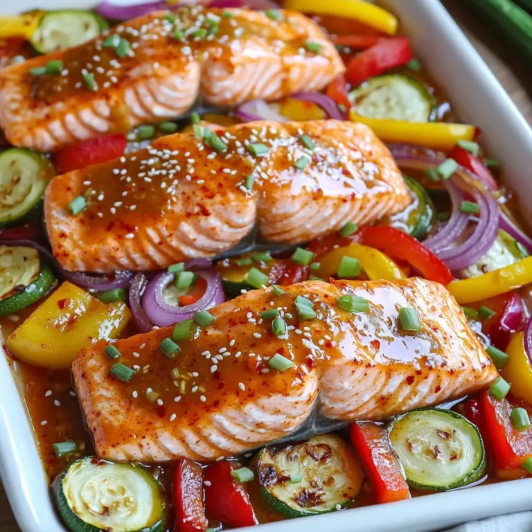 - 4 salmon fillets (about 6 oz each) - 1/2 cup sweet chili sauce - 2 tablespoons soy sauce - 2 tablespoons sesame oil - 1 teaspoon grated fresh ginger - 1 red bell pepper, sliced - 1 yellow bell pepper, sliced - 1 zucchini, sliced - 1 small red onion, cut into wedges - 2 green onions, chopped (for garnish) - Sesame seeds (for garnish) - Salt and pepper to taste You will need fresh salmon fillets for this dish. Salmon gives a rich taste and is healthy. Sweet chili sauce adds a sweet and spicy kick. Use soy sauce for depth and umami flavor. Sesame oil brings a nutty flavor that pairs well with salmon. Fresh ginger adds a warm zest that brightens the dish. Next, gather colorful vegetables. Bell peppers bring sweetness and crunch. Zucchini adds freshness and a nice texture. Red onion gives a slight bite that balances the flavors. For garnishes, green onions add brightness, and sesame seeds add a lovely crunch. Don't forget to season with salt and pepper. These simple ingredients come together to create a tasty meal. Each ingredient plays a vital role to make this sheet pan dish both simple and delicious. First, preheat your oven to 400°F (200°C). This step gets your oven ready for the salmon and veggies. I like to line my sheet pan with parchment paper. This way, cleanup is quick and easy. Next, grab a small bowl. In this bowl, whisk together 1/2 cup of sweet chili sauce, 2 tablespoons of soy sauce, 2 tablespoons of sesame oil, and 1 teaspoon of grated fresh ginger. Mix well until everything is combined. The marinade adds a sweet and spicy flavor to the salmon. Now, take your red and yellow bell peppers, zucchini, and red onion. Slice them into bite-sized pieces. Place these veggies on the lined sheet pan. Drizzle them with a little olive oil and season with salt and pepper. Toss them to coat in the oil and spices. This step helps the veggies cook evenly and taste great. It’s time to add the star of the dish! Place the 4 salmon fillets on top of the veggies, skin-side down. Pour the sweet chili marinade evenly over the salmon. Make sure each fillet gets a good amount of sauce. This adds flavor and keeps the fish moist. Slide the sheet pan into the preheated oven. Bake for 15-20 minutes. You’ll know it’s done when the salmon flakes easily with a fork and the veggies are tender. Keep an eye on it to avoid overcooking. When the dish is ready, carefully take it out of the oven. Sprinkle chopped green onions and sesame seeds over the salmon and veggies. This adds color and a nice crunch. Serve hot on individual plates, making sure each plate has some salmon and veggies. Enjoy your meal! To make a great marinade, use equal parts sweet chili sauce and soy sauce. This mix gives a nice balance of sweetness and saltiness. Add sesame oil for depth and fresh ginger for zing. Whisk all the ingredients well and let it sit for a few minutes. This allows the flavors to blend, creating a tasty glaze for your salmon. For a stronger flavor, marinate the salmon for 30 minutes before cooking. Choosing fresh salmon is key for this dish. Look for bright, moist fillets with no strong fishy smell. Wild-caught salmon has richer flavor and better texture than farmed salmon. If you prefer sustainable options, check for certifications on the packaging. Skin-on fillets help keep the fish moist while cooking, but skinless fillets work just as well. While the recipe calls for bell peppers, zucchini, and red onion, feel free to mix it up. Asparagus, broccoli, or snap peas work great, too. Just cut them into similar sizes for even cooking. Seasonal veggies add freshness and color to your dish. Remember to keep the cooking time in mind for different vegetables; some may take longer than others. To ensure even cooking, arrange the salmon and veggies in a single layer. Avoid overcrowding the pan, which can lead to steaming instead of roasting. If your oven has hot spots, rotate the pan halfway through cooking. This way, every piece gets that lovely roasted flavor. Check the salmon a few minutes before the time is up to avoid overcooking. It should flake easily with a fork when done. {{image_2}} If you like heat, add sliced fresh chilis to the marinade. I suggest using Thai bird chilis for a bold kick. You can also sprinkle chili flakes on top before baking. This adds flavor and heat. Adjust the amount based on your taste. You can make a sweet and spicy mix that excites your palate. For a fresh twist, use herbs like cilantro or basil. Chop them finely and mix with the marinade. This gives a bright flavor to the salmon. You can also try dill for a more traditional taste. Fresh herbs can brighten the dish and add aroma. Experiment with your favorite herbs for unique flavors. Feel free to swap in seasonal veggies. Asparagus and carrots work well in spring. In summer, try cherry tomatoes or corn. Fall brings squash and Brussels sprouts. Each season has its own bounty. Adding different vegetables keeps the dish fresh and fun. Choose what you love or what you find at the market. You can store any leftover salmon in an airtight container. Place it in the fridge. It will stay fresh for up to three days. Make sure to cool it down before sealing. Keep the veggies in the same container or separate. They also last for three days. Avoid leaving leftovers out for too long. To reheat the salmon, use an oven or a microwave. If you use an oven, preheat it to 350°F (175°C). Place the salmon on a baking sheet. Heat for about 10 minutes, or until warm. If using a microwave, cover the salmon with a damp paper towel. Heat in short bursts of 30 seconds. Check often to avoid overcooking. You can prepare the salmon and marinade ahead of time. Mix the sweet chili sauce, soy sauce, and other ingredients. Marinate the salmon for up to an hour in the fridge. Cut the veggies and store them separately. When ready to cook, just assemble everything on the sheet pan. This makes for a quick meal on busy days. Cook salmon on a sheet pan for 15-20 minutes. At 400°F (200°C), it cooks evenly. Check if it flakes easily with a fork. This means it is done. Cooking time can change based on the thickness of the fillets. Thicker pieces may need a bit more time. Yes, you can use frozen salmon fillets. Just make sure to thaw them first. Place them in the fridge overnight or run them under cold water. Once thawed, they can be used just like fresh salmon. This is a great option for quick meals. You can serve this dish with rice or quinoa. Both add a nice base to soak up the sauce. Steamed vegetables or a fresh salad also work well. You can even add a side of crusty bread for extra texture. These sides balance the rich flavors of the salmon. You can prepare this meal in advance. Marinate the salmon and chop the veggies ahead of time. Store them in the fridge until you’re ready to cook. This makes dinner quick and easy. Just bake when you are ready to eat. This recipe for sheet pan sweet chili salmon shines with flavor and ease. We covered key ingredients, simple steps, and expert tips to elevate your meal. Remember, choose fresh salmon and test new veggies for fun twists. Store leftovers well and enjoy reheating them later. Cooking should be simple and enjoyable, and this dish fits perfectly into your routine. Dive into this recipe whenever you want a tasty and healthy dinner.