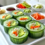 - 1 large cucumber - 1 cup sushi rice - 1 1/4 cups water - 1 tablespoon rice vinegar - 1 tablespoon sugar - 1 teaspoon salt - 1/2 avocado, sliced - 1 small carrot, julienned - 1 red bell pepper, julienned - 4 sheets of nori (seaweed) - Soy sauce, for dipping - Wasabi and pickled ginger, for serving Gathering the right ingredients is key to making tasty cucumber sushi rolls. Start with a large cucumber. This will be the main part of your roll. For the rice, you need sushi rice. It sticks better than regular rice. You also need water to cook the rice. Next, for seasoning, grab rice vinegar, sugar, and salt. These will make your rice flavorful. For fillings, think fresh and colorful. You will need half an avocado, a small carrot, and a red bell pepper. Slice them thinly to fit in the rolls. You will also need nori sheets. They wrap the sushi and hold everything together. Don’t forget soy sauce for dipping. Wasabi and pickled ginger add a nice touch too. These ingredients will make your rolls fresh and enjoyable. The bright colors and flavors will impress anyone who eats them. - Rinse the sushi rice: Rinse 1 cup of sushi rice under cold water. Keep rinsing until the water runs clear. This removes excess starch. - Cooking the rice: Place the rinsed rice in a saucepan with 1 1/4 cups of water. Bring to a boil over medium heat. Once it boils, lower the heat, cover, and let it simmer for 20 minutes. - Cooling the rice: After 20 minutes, remove from heat. Let it sit, covered, for 10 minutes. In a small bowl, mix 1 tablespoon rice vinegar, 1 tablespoon sugar, and 1 teaspoon salt. Once the rice cools, fold in this mixture gently. - Peeling the cucumber: Take 1 large cucumber and peel it with a vegetable peeler. Make long strips without removing too much flesh. - Slicing and hollowing out the cucumber: Cut the cucumber in half lengthwise. Use a spoon to scoop out the seeds, creating a hollow shape. This will hold your sushi filling. - Layering rice and fillings: Place a sheet of nori on a bamboo sushi mat, shiny side down. With wet hands, spread a layer of sushi rice over the nori. Leave 1 inch at the top edge clear. Lay slices of avocado, julienned carrot, and red bell pepper across the rice. - Rolling the sushi: Start from the bottom edge of the mat. Gently roll the nori over the fillings. Use the mat to shape it into a cylinder. Once you reach the exposed edge, wet it slightly with water to seal. - Slicing the rolls: Use a sharp knife, coated with a little water, to slice the sushi roll into bite-sized pieces. - Presentation tips: Arrange the sushi rolls on a platter. Serve them alongside small bowls of soy sauce, wasabi, and pickled ginger. For a fun touch, place smaller pieces in the hollows of the cucumber halves. Garnish with sesame seeds or finely chopped green onions for flair. Proper rice seasoning: To get the best taste, season your sushi rice well. Mix rice vinegar, sugar, and salt in a bowl. Stir until dissolved. When the rice cools, fold in this mixture gently. This gives the rice a delightful tang. Adding crunch to your rolls: You want your sushi rolls to have a nice texture. Add thin slices of carrot and bell pepper for crunch. You can also use crispy tempura bits for extra flavor and texture. Keeping the rolls tight: When you roll your sushi, keep it tight. Start rolling from the bottom of the mat. Use your fingers to hold the filling in place as you roll. This helps keep everything together. The role of moisture in sealing: To seal your rolls, you need a little water. Just wet the edge of the nori before finishing the roll. This helps hold everything in and keeps the sushi fresh. Creative serving ideas: For a fun twist, serve your cucumber sushi rolls in the hollowed-out cucumber halves. This makes for a pretty and tasty presentation. You can also garnish with sesame seeds or chopped green onions. Pairing with sauces: Serve your rolls with soy sauce for dipping. Add wasabi and pickled ginger on the side for a kick. You can also try a spicy mayo for an exciting flavor boost. {{image_2}} You can change the fillings in cucumber sushi rolls for fun. Use different veggies like bell peppers, zucchini, or spinach. These add color and taste. You can also add proteins for a heartier roll. Tofu works great if you want a plant-based option. Shrimp or crab can add a seafood twist. Pick what you love! Cucumber sushi rolls can take on many styles. One popular type is the California roll, which uses cucumber, crab, and avocado. This is a tasty choice! Fried rolls, known as tempura rolls, give a crunchy texture. Fresh rolls focus on raw ingredients, keeping things light and crisp. Choose the style you enjoy most! To make your rolls pop, try adding spicy mayo. Mix mayonnaise with sriracha for a kick. Drizzle this on top for extra flavor. You can also play with citrus. A splash of lemon or lime juice brightens the taste. Experiment with these additions to find your favorite flavor combo! To keep your sushi fresh, store it in an airtight container. This helps prevent drying out. Place it in the fridge right away. Sushi is best enjoyed fresh, but you can save some for later. When reheating, use the microwave for about 10-15 seconds. This warms it up without cooking it. You can also eat leftovers cold. Just dip them in soy sauce and enjoy! Can you freeze sushi rolls? Yes, you can freeze cucumber sushi rolls, but they may lose some texture. To freeze, wrap each roll tightly in plastic wrap. Then, place them in a freezer bag. This prevents freezer burn. When ready to eat, let the rolls thaw in the fridge overnight. You can also leave them at room temperature for a couple of hours. Enjoy your cucumber sushi rolls fresh, even after freezing! I recommend using a Persian or English cucumber. These types are thin-skinned and crunchy. They have fewer seeds, which makes them perfect for sushi. Their mild flavor blends well with other ingredients. Look for cucumbers that are firm and shiny. This ensures maximum freshness and taste. Yes, you can! If you want to skip the nori, use thin slices of cucumber instead. You can also try rice paper or lettuce leaves. These alternatives keep the rolls light and fresh. Just make sure to keep your fillings balanced. This way, you enjoy a great taste without the seaweed. To avoid soggy cucumbers, start by selecting fresh ones. Store them in a cool place. Before using, peel and hollow out the cucumbers just before making the rolls. This keeps them crisp. You can also lightly salt the cucumber for a short time. Rinse and pat dry before rolling. This helps remove excess moisture. Homemade sushi rolls are best eaten the same day. If stored correctly, they can last up to 24 hours in the fridge. Keep them in an airtight container to maintain freshness. However, the ingredients may lose their crunch over time. Always check for freshness before eating. If in doubt, it’s best to make a fresh batch! Cucumber sushi rolls are fun and easy to make. We covered essential ingredients, seasoning, fillings, and assembly. I shared tips for perfecting your rolls and creative serving ideas. You can try different fillings and flavors to suit your taste. Remember to store any leftovers well to enjoy later. With these steps, you can impress your friends and family with fresh, tasty sushi. Enjoy experimenting with your own unique sushi creations!