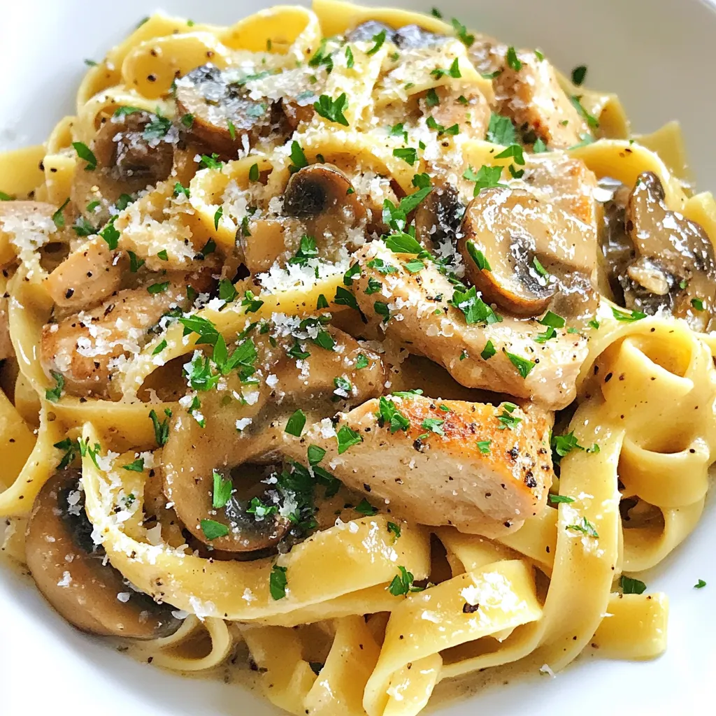 - 12 oz fettuccine pasta - 2 boneless, skinless chicken breasts, thinly sliced - 1 teaspoon salt - 1 teaspoon black pepper - 1 tablespoon olive oil - 1 cup mushrooms, sliced (cremini or button) - 2 cloves garlic, minced - 1 cup chicken broth - 1 cup heavy cream - 1 tablespoon soy sauce - 1 teaspoon dried thyme - 1 teaspoon dried Italian herbs - Fresh parsley, chopped (for garnish) - Grated Parmesan cheese (for serving) To start, gather all your ingredients. This makes cooking easier and more fun. Fettuccine pasta is the base of this dish. It is thick and holds sauce well. Next, you'll need two chicken breasts. Slice them thinly for quick cooking. Season them well with salt and pepper. The seasoning brings out the best flavor in the chicken. Mushrooms add a nice earthy taste. Use cremini or button mushrooms for this recipe. Garlic is a must too; it adds a great aroma and flavor. For the sauce, you will combine chicken broth and heavy cream. The broth adds depth, while the cream makes it rich. Soy sauce will enhance the umami flavor. Thyme and Italian herbs add a touch of warmth. Don’t forget the garnishes! Fresh parsley adds color and brightness. Grated Parmesan cheese gives a salty kick. With these ingredients ready, you’re set for a delicious meal. {{ingredient_image_1}} To start, fill a large pot with water and add salt. Bring it to a boil. Once boiling, add 12 oz of fettuccine pasta. Cook according to the package instructions until it is al dente, about 10-12 minutes. Drain the pasta but save about ½ cup of the pasta water. This water will help adjust the sauce later, so don’t skip this step! Next, take 2 boneless, skinless chicken breasts and slice them thinly. Season both sides with 1 teaspoon of salt and 1 teaspoon of black pepper. Heat 1 tablespoon of olive oil in a large skillet over medium-high heat. Add the chicken slices and cook for about 5-7 minutes. You want them golden brown and fully cooked. Use a meat thermometer if you need to check for doneness. The internal temperature should be 165°F. Once done, remove the chicken from the skillet and set it aside. In the same skillet, add 1 cup of sliced mushrooms. Sauté them for about 3-4 minutes until they soften. Then, add 2 cloves of minced garlic. Stir constantly for 1 minute to avoid burning the garlic. This step builds a rich flavor base for your dish. Now, it's time to make the sauce. Pour in 1 cup of chicken broth. As it bubbles, scrape the bottom of the pan to release any brown bits. This adds depth to the sauce. Next, stir in 1 cup of heavy cream, 1 tablespoon of soy sauce, 1 teaspoon of dried thyme, and 1 teaspoon of Italian herbs. Let this simmer for about 5 minutes until the sauce thickens slightly. After the sauce has thickened, add the cooked chicken back into the skillet. Then, add the drained fettuccine. If the sauce seems too thick, gradually add the reserved pasta water until you reach your desired consistency. Stir everything gently to combine and let it warm for a minute. To serve, place the pasta in bowls. Top it with chopped fresh parsley and a sprinkle of grated Parmesan cheese. This not only looks great but also adds a burst of flavor. Enjoy your beautiful, creamy Chicken Marsala Pasta! To ensure juicy chicken, start by seasoning the meat well with salt and pepper. This adds flavor and helps keep it moist. Sauté the chicken over medium-high heat in olive oil. Cook it for about 5-7 minutes until it’s golden brown. Don’t overcrowd the pan; this helps it cook evenly. For enhancing flavors, try using fresh herbs like thyme or basil. Dried herbs work well too. A mix of Italian herbs adds depth to the sauce. You can adjust the amount based on your taste. Fresh parsley makes a great garnish, adding color and freshness. You will need a large pot for boiling pasta. A good-sized skillet is key for cooking chicken and making the sauce. Use a sharp knife for slicing chicken and mushrooms. A wooden spoon is perfect for stirring. A measuring cup helps when adding liquids. Don’t forget a colander for draining pasta. These essential tools make the process smoother and quicker. For gluten-free options, use gluten-free fettuccine or any gluten-free pasta you enjoy. There are many great brands available. Just check the package for cooking instructions. If you need a dairy-free version, substitute heavy cream with coconut milk or a dairy-free cream. This keeps the dish creamy without the dairy. You can still enjoy the rich flavors of Chicken Marsala Pasta while meeting your dietary needs. Pro Tips Use Fresh Ingredients: Opt for fresh mushrooms and herbs to elevate the flavor of your dish. Fresh ingredients provide a vibrant taste that dried ones may lack. Perfectly Cook Pasta: Always cook your pasta al dente, as it will continue to cook slightly when mixed with the sauce. This prevents it from becoming mushy. Adjust Sauce Consistency: Use reserved pasta water to adjust the sauce's thickness. This starchy water helps the sauce adhere to the pasta better. Rest Chicken: Allow the chicken to rest for a few minutes after cooking. This helps retain its juices, making it tender and flavorful when added to the pasta. {{image_2}} You can swap out fettuccine for many other pasta types. Each shape gives a unique texture. Here are some great options: - Penne: Holds sauce well and adds a nice bite. - Farfalle: The bowtie shape is fun and adds visual appeal. - Rigatoni: Its ridges catch the sauce perfectly. Choosing a different pasta can change your dish. Try different shapes to keep it exciting! If you want to switch from chicken, there are many tasty options. Here are some ideas: - Turkey: Use thin slices just like chicken for a leaner choice. - Shrimp: Cook quickly and pair well with the creamy sauce. - Tofu: For a vegetarian option, firm tofu absorbs flavors well. Each protein brings its own taste and texture. Experiment to find your favorite! You can add your own twist to the classic Chicken Marsala Pasta. Here are some ideas: - Wine: Adding Marsala wine boosts the sauce's flavor. - Veggies: Spinach or sun-dried tomatoes add color and nutrition. - Cheese: Try adding different cheeses for a richer taste. These variations can make your dish stand out. Have fun and create your own version! To keep your Chicken Marsala Pasta fresh, store leftovers in an airtight container. Place the pasta in the fridge within two hours of cooking. It stays good for about three days. Be sure to cover it well to avoid drying out. When reheating, use the stove for best results. Heat a pan over low heat. Add a splash of chicken broth or cream. This keeps the pasta moist. Stir gently to warm it evenly. If the sauce thickens, add more liquid to revive it. This dish does freeze well! To freeze, let the pasta cool fully. Then, place it in a freezer-safe container. It can last up to three months in the freezer. To defrost, move it to the fridge overnight. You can also reheat from frozen, but it may take longer. Chicken Marsala Pasta is a tasty dish that blends chicken, mushrooms, and a rich sauce. It has Italian roots and uses Marsala wine, giving it a unique flavor. The dish became popular in the United States, especially in Italian-American homes. It features tender chicken and creamy sauce over pasta, making it a comforting meal for any occasion. Yes, you can use various pasta types. Here are some good options: - Penne - Fusilli - Spaghetti - Rigatoni Each pasta shape offers a different texture. Choose what you like best or what you have on hand. To make your Chicken Marsala Pasta creamier, follow these tips: - Use more heavy cream. This adds richness. - Stir in cream cheese for extra creaminess. - Add a splash of pasta water for a smooth texture. These tricks will help you achieve a luxurious sauce that clings to the pasta. Here are some great side dishes to serve: - Garlic bread - Steamed broccoli - Mixed green salad - Roasted vegetables These sides will complement the pasta and create a well-rounded meal. Yes, you can prep Chicken Marsala Pasta ahead of time. Here’s how: - Cook the pasta and chicken. Store them separately in airtight containers. - Prepare the sauce and keep it in the fridge. - When ready to eat, combine everything in a pan over low heat. This method saves time and lets you enjoy a delicious meal with ease. In this post, we explored how to make Chicken Marsala Pasta. We started with the key ingredients, such as fettuccine, chicken, and mushrooms. Then we detailed step-by-step instructions, including cooking tips and variations. You can use this dish as a base for creativity. Try different pastas or proteins, and adjust for dietary needs. With practice, you’ll master this recipe and impress others. Enjoy every bite!