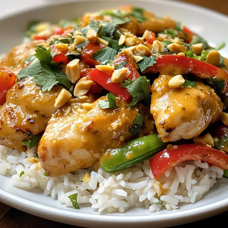 - 1 lb boneless, skinless chicken thighs, cut into bite-sized pieces - 1 tablespoon vegetable oil - 1 red bell pepper, sliced - 1 cup snap peas - 3 green onions, chopped - ½ cup creamy peanut butter - 2 tablespoons soy sauce - 1 tablespoon sesame oil - 1 tablespoon rice vinegar The main ingredients create a tasty base for Thai Peanut Chicken. Chicken thighs give a rich flavor. Fresh vegetables like red bell pepper and snap peas add crunch and color. Peanut butter provides that creamy, nutty taste many love. - 2 cloves garlic, minced - 1 tablespoon fresh ginger, grated - 2 tablespoons honey or maple syrup - 1 teaspoon red pepper flakes (optional) Garlic and ginger give the dish warmth and depth. Honey or maple syrup balance the flavors, adding sweetness. If you like heat, add red pepper flakes for a zesty kick. - Fresh cilantro - Crushed peanuts Garnishes enhance the dish’s look and taste. Fresh cilantro adds a bright note, while crushed peanuts give extra crunch. Together, they make your meal more appealing and delicious. {{ingredient_image_1}} First, heat 1 tablespoon of vegetable oil in a large skillet over medium-high heat. Add the bite-sized chicken pieces. Cook the chicken until it turns golden brown. This takes about 6 to 8 minutes. Make sure the chicken is cooked through. Once done, remove the chicken from the skillet and set it aside on a plate. Next, in the same skillet, add the sliced red bell pepper and snap peas. Stir-fry these for 2 to 3 minutes until they are tender-crisp. Then, toss in the chopped green onions, minced garlic, and grated ginger. Cook for one more minute while stirring frequently. This step brings out the fresh flavors of the veggies. Now, it’s time to whip up the peanut sauce. In a mixing bowl, combine ½ cup of creamy peanut butter, 2 tablespoons of soy sauce, 1 tablespoon of sesame oil, 2 tablespoons of honey (or maple syrup), and 1 tablespoon of rice vinegar. If you like spice, add 1 teaspoon of red pepper flakes. Whisk these ingredients together until smooth. If the sauce is too thick, adjust the consistency by adding a bit of warm water. Finally, return the cooked chicken to the skillet. Pour the peanut sauce over the chicken and vegetables. Toss everything together until it is evenly coated. Heat through for about 2 minutes. This step ensures that all flavors blend perfectly. Once heated, remove from heat and get ready to serve. - Best practices for stir-frying: Start with a hot skillet or wok. This helps cook food fast and keeps it crisp. Use a bit of oil to coat the pan. Stir often to ensure even cooking. - How to properly cook chicken thighs: Cut chicken into bite-sized pieces. This helps them cook evenly. Sear them for about 6-8 minutes until they turn golden brown. Remove them from the pan to avoid overcooking. - Tips for making the sauce creamy: Use creamy peanut butter for a smooth texture. Whisk in warm water if the sauce is too thick. This makes it easy to coat the chicken and veggies. - Adjusting flavors to preference: Taste the sauce as you mix. If you want it sweeter, add more honey or maple syrup. For a spicy kick, sprinkle in more red pepper flakes. - Ideas for serving over rice or quinoa: Serve your Thai peanut chicken over jasmine rice or fluffy quinoa. This adds a nice base and absorbs the sauce well. - Enhancing visual appeal with garnishes: Top your dish with fresh cilantro and crushed peanuts. Add lime wedges on the side for a pop of color. This makes the dish look inviting and fresh. Pro Tips Marinate for Flavor: For a deeper flavor, marinate the chicken in the peanut sauce for at least 30 minutes before cooking. This allows the flavors to penetrate the chicken more thoroughly. Vegetable Variations: Feel free to add or substitute other vegetables like broccoli, carrots, or zucchini. Just ensure they are cut into similar sizes for even cooking. Peanut Butter Choices: Choose a natural creamy peanut butter for a smoother sauce. Avoid brands with added sugar or hydrogenated oils for a healthier dish. Serving Suggestions: Serve this dish over jasmine rice or quinoa, and add a squeeze of fresh lime juice for an extra citrusy kick that enhances the flavors. {{image_2}} You can swap chicken for tofu or shrimp. Tofu adds a nice texture and soaks up flavors. Use firm tofu, and press it to remove extra moisture. Cook it for about 6-8 minutes until golden. If you choose shrimp, they cook fast. Add shrimp to the pan for about 3-4 minutes until they turn pink. Feel free to mix up the veggies! You can add broccoli, carrots, or zucchini. If you have seasonal produce, use that for freshness. For a summer twist, try adding corn or bell peppers. If you want, omit any veggies your family does not enjoy. If you need gluten-free options, use tamari instead of soy sauce. This keeps the dish safe for those with gluten issues. For vegan substitutions, replace chicken with tofu and honey with maple syrup. These changes keep the dish tasty while meeting dietary needs. To store your Thai Peanut Chicken, place it in an airtight container. Make sure it cools to room temperature before sealing it. This helps keep it fresh. In the fridge, it lasts about 3 to 4 days. If you want to keep it longer, freezing is a great option. To reheat, you can use a microwave or a skillet. If using a microwave, heat in 30-second bursts. Stir in between to avoid hot spots. If using a skillet, add a splash of water or broth to keep it moist. Heat over low until it’s warm. This helps keep the chicken and veggies tender. To freeze Thai Peanut Chicken, pack it in a freezer-safe container. Leave some space at the top for expansion. It can stay good for up to 3 months. When ready to eat, thaw it overnight in the fridge. Reheat it using the methods mentioned above for best results. To add spice, you can use more red pepper flakes. Start with two teaspoons. If you want more heat, add sliced fresh chili peppers. You might try a splash of sriracha in the sauce too. Adjust the spice to fit your taste. Yes, you can use crunchy peanut butter. It will give the dish a different texture. The flavor remains rich, but you will get little crunchy bits. This adds fun to each bite. If you love that nutty crunch, enjoy the change! I suggest serving this dish with jasmine rice or quinoa. Both soak up the sauce nicely. You could also add steamed broccoli or a fresh salad. A side of spring rolls pairs well too. These sides make the meal complete. Yes, this recipe is great for meal prep. Cook it in advance and store it in the fridge. It stays fresh for up to four days. To reheat, use a microwave or a skillet. This saves time on busy nights while keeping meals tasty. To make this dish kid-friendly, reduce the heat. Use less red pepper flakes or skip them. You can also cut the veggies smaller for easier eating. Offering extra rice can help balance the flavors. Kids will love the creamy peanut sauce! This blog post covers how to make Thai Peanut Chicken. We looked at the main ingredients, like chicken thighs and fresh veggies, and the delicious peanut sauce. I shared step-by-step instructions for cooking the dish, tips for perfecting the flavors, and ways to make it your own. You can even store leftovers for later. With these insights, you can create a tasty meal that fits your needs. Enjoy cooking and experimenting with this dish!