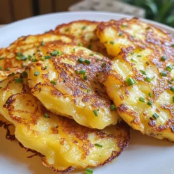 To make potato onion cheese pancakes, gather these key items: - 2 large potatoes, peeled and grated - 1 medium onion, finely chopped - 1 cup shredded cheese (cheddar or mozzarella work well) - 1/2 cup all-purpose flour - 2 large eggs - 1/4 teaspoon baking powder - Salt and pepper to taste - 2 tablespoons fresh chives, chopped (optional for garnish) - Oil for frying You can swap some ingredients if needed: - Use sweet potatoes instead of regular potatoes for a sweeter taste. - Try onion powder if you lack fresh onion. - Any cheese can work; experiment with pepper jack or feta for a twist. - Almond flour or chickpea flour can replace all-purpose flour for a gluten-free option. Selecting the right ingredients makes a big difference: - Choose firm potatoes without blemishes or sprouts for the best texture. - For onions, pick ones that feel heavy for their size and have a smooth skin. - Fresh cheese tastes better. If possible, buy it from a local deli or farmer's market. - Look for large eggs with clean shells for the best results. {{ingredient_image_1}} 1. Start by peeling and grating the potatoes. Use a box grater or food processor. 2. Take a large bowl and add the grated potatoes and chopped onion. 3. Squeeze the mixture tightly to get rid of excess moisture. This step helps the pancakes stay crisp. 4. Next, mix in the shredded cheese, flour, eggs, baking powder, salt, and pepper. Stir well until everything combines. 5. Heat a non-stick skillet on medium heat. Add a tablespoon of oil. 6. Form small patties from the potato mix, about the size of your palm. 7. Place the patties carefully in the skillet. 8. Cook each side for 4-5 minutes. Look for a golden brown color and crisp edges. 9. If needed, add more oil to the skillet while cooking. 10. Once done, move the pancakes to a plate lined with paper towels to absorb extra oil. 11. Optionally, sprinkle with fresh chives before serving warm. For perfect potato onion cheese pancakes, follow these tips: - Moisture Control: Always squeeze the potato mixture to remove extra moisture. - Even Heat: Make sure your skillet is hot, but not smoking. A medium setting works best. - Don’t Crowd the Pan: Cook a few pancakes at a time. This helps them cook evenly and get crispy. - Flip Carefully: Use a spatula to flip the pancakes gently. This keeps them intact and beautiful. Safety in the kitchen is key. Here are some tips to keep in mind: - Handle Knives Carefully: Always cut away from yourself when chopping onions or other items. - Watch for Hot Oil: Oil can splatter. Keep a safe distance and use the right amount. - Use Oven Mitts: When handling hot pans, always wear oven mitts to protect your hands. - Keep the Area Clean: Wipe spills right away to prevent slipping and maintain a tidy workspace. Following these instructions and safety tips will help you create delicious potato onion cheese pancakes with ease! To get those crispy edges, you must squeeze out the moisture from the potatoes. Use a clean kitchen towel or paper towel. This step makes a big difference. Next, don’t skip the oil in the pan. A non-stick skillet works best for even cooking. Form small patties, about the size of your palm. This helps them cook evenly. Cook each side for 4-5 minutes until golden brown. You can add more oil if needed. One common mistake is not removing enough moisture from the potatoes. If you skip this, pancakes can be soggy. Another mistake is overcrowding the pan. Leave space between the patties. This allows them to cook properly. Avoid using too much flour; it can make the pancakes dense. Lastly, don’t skip the baking powder. It helps the pancakes rise and stay fluffy. These pancakes are perfect for breakfast or a light dinner. Serve them warm with a dollop of sour cream or yogurt. You can also pair them with applesauce or a fresh salad. For extra flavor, sprinkle some fresh chives on top. You can even add a side of fried eggs for a hearty meal. Enjoy these pancakes fresh for the best taste! Pro Tips Drain the Potatoes: Ensure you squeeze out as much moisture as possible from the grated potatoes to achieve a crispier pancake. Cheese Options: Experiment with different types of cheese like feta or pepper jack for unique flavors. Cooking Temperature: Maintain medium heat while frying to prevent the pancakes from burning before they are cooked through. Freezing Tips: These pancakes freeze well; stack them between parchment paper and store in an airtight container for up to a month. {{image_2}} You can easily make these pancakes vegetarian. Simply skip the cheese or use plant-based cheese. Swap the eggs with flaxseed meal mixed with water. This mix binds like eggs. Use 1 tablespoon of flaxseed meal with 2.5 tablespoons of water for each egg. This keeps the pancakes tasty while making them plant-friendly. Want more flavor? You can add many tasty items. Try mixing in herbs like parsley or basil. You can also add spices like paprika or garlic powder. For a spicy kick, throw in diced jalapeños. These add-ins make the pancakes unique and fun to eat. If you need gluten-free pancakes, use a gluten-free flour blend. You can also use almond flour or coconut flour. These alternatives work well and keep the texture nice. Adjust the amount of flour based on how wet your potato mix is. You want a thick, spoonable batter. To keep your potato onion cheese pancakes fresh, let them cool first. Place them in an airtight container. Store them in the fridge for up to three days. Make sure they are not touching to avoid sticking. You can also separate layers with parchment paper for easy access. Reheat pancakes on the stove. Heat a skillet over medium heat. Add a little oil to the pan. Cook each side for about two minutes. This keeps them crispy and tasty. You can also use the oven. Preheat it to 375°F (190°C). Place pancakes on a baking sheet and heat for about 10 minutes. If you want to freeze pancakes, first cool them completely. Place them in a single layer on a baking sheet. Freeze for about one hour. Then, transfer them to a freezer bag. Remove as much air as possible. They will stay good for up to three months. When ready to eat, thaw in the fridge overnight. Reheat as mentioned above for the best taste. Yes, you can make these pancakes ahead of time. Just cook them and let them cool. Place them in a sealed container in the fridge. They last well for two to three days. When you are ready to eat, just reheat them in a skillet or microwave. These pancakes pair well with many sides. You can serve them with a simple salad. Sour cream or yogurt makes a great dip. You could also add some applesauce for a sweet touch. A side of eggs or bacon can make it a full meal. To make these pancakes in the oven, preheat it to 400°F (200°C). Form the patties as you would for frying. Place them on a baking sheet lined with parchment paper. Brush them with a little oil. Bake for about 20 minutes, flipping halfway through, until they are golden and crisp. You now have a complete guide to making delicious pancakes. We covered essential ingredients, cooking steps, and key tips for success. Remember, choosing quality ingredients enhances your dish. Don’t forget common mistakes to avoid. Try fun variations to suit any diet. Finally, proper storage keeps leftovers fresh. With these insights, you can create amazing pancakes every time. Enjoy cooking and share your tasty results!