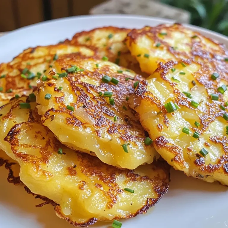 To make potato onion cheese pancakes, gather these key items: - 2 large potatoes, peeled and grated - 1 medium onion, finely chopped - 1 cup shredded cheese (cheddar or mozzarella work well) - 1/2 cup all-purpose flour - 2 large eggs - 1/4 teaspoon baking powder - Salt and pepper to taste - 2 tablespoons fresh chives, chopped (optional for garnish) - Oil for frying You can swap some ingredients if needed: - Use sweet potatoes instead of regular potatoes for a sweeter taste. - Try onion powder if you lack fresh onion. - Any cheese can work; experiment with pepper jack or feta for a twist. - Almond flour or chickpea flour can replace all-purpose flour for a gluten-free option. Selecting the right ingredients makes a big difference: - Choose firm potatoes without blemishes or sprouts for the best texture. - For onions, pick ones that feel heavy for their size and have a smooth skin. - Fresh cheese tastes better. If possible, buy it from a local deli or farmer's market. - Look for large eggs with clean shells for the best results. {{ingredient_image_1}} 1. Start by peeling and grating the potatoes. Use a box grater or food processor. 2. Take a large bowl and add the grated potatoes and chopped onion. 3. Squeeze the mixture tightly to get rid of excess moisture. This step helps the pancakes stay crisp. 4. Next, mix in the shredded cheese, flour, eggs, baking powder, salt, and pepper. Stir well until everything combines. 5. Heat a non-stick skillet on medium heat. Add a tablespoon of oil. 6. Form small patties from the potato mix, about the size of your palm. 7. Place the patties carefully in the skillet. 8. Cook each side for 4-5 minutes. Look for a golden brown color and crisp edges. 9. If needed, add more oil to the skillet while cooking. 10. Once done, move the pancakes to a plate lined with paper towels to absorb extra oil. 11. Optionally, sprinkle with fresh chives before serving warm. For perfect potato onion cheese pancakes, follow these tips: - Moisture Control: Always squeeze the potato mixture to remove extra moisture. - Even Heat: Make sure your skillet is hot, but not smoking. A medium setting works best. - Don’t Crowd the Pan: Cook a few pancakes at a time. This helps them cook evenly and get crispy. - Flip Carefully: Use a spatula to flip the pancakes gently. This keeps them intact and beautiful. Safety in the kitchen is key. Here are some tips to keep in mind: - Handle Knives Carefully: Always cut away from yourself when chopping onions or other items. - Watch for Hot Oil: Oil can splatter. Keep a safe distance and use the right amount. - Use Oven Mitts: When handling hot pans, always wear oven mitts to protect your hands. - Keep the Area Clean: Wipe spills right away to prevent slipping and maintain a tidy workspace. Following these instructions and safety tips will help you create delicious potato onion cheese pancakes with ease! To get those crispy edges, you must squeeze out the moisture from the potatoes. Use a clean kitchen towel or paper towel. This step makes a big difference. Next, don’t skip the oil in the pan. A non-stick skillet works best for even cooking. Form small patties, about the size of your palm. This helps them cook evenly. Cook each side for 4-5 minutes until golden brown. You can add more oil if needed. One common mistake is not removing enough moisture from the potatoes. If you skip this, pancakes can be soggy. Another mistake is overcrowding the pan. Leave space between the patties. This allows them to cook properly. Avoid using too much flour; it can make the pancakes dense. Lastly, don’t skip the baking powder. It helps the pancakes rise and stay fluffy. These pancakes are perfect for breakfast or a light dinner. Serve them warm with a dollop of sour cream or yogurt. You can also pair them with applesauce or a fresh salad. For extra flavor, sprinkle some fresh chives on top. You can even add a side of fried eggs for a hearty meal. Enjoy these pancakes fresh for the best taste! Pro Tips Drain the Potatoes: Ensure you squeeze out as much moisture as possible from the grated potatoes to achieve a crispier pancake. Cheese Options: Experiment with different types of cheese like feta or pepper jack for unique flavors. Cooking Temperature: Maintain medium heat while frying to prevent the pancakes from burning before they are cooked through. Freezing Tips: These pancakes freeze well; stack them between parchment paper and store in an airtight container for up to a month. {{image_2}} You can easily make these pancakes vegetarian. Simply skip the cheese or use plant-based cheese. Swap the eggs with flaxseed meal mixed with water. This mix binds like eggs. Use 1 tablespoon of flaxseed meal with 2.5 tablespoons of water for each egg. This keeps the pancakes tasty while making them plant-friendly. Want more flavor? You can add many tasty items. Try mixing in herbs like parsley or basil. You can also add spices like paprika or garlic powder. For a spicy kick, throw in diced jalapeños. These add-ins make the pancakes unique and fun to eat. If you need gluten-free pancakes, use a gluten-free flour blend. You can also use almond flour or coconut flour. These alternatives work well and keep the texture nice. Adjust the amount of flour based on how wet your potato mix is. You want a thick, spoonable batter. To keep your potato onion cheese pancakes fresh, let them cool first. Place them in an airtight container. Store them in the fridge for up to three days. Make sure they are not touching to avoid sticking. You can also separate layers with parchment paper for easy access. Reheat pancakes on the stove. Heat a skillet over medium heat. Add a little oil to the pan. Cook each side for about two minutes. This keeps them crispy and tasty. You can also use the oven. Preheat it to 375°F (190°C). Place pancakes on a baking sheet and heat for about 10 minutes. If you want to freeze pancakes, first cool them completely. Place them in a single layer on a baking sheet. Freeze for about one hour. Then, transfer them to a freezer bag. Remove as much air as possible. They will stay good for up to three months. When ready to eat, thaw in the fridge overnight. Reheat as mentioned above for the best taste. Yes, you can make these pancakes ahead of time. Just cook them and let them cool. Place them in a sealed container in the fridge. They last well for two to three days. When you are ready to eat, just reheat them in a skillet or microwave. These pancakes pair well with many sides. You can serve them with a simple salad. Sour cream or yogurt makes a great dip. You could also add some applesauce for a sweet touch. A side of eggs or bacon can make it a full meal. To make these pancakes in the oven, preheat it to 400°F (200°C). Form the patties as you would for frying. Place them on a baking sheet lined with parchment paper. Brush them with a little oil. Bake for about 20 minutes, flipping halfway through, until they are golden and crisp. You now have a complete guide to making delicious pancakes. We covered essential ingredients, cooking steps, and key tips for success. Remember, choosing quality ingredients enhances your dish. Don’t forget common mistakes to avoid. Try fun variations to suit any diet. Finally, proper storage keeps leftovers fresh. With these insights, you can create amazing pancakes every time. Enjoy cooking and share your tasty results!