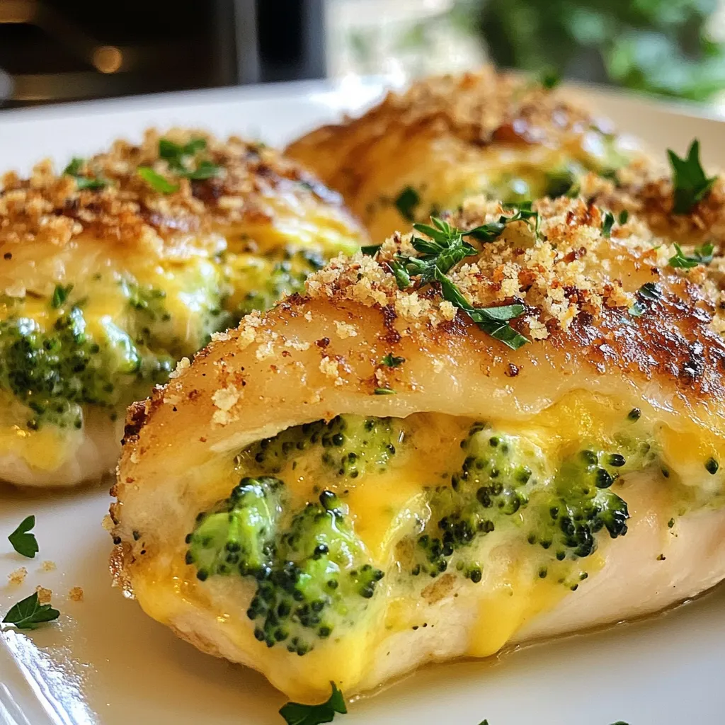 - 4 boneless, skinless chicken breasts - 1 cup fresh broccoli florets, chopped small - 1 cup shredded cheddar cheese - 1/2 cup cream cheese, softened - 1/4 teaspoon garlic powder - 1/4 teaspoon onion powder - 1/4 teaspoon black pepper - Salt to taste - 2 tablespoons olive oil - 1/4 cup breadcrumbs (optional for topping) - Fresh parsley, chopped (for garnish) To create this tasty dish, gather all the ingredients first. The chicken breasts serve as the main feature. They hold the creamy, cheesy filling inside. Fresh broccoli adds color and crunch. Cheddar cheese gives that rich, savory flavor. Cream cheese makes the filling smooth and creamy. Next, seasonings like garlic powder and onion powder enhance the taste. Black pepper and salt bring out all the flavors. Olive oil is key for searing the chicken and adding richness. If you want extra crunch, consider adding breadcrumbs on top. For a pop of color, garnish with fresh parsley. This dish is sure to impress with its hearty and savory flavors. {{ingredient_image_1}} 1. First, preheat your oven to 375°F (190°C). This step gets your oven ready for baking. 2. In a medium bowl, mix together the chopped broccoli, shredded cheddar cheese, softened cream cheese, garlic powder, onion powder, black pepper, and salt. Stir well until everything is creamy and well-combined. - To create pockets in the chicken breasts, place each one on a cutting board. Carefully cut a pocket into the side of each breast. Make sure not to cut through the other side. - Next, fill each pocket with the broccoli cheese mixture. Use your hands to stuff them generously, ensuring even filling in each breast. 1. Heat two tablespoons of olive oil in a large skillet over medium heat. Once the oil is hot, add the stuffed chicken breasts to the skillet. 2. Sear each side for about 3-4 minutes until they turn a nice golden brown. This step adds great flavor. 3. After searing, transfer the chicken to a baking dish. If you want, sprinkle breadcrumbs on top for extra crunch. 4. Bake the chicken in your preheated oven for 20-25 minutes. Check that the internal temperature reaches 165°F (75°C) to ensure it's fully cooked. 5. When done, take the chicken out and let it rest for about 5 minutes. This helps keep it juicy. 6. Finally, garnish with chopped parsley before serving. This adds a pop of color and freshness to your dish. - How to achieve the best flavor Start with fresh, quality ingredients. Fresh broccoli brings a bright taste. Use sharp cheddar for a stronger cheese flavor. Mixing garlic and onion powder adds depth. A sprinkle of salt enhances all the flavors. - Tips for tender chicken Always pound the chicken breasts to an even thickness. This ensures they cook evenly. Searing the chicken in olive oil adds a nice crust. Baking it afterward keeps it juicy. Letting the chicken rest before slicing helps retain moisture. - Ideal side dishes Serve this dish with a light salad for balance. Roasted vegetables pair well for added nutrition. Mashed potatoes or rice can soak up the cheesy goodness. A side of garlic bread is also a hit. - Presentation ideas for serving Slice the chicken in half to show off the colorful stuffing. Arrange on a nice plate with fresh parsley on top. Drizzle a little olive oil or balsamic glaze for shine. Use a colorful side to make the plate pop. Pro Tips Use Fresh Broccoli: Fresh broccoli will give a better texture and flavor compared to frozen. Make sure to chop it finely for even stuffing. Seal the Chicken Well: Ensure the chicken pockets are fully sealed after stuffing to prevent the filling from spilling out during cooking. Experiment with Cheeses: Feel free to mix different types of cheese such as mozzarella or gouda for varied flavors and textures. Check for Doneness: Always use a meat thermometer to check the internal temperature of the chicken, ensuring it reaches 165°F (75°C) for safe consumption. {{image_2}} You can make Broccoli Cheese Stuffed Chicken even more fun by changing a few ingredients. - Using different cheeses: Swap cheddar for mozzarella or pepper jack. Each cheese brings a unique flavor. For a more robust taste, try gouda or feta. They melt well and add a nice twist. - Alternative vegetables for stuffing: You don’t have to stick with broccoli. Try spinach, kale, or bell peppers instead. Each veggie pairs nicely with cheese and chicken. You can even mix veggies for added texture and taste. Switching up how you cook your chicken can lead to tasty results. - Grilling vs. baking: Grilling gives a smoky flavor. Cook the stuffed chicken on medium heat until it reaches 165°F (75°C). Baking is easy and keeps the chicken juicy. Just follow the oven instructions for great results. - Instant Pot or slow cooker method: For a quicker meal, use an Instant Pot. Cook on high pressure for about 10 minutes. For a rich flavor, use a slow cooker. Cook on low for 6-8 hours. Both methods keep the chicken moist and flavorful. These variations make your meal unique and keep things exciting in the kitchen. To keep your Broccoli Cheese Stuffed Chicken fresh, start by letting it cool. Place the chicken in an airtight container. This will keep moisture in and prevent strong smells from mixing. Store it in the fridge for up to three days. If you need to keep it longer, wrap it tightly in foil or plastic wrap and freeze it. Frozen leftovers can last up to three months. When it’s time to reheat, you want to avoid drying out your chicken. The best method is to use the oven. Preheat it to 350°F (175°C). Place the chicken in a baking dish and cover it with foil. This keeps the moisture in. Heat for about 15-20 minutes, or until it warms up. You can also reheat it in the microwave. Use a microwave-safe dish and cover it with a damp paper towel. Heat for one minute, then check and heat more if needed. Enjoy your meal again! Can I make this dish in advance? Yes, you can! Prepare the stuffed chicken and store it in the fridge. Cover it well. You can bake it later. This makes dinner easy and quick. What are the best sides to serve with Broccoli Cheese Stuffed Chicken? Some great sides are: - Steamed rice - Mashed potatoes - Roasted vegetables - A fresh salad These sides add balance and flavor to your meal. Is this recipe gluten-free? The recipe can be gluten-free if you skip the breadcrumbs. Just make sure to check other ingredients for gluten. Suggestions for low-carb adaptations For a low-carb meal, you can: - Use less cream cheese - Skip the breadcrumbs - Add more broccoli These changes keep the dish tasty while reducing carbs. In this post, we explored how to make a delicious broccoli cheese stuffed chicken. We discussed key ingredients, cooking steps, and tips to ensure tender, flavorful chicken. You learned how to store leftovers and even how to reheat them well. Remember, you can customize the recipe with different cheeses and cooking methods. Don’t hesitate to try out those variations! Knowing these tricks helps you enjoy this dish any night of the week. Enjoy your cooking journey and impress your family with this tasty meal!