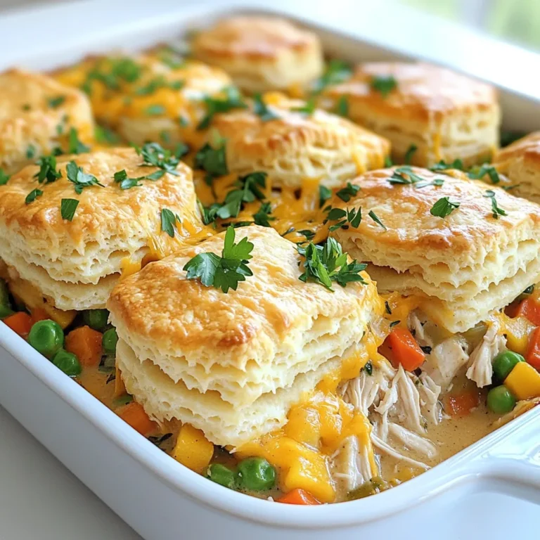 - 2 cups cooked chicken, shredded - 1 cup frozen mixed vegetables (peas, carrots, corn) - 1/2 cup diced potatoes, pre-cooked - 1 cup chicken broth - 1 cup heavy cream - 1 teaspoon garlic powder - 1 teaspoon onion powder - Salt and pepper to taste - 1 cup shredded sharp cheddar cheese - 1 package (8 biscuits) of refrigerated cheddar bay biscuit mix - 1/4 cup fresh parsley, chopped for garnish Gather these ingredients to create a warm and cozy meal. The cooked chicken gives protein and flavor. I love using frozen mixed vegetables because they add color and nutrients. You can also use pre-cooked diced potatoes for a hearty bite. Next, prepare the creamy base. Chicken broth and heavy cream mix to create a rich sauce. Garlic and onion powder add depth. Adjust salt and pepper to your taste. For the topping, shredded cheddar cheese creates a golden layer. The cheddar bay biscuit mix brings a fun twist. Don’t forget the fresh parsley! It adds a bright finish to this dish. With these ingredients, you can create a Cheddar Bay Chicken Pot Pie Casserole that warms your heart. - Preheat the oven to 375°F (190°C). - Grease a 9x13 inch casserole dish. First, set your oven to 375°F (190°C). This helps the casserole cook evenly. Next, grab your 9x13 inch casserole dish and grease it. Use butter or oil for easy serving later. - Combine chicken, vegetables, and potatoes. - Whisk together broth, cream, and seasonings. In a big bowl, mix together 2 cups of shredded chicken, 1 cup of frozen mixed vegetables, and 1/2 cup of cooked diced potatoes. This mix gives you great taste and texture. In another bowl, whisk 1 cup of chicken broth, 1 cup of heavy cream, 1 teaspoon of garlic powder, 1 teaspoon of onion powder, and salt and pepper to taste. This creamy mix adds flavor. Pour it over the chicken and veggies, and stir well. - Pour filling into the prepared dish. - Add cheese and biscuit topping. - Bake until golden brown. Now, pour the filling into your greased dish. Spread it out evenly. Next, sprinkle 1 cup of shredded sharp cheddar cheese on top. Prepare the biscuit mix as per the package. Dollop the biscuit batter over the cheese. Aim for a rustic look with uneven spots. Bake for 25 to 30 minutes or until the biscuit topping turns golden brown. Let it cool for 5 minutes before you serve. Enjoy the deliciousness of Cheddar Bay Chicken Pot Pie Casserole! To get a crispy texture on your biscuit topping, follow these steps: - Use cold ingredients. Cold butter and milk help create flaky layers. - Do not overmix. Mix just until combined for the best rise. - Bake on high heat. A hot oven helps the biscuits bake quickly and brown well. If you want a lighter experience, try these alternatives: - Use yogurt instead of heavy cream. This cuts fat without losing flavor. - Add more baking powder. This can give your biscuits extra lift. To boost the flavor of your casserole, consider these options: - Add a pinch of smoked paprika. This gives a warm, smoky taste. - Incorporate a dash of cayenne pepper. This adds a kick without overpowering. Fresh herbs bring a bright taste. Try these: - Use chopped thyme. This herb complements chicken well. - Add fresh chives. They give a mild onion flavor that's delightful. To prep ingredients ahead of time, I recommend: - Shred chicken in advance. Store it in an airtight container in the fridge. - Chop vegetables ahead. Keep them in a sealed bag to stay fresh. For reheating, follow these suggestions: - Use the oven for best results. Bake at 350°F (175°C) until warmed. - Cover with foil. This prevents the biscuit topping from burning. {{image_2}} You can switch up the protein in this dish. Using turkey instead of chicken works great. Rotisserie chicken saves time too. Just shred it and mix it in. If you want a vegetarian option, try chickpeas or mushrooms. They add nice texture and flavor. Think about the season when choosing veggies. In spring, use fresh peas and asparagus. In summer, add zucchini or bell peppers. Fall is great for squash or sweet potatoes. Winter calls for hearty root veggies like carrots and parsnips. Seasonal produce makes your casserole taste fresh and bright. If you need a gluten-free dish, look for gluten-free biscuit mixes. Many brands offer great options. You can also make your own mix using almond or coconut flour. Just adjust your liquid amounts. This way, everyone can enjoy a tasty Cheddar Bay Chicken Pot Pie Casserole. To keep your Cheddar Bay Chicken Pot Pie Casserole fresh, first let it cool. Then, store it in an airtight container. Place it in the fridge for up to four days. If you want to save it longer, freeze it. Use a freezer-safe container and label it with the date. This way, you can enjoy it later. When you're ready to eat, reheat the casserole. The best method is to use the oven. Preheat it to 350°F (175°C). Place the casserole in a baking dish, cover it with foil, and heat for about 20 minutes. To keep the biscuit topping crispy, remove the foil for the last five minutes. This way, the top gets golden and crunchy. In the fridge, the casserole lasts about four days. If you freeze it, it can last up to three months. Just remember to label it with the date. Always check for any signs of spoilage before eating. This will help you enjoy every bite safely. Yes, you can make this casserole ahead. Here are some tips for pre-assembly: - Prep the filling: Mix the chicken, veggies, and potatoes. Place them in your dish. - Store the sauce: Mix the broth, cream, and spices in a separate bowl. Keep it in the fridge. - Add cheese: Sprinkle cheese on top just before baking. - Biscuit topping: Prepare it fresh for the best texture. When ready to bake, add the sauce and biscuit mix. Then, cook as directed. Absolutely! You can explore different cheese options to change the flavor. Here are some ideas: - Monterey Jack: This cheese will melt well and add a mild taste. - Gouda: Offers a smoky flavor that can enhance your dish. - Cream Cheese: Adds creaminess and tang to the filling. Feel free to mix and match cheeses for a unique twist! You can pair this casserole with several tasty sides. Here are some great options: - Green Salad: A fresh salad with light dressing adds crunch. - Garlic Bread: Perfect for soaking up the creamy sauce. - Roasted Veggies: Carrots and broccoli complement the flavors nicely. These sides enhance the meal and make it feel complete! This blog post shared a simple Cheddar Bay Chicken Pot Pie Casserole recipe. We covered the key ingredients, like chicken, vegetables, and a creamy base. You learned to prepare, mix, and bake the dish for delicious results. Tips for crispy biscuit tops and meal prep were also included. Consider trying different proteins or vegetables to make it your own. Enjoying this dish will surely bring warmth and comfort to your table. Happy cooking!