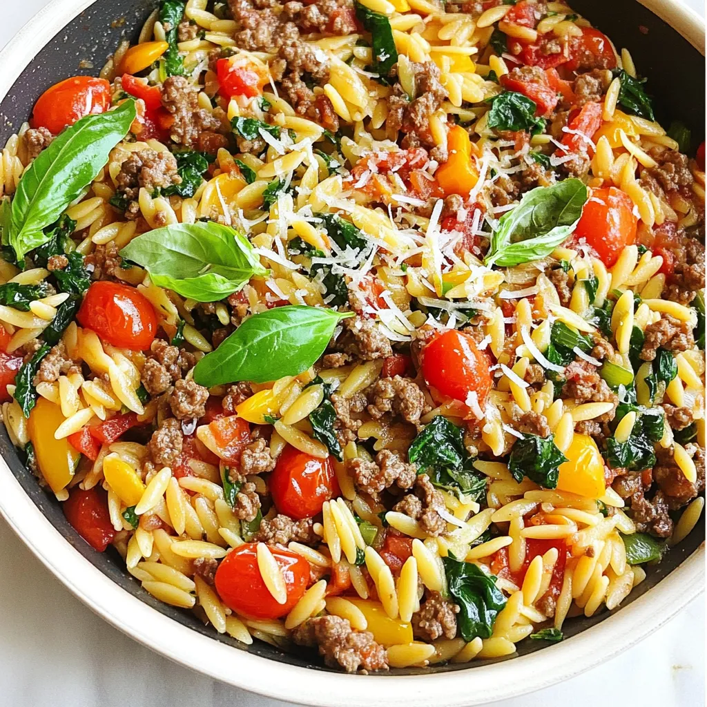 - 1 lb ground beef - 1 cup orzo pasta - 1 medium onion, diced - 2 cloves garlic, minced - 1 can (14.5 oz) diced tomatoes (with juices) - 2 cups beef broth - 1 cup spinach, chopped - 1 teaspoon dried oregano - 1 teaspoon paprika - Salt and pepper to taste - 2 tablespoons olive oil - ¼ cup grated Parmesan cheese (for serving) - Fresh basil leaves for garnish The main star of this dish is the ground beef. It gives great flavor and texture. Orzo pasta adds a nice bite and helps make the dish filling. The onion and garlic bring sweetness and depth. Diced tomatoes add acidity and color, while beef broth makes everything rich and savory. Spinach adds a fresh touch and a pop of green. Oregano and paprika give warmth and complexity. Salt and pepper are crucial to enhance all these flavors. Olive oil helps in cooking and adds richness. Finally, Parmesan cheese and fresh basil make for a lovely finish. - If you want a leaner option, try ground turkey or chicken instead of beef. - For a gluten-free dish, use rice or gluten-free orzo. - To make this dish vegetarian, swap the beef for lentils or mushrooms. These swaps help you adjust the recipe to fit your taste or dietary needs. Each alternative brings its own flavor and texture. Ground turkey is lighter, while lentils add a hearty feel. - Use fresh ingredients for the best taste. Check your veggies for firmness. - Cooked orzo can last up to 3 to 4 days in the fridge. Store it in an airtight container. Always cool the dish before storing it. This helps keep it fresh longer. If you add spinach, it may wilt more quickly in leftovers, so enjoy it soon! {{ingredient_image_1}} - First, gather your ingredients. You need 1 pound of ground beef, 1 cup of orzo, 1 medium onion, 2 cloves of garlic, 1 can of diced tomatoes, and 2 cups of beef broth. - Next, wash and chop the spinach. Measure out your spices: 1 teaspoon each of oregano and paprika. Set aside salt and pepper for later. - Dice the onion and mince the garlic. This helps the flavors blend nicely in the dish. - In a large skillet, heat 2 tablespoons of olive oil over medium heat. Add the diced onion and sauté until it looks clear, about 3 to 4 minutes. - Stir in the minced garlic and cook for another minute. This step adds a great aroma to your dish. - Now, add the ground beef. Break it apart with a spatula and cook until it turns brown, about 5 to 7 minutes. Season it with salt, pepper, oregano, and paprika for extra flavor. - Once the beef is brown, stir in the can of diced tomatoes, including the juices, and add the beef broth. Bring this mixture to a gentle boil. - When it reaches a boil, add the orzo pasta. Reduce the heat to medium-low. Let it simmer uncovered for about 10 to 12 minutes. Stir occasionally to keep it from sticking. - After the orzo is cooked, stir in the chopped spinach. Let it wilt for 2 to 3 minutes. Taste and adjust the seasoning if needed. - Serve your cozy ground beef orzo warm. Top it with grated Parmesan cheese and fresh basil leaves for a lovely finish. Using fresh herbs can really lift your dish. I love adding chopped basil at the end. It gives a bright flavor. You can also try fresh parsley or oregano. Experimenting with spices is fun too. Adding a pinch of red pepper flakes can give a nice kick. Try smoked paprika for a deeper taste. Browning meat properly is key for flavor. Make sure your skillet is hot. This helps lock in the juices. Cook the beef until it is nice and brown. For orzo, achieving the perfect texture is important. Stir it often to prevent sticking. You want it tender, but not mushy. Pairing your dish with sides can enhance the meal. A simple green salad or garlic bread works well. You can also serve it with crusty rolls. For a creative presentation, serve in individual bowls. Top each bowl with fresh basil and cheese. This makes it look fancy and inviting. Pro Tips Brown the Beef Well: Ensure the ground beef is browned properly to develop rich flavors. Don't rush this step! Cook Orzo Al Dente: Stirring occasionally will help prevent the orzo from sticking together and ensure it’s cooked just right. Add Fresh Spinach Last: Adding spinach towards the end keeps it vibrant and packed with nutrients—perfect for a healthy dish! Garnish Generously: Fresh basil and Parmesan on top elevate the dish—don’t skip this step for extra flavor! {{image_2}} You can easily change the ground beef in this dish. Try ground turkey or chicken for a lighter option. If you want a vegetarian meal, swap the beef for lentils or mushrooms. These options keep the dish hearty and flavorful. Adding other vegetables can also boost nutrition and taste. Consider diced bell peppers, zucchini, or carrots. These veggies add color and crunch. Just remember to sauté them briefly with the onions. If you crave heat, add some chili flakes or diced jalapeños. This twist brings a spicy kick to your cozy meal. You can adjust the amount to suit your taste. For a comforting creamy orzo, stir in some cream cheese or sour cream before serving. This adds richness and a velvety texture. It makes each bite more indulgent and satisfying. For a Mediterranean-inspired dish, add olives and feta cheese. These ingredients bring a salty, tangy flavor that pairs well with the beef and orzo. You can also sprinkle some za'atar spice for an extra layer of taste. If you're in the mood for an Italian-style Cozy Ground Beef Orzo, add basil and oregano. Use marinara sauce instead of diced tomatoes. This change creates a rich, tomato-based sauce that feels like a warm hug. Don't forget to finish with fresh Parmesan for that authentic touch! Let your Cozy Ground Beef Orzo cool down before storing. I suggest putting it in a shallow container for faster cooling. This method helps keep the food safe. You should store the dish in the fridge for up to three days. Make sure to seal it tightly to keep out air and moisture. You can freeze Cozy Ground Beef Orzo in portions. Use airtight containers or freezer bags for best results. This way, you can enjoy a warm meal later. Make sure to label the bags with the date. When you’re ready to eat, take it out and thaw it in the fridge overnight. This method keeps the flavors intact. Reheating can be done on the stovetop or in the microwave. For stovetop reheating, place the orzo in a pan over low heat. Add a splash of beef broth to keep it moist. Stir it frequently until warm. If you use the microwave, heat in short bursts, stirring in between. This method helps keep the texture and flavor just right. How long does it take to make Cozy Ground Beef Orzo? It takes about 30 minutes from start to finish. You can get a delicious meal fast. Can I make this dish ahead of time? Yes, you can prepare it a day in advance. Just store it in the fridge. Reheat before serving. Is orzo the same as rice? No, orzo is pasta shaped like rice. It cooks differently and has a unique texture. Is this recipe gluten-free? No, this recipe is not gluten-free. Orzo contains wheat, which has gluten. Can I use a different type of pasta? Yes, you can use any small pasta. Try ditalini or shells for a fun twist. What to do if my orzo is overcooked? If overcooked, it may become mushy. You can add a bit of broth to help. How to make this recipe more nutritious? Add more veggies like bell peppers or zucchini. You can also use leaner beef for a healthier dish. This blog post covered your guide to making Cozy Ground Beef Orzo. We explored essential ingredients, smart substitutions, and tips for freshness. I detailed step-by-step cooking instructions, plus ways to enhance flavor and adapt the recipe. You can even experiment with flavors and serving styles. Finally, I shared storage tips to keep your dish tasty later. Cooking can be fun and flexible. Enjoy creating your own cozy dish!