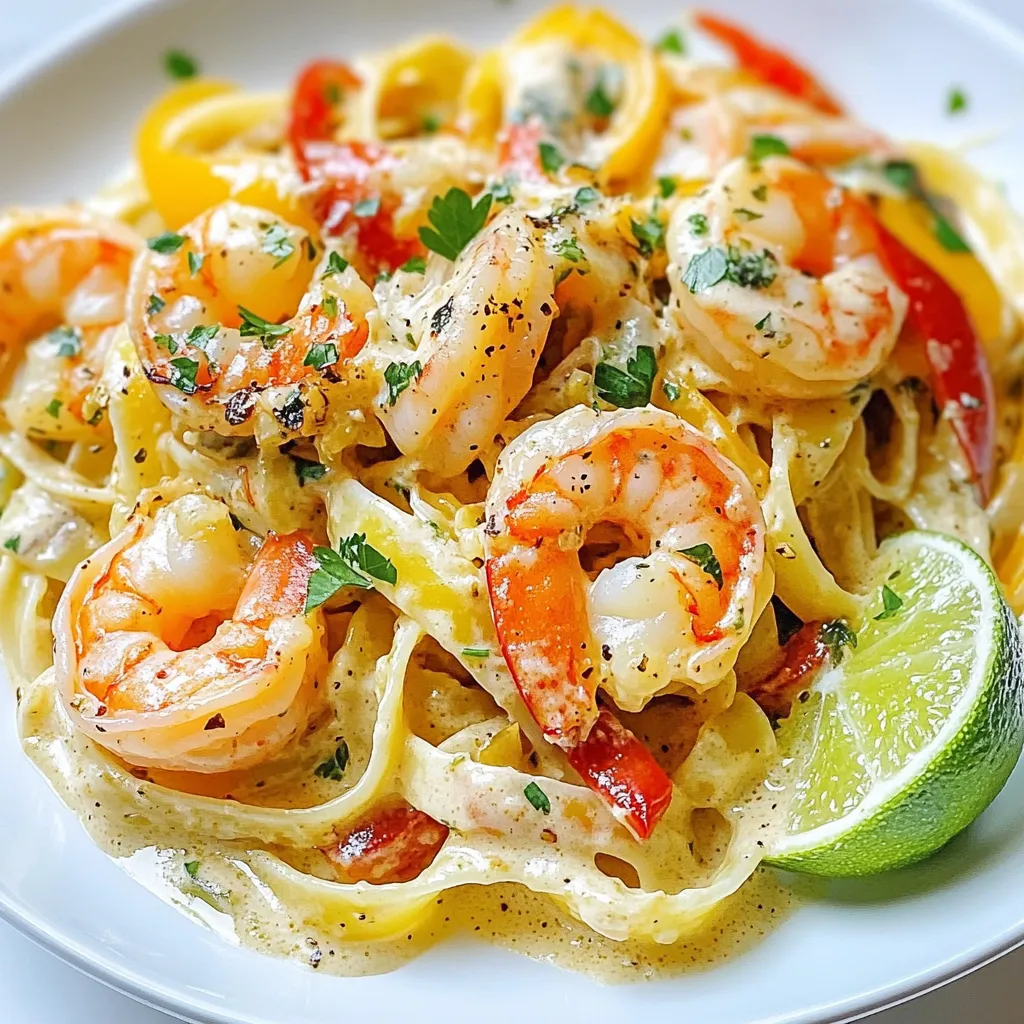 - 8 oz fettuccine pasta - 1 lb large shrimp, peeled and deveined - 1 medium onion, diced - 2 cloves garlic, minced - 1 small red bell pepper, diced - 1 small green bell pepper, diced - 1 cup coconut milk - 1 tablespoon Jamaican jerk seasoning - 1 teaspoon lime juice - Salt and pepper to taste - ¼ cup grated Parmesan cheese - Fresh cilantro for garnish Gathering fresh ingredients is key to this dish. The fettuccine pasta gives it a nice base. I love using large shrimp because they cook quickly and have great flavor. The fresh vegetables add color and crunch. Jamaican jerk seasoning brings a unique spice that makes this meal pop. Coconut milk adds creaminess and a hint of sweetness. The lime juice balances the flavors perfectly. You can sprinkle Parmesan cheese on top for extra creaminess. Fresh cilantro not only looks pretty but adds a burst of freshness. With these ingredients, you create a delicious and easy meal that brings the taste of Jamaica to your table. {{ingredient_image_1}} First, fill a large pot with water. Add a good amount of salt. Bring the water to a rolling boil. Once boiling, add 8 oz of fettuccine pasta. Cook it until al dente, about 8-10 minutes. Stir occasionally to prevent it from sticking. After cooking, drain the pasta in a colander. Don’t forget to save ½ cup of the pasta water for later. Next, take a large skillet and place it on medium heat. Pour in 2 tablespoons of olive oil. Let it warm up for a minute. Add the diced onion to the skillet. Cook for about 3-4 minutes until it turns translucent. Then, add 2 cloves of minced garlic. Cook for another minute until it smells great. Now, it’s time for the shrimp. Add 1 lb of large, peeled, and deveined shrimp to the skillet. Sprinkle with salt, pepper, and 1 tablespoon of Jamaican jerk seasoning. Cook the shrimp for about 4-5 minutes. They should turn pink and opaque. Once done, remove the shrimp from the skillet and set them aside. In the same skillet, add 1 small diced red bell pepper and 1 small diced green bell pepper. Cook for 2-3 minutes until they soften. Then, pour in 1 cup of coconut milk. Stir well, making sure to scrape any bits stuck to the pan. This adds more flavor! Return the shrimp to the skillet with the coconut sauce. Now, add the drained fettuccine pasta. Toss everything gently until well mixed. If the sauce feels too thick, add a bit of the reserved pasta water. Drizzle in 1 teaspoon of lime juice and mix well to combine. To finish, if you like, sprinkle in ¼ cup of grated Parmesan cheese. Stir until it melts and blends in. Taste and adjust the seasoning with more salt or pepper if needed. Now, your dish is ready to serve! Enjoy your colorful and creamy pasta! - Choosing the right shrimp: Use large shrimp for this dish. They add a nice bite and cook quickly. Look for shrimp that are firm and smell fresh. Frozen shrimp work too; just thaw them fully before cooking. - Ensuring the pasta is perfectly al dente: Cook the fettuccine according to package directions. Al dente means the pasta is firm yet tender. It should have a slight bite. Remember to taste it a minute or two before the time is up. - Tips for adjusting jerk seasoning: Jerk seasoning packs a punch. Start with a small amount and taste as you go. You can always add more, but you can’t take it out. If you want it spicier, mix in some extra seasoning. - Infusing garlic and onion for depth of flavor: Sauté the onion until it’s soft and sweet. Then add garlic for a fragrant touch. This combo builds a strong base for your sauce. It makes the dish more savory and inviting. - Plating techniques for an inviting dish: When serving, twirl the pasta into a nest on the plate. Place the shrimp and sauce on top. This makes the meal look fancy and well-prepared. Arrange it carefully for a professional touch. - Garnishing with cilantro for visual appeal: Add a sprinkle of fresh cilantro on top before serving. It adds a pop of color and freshness. Plus, it enhances the dish’s Caribbean vibe with its bright flavor. Pro Tips Fresh Shrimp is Best: Always opt for fresh shrimp if available, as they provide a superior flavor and texture compared to frozen shrimp. Customize Heat Level: Adjust the amount of Jamaican jerk seasoning to your taste. For a milder dish, start with less and add more as needed. Add Veggies: Feel free to add other vegetables such as spinach or cherry tomatoes for extra color and nutrition. Use Pasta Water Wisely: The reserved pasta water is great for adjusting the sauce consistency. Add it gradually to avoid making the sauce too watery. {{image_2}} You can make Jamaican creamy shrimp pasta a bit healthier. One way is to use whole wheat pasta instead of regular pasta. Whole wheat pasta offers more fiber and nutrients. It will keep you full longer and add a nutty flavor. Another great swap is using low-fat coconut milk. This change reduces fat while still giving a creamy texture. You won’t lose the tropical taste that coconut milk brings to the dish. Add a twist to your dish by including more vegetables. Spinach or kale is a perfect choice. They add extra nutrition and give a pop of color. You can also try adding zucchini or cherry tomatoes. These veggies will add flavor and make your meal more vibrant. If you like heat, consider adding diced Scotch bonnet pepper. This pepper packs a punch and adds a true Jamaican flair. You can also increase the jerk seasoning to make it spicier. Just remember to adjust the spice level to your taste. This will make your creamy shrimp pasta exciting and full of flavor! To store leftovers in the refrigerator, place the pasta in an airtight container. Make sure it cools to room temperature first. This helps keep the shrimp tender and the sauce creamy. You can store it for up to three days. When you reheat, use a skillet over low heat. Add a splash of coconut milk or reserved pasta water. This keeps the texture smooth and creamy. Stir gently to warm it without drying it out. You can freeze this dish for longer storage. First, let it cool completely. Then, transfer it to a freezer-safe container. Remove as much air as possible to prevent freezer burn. It can last up to three months. To thaw, move the container to the fridge overnight. For best results, reheat in a skillet. Add a little coconut milk to help the sauce come back to life. Heat it gently and stir often. This way, you enjoy a tasty meal even after freezing! For pasta dishes, I recommend large shrimp. They provide a nice bite and cook quickly. You can use fresh or frozen shrimp. Fresh shrimp tastes better, but frozen is often more convenient. When choosing shrimp, look for ones that are firm and have a slight ocean smell. Avoid shrimp with a strong fishy odor. Size matters, too. Large shrimp, about 21 to 25 per pound, work best. They hold up well in the creamy sauce and complement the pasta nicely. Yes, you can make Jamaican creamy shrimp pasta ahead of time! To prep, cook everything except the pasta. Store the shrimp and sauce in an airtight container in the fridge for up to two days. When you are ready to serve, cook the fettuccine fresh. Heat the shrimp and sauce in a skillet while the pasta cooks. This keeps the pasta from getting soggy. If you want to save time, you can also cook the pasta ahead, but it may need a little extra water to loosen when reheating. This dish pairs well with several sides. A simple green salad with a light vinaigrette adds freshness. Garlic bread is another great choice, as it complements the creamy sauce. For drinks, try a chilled glass of white wine or a tropical fruit juice. Lemonade works well too! You can even serve it with a side of steamed vegetables for extra color and nutrition. These pairings enhance your meal and create a delightful dining experience. Jamaican creamy shrimp pasta combines rich flavors and vibrant ingredients. We explored key elements like fettuccine, large shrimp, and fresh veggies. The jerk seasoning and coconut milk add unique twists. Remember to cook your pasta perfectly and sauté the shrimp just right. Don't be afraid to get creative with optional ingredients and variations. Lastly, with the right storage methods, you can enjoy this dish later. Dive into this pasta and make it your own!