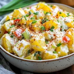 To make a delightful smashed potato salad, gather these simple ingredients: - 2 pounds small potatoes (Yukon Gold or Red) - 1/2 cup Greek yogurt - 1/4 cup mayonnaise - 2 tablespoons Dijon mustard - 1 tablespoon apple cider vinegar - 1 teaspoon garlic powder - 1/2 teaspoon onion powder - Salt and pepper to taste - 1/2 cup celery, finely chopped - 1/2 cup red bell pepper, diced - 1/4 cup fresh chives, chopped - 2 hard-boiled eggs, chopped (optional) These ingredients blend to create a creamy, fresh, and tasty dish. The small potatoes give a nice texture when smashed. Greek yogurt adds a tangy flavor, while mayonnaise makes it rich. Dijon mustard and apple cider vinegar bring a zesty kick. The spices, celery, and bell pepper add great crunch and color. Chives offer a fresh herb touch, and the boiled eggs provide extra protein. This combination makes a salad you will love! {{ingredient_image_1}} How to boil the potatoes To start, take 2 pounds of small potatoes. I prefer Yukon Gold or Red for their flavor. Place the potatoes in a large pot and cover them with water. Add a pinch of salt to the pot. Bring the water to a boil over medium-high heat. Once boiling, lower the heat to medium. Let the potatoes simmer for about 20 minutes or until they are fork-tender. Check them with a fork to ensure they are soft enough. Once done, drain the potatoes and let them cool slightly. Techniques for smashing the potatoes Now, it's time to smash the potatoes! Use a baking sheet lined with parchment paper for easy cleanup. Take each potato and gently smash it with the bottom of a cup or a potato masher. Aim for a slight flattening, but don’t break them apart completely. This step helps create the perfect texture for your salad. Ingredients needed for the dressing For the dressing, you will need: - 1/2 cup Greek yogurt - 1/4 cup mayonnaise - 2 tablespoons Dijon mustard - 1 tablespoon apple cider vinegar - 1 teaspoon garlic powder - 1/2 teaspoon onion powder - Salt and pepper to taste Mixing instructions for the dressing In a large mixing bowl, combine all the dressing ingredients. Start by whisking together the Greek yogurt, mayonnaise, Dijon mustard, and apple cider vinegar. Then, add the garlic powder and onion powder. Season with salt and pepper. Mix until you achieve a smooth and creamy dressing. How to mix the potatoes with the dressing Once your potatoes have cooled and your dressing is ready, it’s time to combine them. Add the smashed potatoes into the bowl with the dressing. Also, add in chopped celery, diced red bell pepper, and chopped fresh chives. If you want, you can include 2 chopped hard-boiled eggs for extra richness. Suggestions for tasting and adjusting seasonings Gently fold the ingredients together. Make sure the potatoes get well coated with the dressing. After mixing, taste the salad. You might want to adjust the seasoning with more salt, pepper, or vinegar based on your preference. This step is key to ensuring the flavors shine through. For your potatoes, boil them for about 20 minutes. This time helps them get soft but not mushy. You want your potatoes fork-tender. After boiling, drain them and let them cool slightly. To smash the potatoes, use the bottom of a glass or a potato masher. Press gently so you flatten them but do not break them apart. You want some texture, not a puree. Adding spices can make your salad pop. Try using smoked paprika for a nice smoky flavor. A pinch of cayenne adds heat, while fresh herbs like dill or parsley brighten the dish. For garnish, sprinkle extra chives on top. You can also add a dash of paprika for color. Whole hard-boiled eggs on top look great too! One big mistake is overcooking the potatoes. This can make them mushy and hard to handle. Keep an eye on them while they boil. Another error is not chilling the salad before serving. Letting it chill for at least 30 minutes helps the flavors come together. Serve it cold for the best taste! Pro Tips Use Uniform Potatoes: Choose potatoes that are similar in size to ensure even cooking and consistency in texture. Don’t Over-Mash: Smash the potatoes gently to maintain some texture; this adds to the rustic charm of the salad. Chill for Flavor: Refrigerate the salad for at least 30 minutes before serving to allow the flavors to meld beautifully. Customize Add-Ins: Feel free to add ingredients like diced pickles or bacon bits for extra flavor and texture variations! {{image_2}} You can easily swap out ingredients in your smashed potato salad. If you want to replace Greek yogurt, use sour cream or cottage cheese. For mayonnaise, try avocado or a dairy-free mayo. Both options keep the salad creamy. You can also add different veggies. Consider using diced cucumbers for crunch or shredded carrots for sweetness. Even radishes can add a nice bite. Mix and match to find your favorite blend. If you follow a vegan diet, this salad can still shine. Replace Greek yogurt and mayonnaise with silken tofu blended smooth. This swap gives you a creamy base without animal products. For a gluten-free version, check your Dijon mustard and mayonnaise. Most brands are gluten-free, but it’s smart to read labels. Enjoy all the flavor without any worries. Get creative with herbs and spices for extra flavor. Fresh dill or parsley can give your salad a bright touch. For a spicy kick, add some cayenne or smoked paprika. You can also try regional twists. Add a splash of lime for a Mexican vibe or some curry powder for an Indian flair. The options are endless; let your taste buds guide you. To keep your smashed potato salad fresh, store it in an airtight container. This helps prevent moisture loss and keeps flavors intact. Place it in the fridge right after serving. Your salad will stay fresh for up to three days. Can you freeze smashed potato salad? Yes, but it may change in texture. The creamy dressing can separate when thawed. If you decide to freeze it, use a freezer-safe container. Make sure to leave some space for expansion. Thaw in the fridge overnight before serving. If you need to reheat your salad, do it gently. Use a microwave-safe dish and heat in short bursts. Stir well between heats to avoid hot spots. For serving, I like to add fresh chives on top. They add a nice color and flavor boost. Smashed potato salad differs from traditional potato salad mainly in texture. In traditional recipes, potatoes are diced or cubed and mixed with dressing. In smashed potato salad, you smash the potatoes before mixing. This gives it a chunkier, more rustic look. The smashed potatoes hold onto the dressing better, adding richness. You get a delightful mix of creamy and hearty bites in each forkful. Yes, you can use other types of potatoes. While Yukon Gold and Red potatoes work great, feel free to try others. For a firmer bite, consider using new potatoes or fingerling potatoes. Each type of potato brings a unique flavor and texture. Experimenting can lead to new favorites! You can make smashed potato salad ahead of time easily. Prepare the salad a day in advance. Follow the recipe up to mixing in the dressing. Cover it and store it in the fridge. This allows the flavors to blend well. Just remember to give it a quick stir before serving to refresh the salad. In this blog post, we explored how to make a tasty smashed potato salad. We covered the right ingredients and step-by-step instructions to achieve the best texture and flavor. Remember to avoid common mistakes, like overcooking the potatoes. You can also try different swaps and variations based on your diet or taste. Whether you're making it for a picnic or for dinner, this salad is a great choice. Enjoy your cooking and the delicious results!