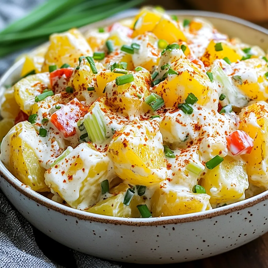 To make a delightful smashed potato salad, gather these simple ingredients: - 2 pounds small potatoes (Yukon Gold or Red) - 1/2 cup Greek yogurt - 1/4 cup mayonnaise - 2 tablespoons Dijon mustard - 1 tablespoon apple cider vinegar - 1 teaspoon garlic powder - 1/2 teaspoon onion powder - Salt and pepper to taste - 1/2 cup celery, finely chopped - 1/2 cup red bell pepper, diced - 1/4 cup fresh chives, chopped - 2 hard-boiled eggs, chopped (optional) These ingredients blend to create a creamy, fresh, and tasty dish. The small potatoes give a nice texture when smashed. Greek yogurt adds a tangy flavor, while mayonnaise makes it rich. Dijon mustard and apple cider vinegar bring a zesty kick. The spices, celery, and bell pepper add great crunch and color. Chives offer a fresh herb touch, and the boiled eggs provide extra protein. This combination makes a salad you will love! {{ingredient_image_1}} How to boil the potatoes To start, take 2 pounds of small potatoes. I prefer Yukon Gold or Red for their flavor. Place the potatoes in a large pot and cover them with water. Add a pinch of salt to the pot. Bring the water to a boil over medium-high heat. Once boiling, lower the heat to medium. Let the potatoes simmer for about 20 minutes or until they are fork-tender. Check them with a fork to ensure they are soft enough. Once done, drain the potatoes and let them cool slightly. Techniques for smashing the potatoes Now, it's time to smash the potatoes! Use a baking sheet lined with parchment paper for easy cleanup. Take each potato and gently smash it with the bottom of a cup or a potato masher. Aim for a slight flattening, but don’t break them apart completely. This step helps create the perfect texture for your salad. Ingredients needed for the dressing For the dressing, you will need: - 1/2 cup Greek yogurt - 1/4 cup mayonnaise - 2 tablespoons Dijon mustard - 1 tablespoon apple cider vinegar - 1 teaspoon garlic powder - 1/2 teaspoon onion powder - Salt and pepper to taste Mixing instructions for the dressing In a large mixing bowl, combine all the dressing ingredients. Start by whisking together the Greek yogurt, mayonnaise, Dijon mustard, and apple cider vinegar. Then, add the garlic powder and onion powder. Season with salt and pepper. Mix until you achieve a smooth and creamy dressing. How to mix the potatoes with the dressing Once your potatoes have cooled and your dressing is ready, it’s time to combine them. Add the smashed potatoes into the bowl with the dressing. Also, add in chopped celery, diced red bell pepper, and chopped fresh chives. If you want, you can include 2 chopped hard-boiled eggs for extra richness. Suggestions for tasting and adjusting seasonings Gently fold the ingredients together. Make sure the potatoes get well coated with the dressing. After mixing, taste the salad. You might want to adjust the seasoning with more salt, pepper, or vinegar based on your preference. This step is key to ensuring the flavors shine through. For your potatoes, boil them for about 20 minutes. This time helps them get soft but not mushy. You want your potatoes fork-tender. After boiling, drain them and let them cool slightly. To smash the potatoes, use the bottom of a glass or a potato masher. Press gently so you flatten them but do not break them apart. You want some texture, not a puree. Adding spices can make your salad pop. Try using smoked paprika for a nice smoky flavor. A pinch of cayenne adds heat, while fresh herbs like dill or parsley brighten the dish. For garnish, sprinkle extra chives on top. You can also add a dash of paprika for color. Whole hard-boiled eggs on top look great too! One big mistake is overcooking the potatoes. This can make them mushy and hard to handle. Keep an eye on them while they boil. Another error is not chilling the salad before serving. Letting it chill for at least 30 minutes helps the flavors come together. Serve it cold for the best taste! Pro Tips Use Uniform Potatoes: Choose potatoes that are similar in size to ensure even cooking and consistency in texture. Don’t Over-Mash: Smash the potatoes gently to maintain some texture; this adds to the rustic charm of the salad. Chill for Flavor: Refrigerate the salad for at least 30 minutes before serving to allow the flavors to meld beautifully. Customize Add-Ins: Feel free to add ingredients like diced pickles or bacon bits for extra flavor and texture variations! {{image_2}} You can easily swap out ingredients in your smashed potato salad. If you want to replace Greek yogurt, use sour cream or cottage cheese. For mayonnaise, try avocado or a dairy-free mayo. Both options keep the salad creamy. You can also add different veggies. Consider using diced cucumbers for crunch or shredded carrots for sweetness. Even radishes can add a nice bite. Mix and match to find your favorite blend. If you follow a vegan diet, this salad can still shine. Replace Greek yogurt and mayonnaise with silken tofu blended smooth. This swap gives you a creamy base without animal products. For a gluten-free version, check your Dijon mustard and mayonnaise. Most brands are gluten-free, but it’s smart to read labels. Enjoy all the flavor without any worries. Get creative with herbs and spices for extra flavor. Fresh dill or parsley can give your salad a bright touch. For a spicy kick, add some cayenne or smoked paprika. You can also try regional twists. Add a splash of lime for a Mexican vibe or some curry powder for an Indian flair. The options are endless; let your taste buds guide you. To keep your smashed potato salad fresh, store it in an airtight container. This helps prevent moisture loss and keeps flavors intact. Place it in the fridge right after serving. Your salad will stay fresh for up to three days. Can you freeze smashed potato salad? Yes, but it may change in texture. The creamy dressing can separate when thawed. If you decide to freeze it, use a freezer-safe container. Make sure to leave some space for expansion. Thaw in the fridge overnight before serving. If you need to reheat your salad, do it gently. Use a microwave-safe dish and heat in short bursts. Stir well between heats to avoid hot spots. For serving, I like to add fresh chives on top. They add a nice color and flavor boost. Smashed potato salad differs from traditional potato salad mainly in texture. In traditional recipes, potatoes are diced or cubed and mixed with dressing. In smashed potato salad, you smash the potatoes before mixing. This gives it a chunkier, more rustic look. The smashed potatoes hold onto the dressing better, adding richness. You get a delightful mix of creamy and hearty bites in each forkful. Yes, you can use other types of potatoes. While Yukon Gold and Red potatoes work great, feel free to try others. For a firmer bite, consider using new potatoes or fingerling potatoes. Each type of potato brings a unique flavor and texture. Experimenting can lead to new favorites! You can make smashed potato salad ahead of time easily. Prepare the salad a day in advance. Follow the recipe up to mixing in the dressing. Cover it and store it in the fridge. This allows the flavors to blend well. Just remember to give it a quick stir before serving to refresh the salad. In this blog post, we explored how to make a tasty smashed potato salad. We covered the right ingredients and step-by-step instructions to achieve the best texture and flavor. Remember to avoid common mistakes, like overcooking the potatoes. You can also try different swaps and variations based on your diet or taste. Whether you're making it for a picnic or for dinner, this salad is a great choice. Enjoy your cooking and the delicious results!