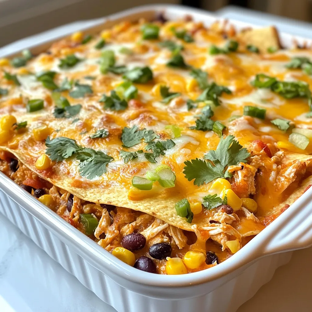 - 2 cups cooked chicken, shredded - 1 can (15 oz) black beans, rinsed and drained - 1 cup corn kernels (fresh, frozen, or canned) - 1 cup cooked rice (white or brown) - 1 cup salsa - 1 cup shredded cheese (cheddar or Mexican blend) - 1 teaspoon ground cumin - 1 teaspoon chili powder - ½ teaspoon garlic powder - ½ teaspoon onion powder - Salt and pepper to taste - 6 large flour tortillas - Fresh cilantro for garnish (optional) - Sour cream for serving (optional) - Mixing bowl - Casserole dish - Cooking spray or olive oil When I make Chicken Burrito Casserole, I always gather these ingredients first. The chicken gives it a hearty base. Black beans add protein and fiber. Corn gives a sweet crunch. The cooked rice makes it filling. Salsa adds flavor and moisture. Shredded cheese brings it all together. If you want to jazz it up, fresh cilantro and sour cream work great as toppings. Just a sprinkle of cilantro adds freshness. A dollop of sour cream adds creaminess. It’s a simple touch that brightens each bite. For equipment, you need a mixing bowl to combine all the tasty ingredients. A casserole dish is key for baking. Finally, use cooking spray or olive oil to keep the casserole from sticking. These items make cooking easy and fun! {{ingredient_image_1}} - Start by shredding 2 cups of cooked chicken. - Rinse and drain 1 can of black beans. - Measure 1 cup of corn kernels. You can use fresh, frozen, or canned. - Cook 1 cup of rice if you haven't done it already. - Gather 1 cup of salsa and 1 cup of shredded cheese. - Add 1 teaspoon of ground cumin, 1 teaspoon of chili powder, and ½ teaspoon of garlic and onion powder. - Don’t forget some salt and pepper to taste. In a large mixing bowl, combine the shredded chicken, black beans, corn, rice, salsa, and spices. Mix everything well until it’s nice and even. Lightly grease a 9x13-inch casserole dish with cooking spray or olive oil. Lay 2 tortillas on the bottom of the dish. Overlap them slightly to cover the base. Spread half of your chicken mixture over the tortillas. Sprinkle a good amount of cheese on top. Add another layer of 2 tortillas over the cheese. Then, spread the remaining chicken mixture on top, followed by more cheese. Finally, cover with the last 2 tortillas. Top with any leftover cheese. Cover the dish using aluminum foil. Bake in your preheated oven at 350°F for 25 minutes. After that, remove the foil. Bake for another 10-15 minutes until the cheese is melted and bubbly. Once baked, let the casserole sit for a few minutes. This helps it set before you slice it into squares. Pre-cooking chicken options: You can use leftover chicken, rotisserie chicken, or even canned chicken. If you have more time, poach the chicken. Boil it in salted water for about 15-20 minutes. Shred it once it's cool. Quick tips for speeding up prep time: To save time, use pre-cooked rice or frozen corn. This cuts down on cooking time. Also, have all your ingredients ready before you start. It makes the process smoother. Recommended spice adjustments: Want more spice? Add jalapeños or extra chili powder. For a smoky taste, use smoked paprika. This adds depth and warmth to your dish. Cheese pairing suggestions: Cheddar is great, but try a Mexican blend for a fun twist. You can also mix in some pepper jack for a spicy kick. Cheese adds creaminess and flavor that everyone loves. How to serve and garnish beautifully: Serve the casserole in the dish for a rustic look. Garnish with fresh cilantro and a dollop of sour cream on top. This adds color and makes it more appealing. For extra flair, serve with a side of salsa and some tortilla chips. Pro Tips Use Leftover Chicken: This recipe is a great way to use up leftover rotisserie chicken or any cooked chicken you have on hand for added convenience. Customize Your Beans: Feel free to swap out black beans for pinto or kidney beans, depending on your preference or what you have available. Cheese Variations: Try different cheese blends like pepper jack for a spicy kick, or add crumbled feta for a unique twist. Make it Vegetarian: Substitute the chicken with additional beans or sautéed vegetables like bell peppers and zucchini for a delicious vegetarian version. {{image_2}} You can switch the chicken for other proteins. Ground turkey or beef works well. You can even use shredded pork for a tasty twist. If you want a vegetarian option, use more beans. Black beans are great, but pinto or kidney beans also shine. Adding extra veggies like bell peppers or zucchini can boost nutrition and flavor. Looking to spice things up? Add jalapeños to your chicken mixture. They give a nice kick! You can also try different spices. Southwest flavors include smoked paprika and chipotle. Traditional Mexican flavors use cumin and chili powder for warmth. Experiment with these options to find what you like best. Want to try a slow cooker version? Mix all ingredients and layer them in the slow cooker. Cook on low for six hours or high for three. It makes the chicken so tender! If you own an Instant Pot, you can make this dish faster. Combine ingredients in the pot, seal it, and cook on high pressure for 10 minutes. Both methods create a delicious meal with less effort. To store leftovers, let the casserole cool first. Cover it tightly with plastic wrap or aluminum foil. You can also use an airtight container. The casserole can stay in the fridge for up to 3 days. When you're ready to eat, check for any changes in smell or texture. To freeze the casserole, cool it completely. Cut it into squares for easy serving. Wrap each piece tightly in plastic wrap. Then, place them in a freezer bag. You can freeze it for up to 3 months. Make sure to label the bag with the date. This helps you keep track of freshness. When ready to reheat, take the casserole out of the fridge or freezer. For fridge leftovers, place it in the oven at 350°F (175°C) for about 20 minutes. If it's frozen, let it thaw overnight in the fridge. Then, reheat it at the same temperature for 30 to 35 minutes. Cover it with foil to keep it moist. Remove the foil for the last 10 minutes to crisp the cheese. Enjoy your tasty meal! Can I use raw chicken in this recipe? No, you should not use raw chicken. The recipe needs cooked chicken to ensure safety. Raw chicken must reach a safe temperature, which takes longer. Using cooked chicken makes the dish easier and faster. How do I make this casserole gluten-free? To make this casserole gluten-free, simply replace flour tortillas with corn tortillas. Corn tortillas work great and add a nice flavor. You can also check the salsa and spices to ensure they are gluten-free. What can I use instead of tortillas? Instead of tortillas, you can use rice or quinoa as a base. Layer the chicken mixture directly over cooked rice or quinoa. This makes a tasty, grain-based version of the casserole. Can I make it dairy-free? Yes, you can make it dairy-free. Use dairy-free cheese or skip the cheese altogether. You can also serve the casserole with avocado or guacamole for a creamy texture. What sides pair well with this dish? Some great sides include a fresh salad, guacamole, or tortilla chips. You can also serve it with a side of black bean soup for a complete meal. Can I prepare it in advance? You can prepare this casserole in advance. Assemble the layers and cover it. Store it in the fridge for up to 24 hours before baking. Just add a few extra minutes to the bake time if it's cold from the fridge. This blog post covered everything you need for a tasty Chicken Burrito Casserole. You learned the main ingredients, equipment, and steps to prepare and bake your dish. I shared tips to make cooking easier and ways to tweak flavors to suit your taste. I also explored variations and storage tips to keep your leftovers fresh. With these insights, you can create a delicious casserole that suits everyone's preferences. Enjoy your cooking adventure!