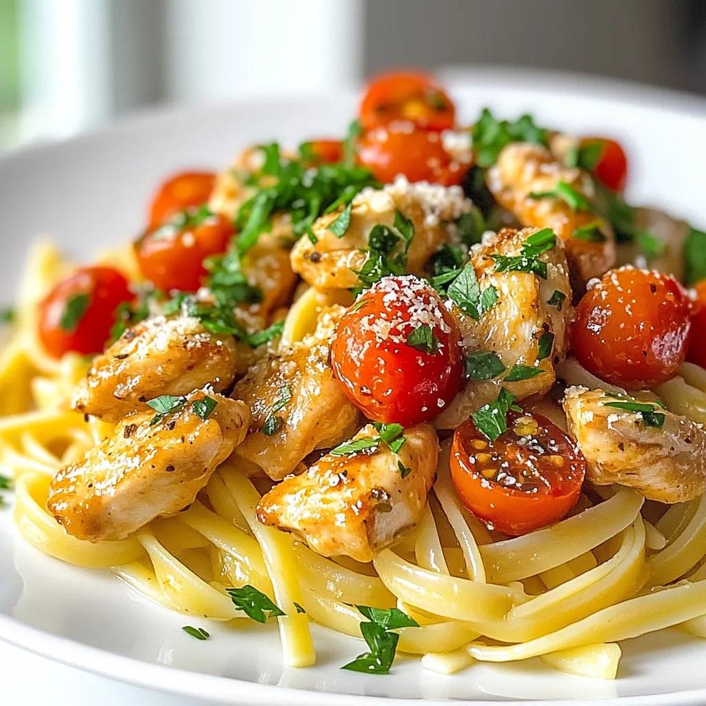 - 8 oz linguine pasta - 1 lb boneless, skinless chicken breast, cut into bite-sized pieces - 1/2 cup unsalted butter, melted - 2 cloves garlic, minced - 1 tsp smoked paprika - 1 tsp onion powder - 1/2 tsp cayenne pepper (adjust for spice preference) - 1 tsp Italian seasoning - Salt and pepper to taste - 1 cup cherry tomatoes, halved - 1/4 cup fresh parsley, chopped - Juice of 1 lemon - Grated Parmesan cheese for serving (optional) You can add some fresh basil for a burst of flavor. A pinch of red pepper flakes gives extra heat. Consider using sun-dried tomatoes for a rich taste. A splash of white wine adds depth to the sauce. If you can't find linguine, any pasta works well. Use chicken thighs for more flavor and juiciness. If you're out of butter, olive oil is a good swap. For a dairy-free version, skip the Parmesan or use a nut-based cheese. Need a gluten-free option? Use gluten-free pasta instead. {{ingredient_image_1}} First, bring a large pot of salted water to a boil. Add 8 ounces of linguine pasta to the pot. Cook it according to the package instructions until it is al dente. This usually takes about 8 to 10 minutes. Once cooked, drain the pasta and set it aside. Don't forget to save about 1/2 cup of the pasta water. This water helps make the sauce creamy later. Now, take 1 pound of boneless, skinless chicken breast. Cut it into bite-sized pieces. Place the chicken in a bowl. Season it well with salt, pepper, smoked paprika, onion powder, and cayenne pepper. I like to use 1 teaspoon of smoked paprika and onion powder, plus 1/2 teaspoon of cayenne. Adjust the cayenne to match your spice level. Mix everything well to coat the chicken evenly. Grab a large skillet and place it over medium-high heat. Melt 2 tablespoons of unsalted butter in the skillet. Once the butter is hot, add the seasoned chicken. Cook the chicken for about 5 to 7 minutes. It should turn golden brown and be cooked through. After cooking, remove the chicken from the skillet and set it aside. In the same skillet, lower the heat to medium. Add the remaining melted butter and 2 minced garlic cloves. Sauté for about 1 minute until you smell the garlic. Next, add the cooked chicken back into the skillet along with 1 cup of halved cherry tomatoes. Stir to combine. Toss in the cooked linguine and mix everything well. If the dish feels dry, use the reserved pasta water a little at a time until you reach the right consistency. Finally, sprinkle in 1 teaspoon of Italian seasoning and the juice of 1 lemon. Adjust the salt and pepper to taste. Cook for an extra 1 to 2 minutes, letting the flavors meld. Your Cowboy Butter Chicken Linguine is ready to serve! To get the best pasta, cook the linguine until it is al dente. This means it should have a little bite to it. Boil a large pot of salted water to enhance the flavor. Once cooked, save some pasta water. This water helps make the sauce creamy. If your pasta seems dry, add a little pasta water to it when mixing. The right spices make this dish pop. Use smoked paprika for a deep, rich flavor. Onion powder adds a nice base taste. Don't forget the cayenne pepper! You can adjust the amount based on how spicy you like it. Always taste as you go and season with salt and pepper. A squeeze of lemon juice brightens the whole dish. When cooking chicken, make sure it is cut into small pieces. This helps it cook evenly and quickly. Sear the chicken over medium-high heat to get a nice golden color. Use a hot skillet and don’t overcrowd it. Cook until it's fully done, about 5-7 minutes. Removing the chicken before adding the butter sauce keeps it juicy and tasty. Pro Tips Perfect the Pasta: Always reserve some pasta water before draining the linguine. This starchy water can help you achieve the desired sauce consistency when mixing everything together. Chicken Cooking Tip: To ensure even cooking and a golden crust, don't overcrowd the skillet when cooking the chicken. Cook in batches if necessary. Adjust the Spice: Feel free to modify the cayenne pepper according to your heat preference. Start with a smaller amount and add more as needed to suit your taste. Fresh Herbs Matter: Using fresh parsley not only adds flavor but also brightens the dish. Consider adding fresh basil or chives for a different twist! {{image_2}} You can make a tasty version of Cowboy Butter Chicken Linguine using tofu. Replace the chicken with firm tofu for a great plant-based option. Start by pressing the tofu to remove excess water. Cut it into bite-sized pieces and season just like the chicken. Cook the tofu in the skillet until golden brown. This swap keeps the dish creamy and delicious while being vegetarian-friendly. If you want to switch up the protein, try shrimp or turkey. Shrimp cooks fast and adds a nice flavor. Just sauté it in the skillet until it turns pink. For turkey, use ground turkey. Cook it in the skillet like you would with chicken. Both options work well with the cowboy butter sauce and keep the meal exciting. Boost nutrition by adding vegetables to your dish. You can toss in spinach, bell peppers, or zucchini. Sauté them with garlic before adding the cooked chicken and linguine. This not only adds color but also enhances the health benefits. Plus, it makes your Cowboy Butter Chicken Linguine even more filling and delicious. After enjoying your Cowboy Butter Chicken Linguine, let the leftovers cool. Use an airtight container. This helps keep the dish fresh. Store in the fridge for up to three days. If you want to keep it longer, consider freezing. To reheat, use a skillet or microwave. If using a skillet, add a splash of water. This helps steam the pasta and keeps it moist. Heat on low until warm. Stir often to prevent burning. If you use the microwave, cover the dish with a lid or paper towel. Heat for one minute, then check. Repeat until hot. If you want to freeze the dish, pack it in a freezer-safe container. Make sure to leave some space for expansion. You can freeze it for up to three months. When you’re ready to eat, let it thaw in the fridge overnight. Reheat it as mentioned above for the best taste and texture. You can serve several tasty sides with Cowboy Butter Chicken Linguine. Here are some great options: - Garlic Bread: The warm, crunchy bread is perfect for soaking up sauce. - Caesar Salad: A fresh salad adds a crisp touch to your meal. - Steamed Vegetables: Broccoli or green beans bring color and nutrients. - Roasted Potatoes: Crispy potatoes can add heartiness to the meal. These sides enhance the dish and create a full dining experience. Yes, you can use different types of pasta for this dish. Some good choices are: - Fettuccine: This wide noodle holds the sauce well. - Penne: The tubes capture bits of chicken and sauce. - Spaghetti: A classic choice that always works. Just remember to adjust the cooking time based on the pasta you choose. The spice level in Cowboy Butter Chicken Linguine can be adjusted. The recipe uses cayenne pepper for heat. Here’s how you can manage the spice: - Mild: Use no cayenne pepper at all. - Medium: Add half a teaspoon of cayenne for some kick. - Spicy: Use one teaspoon or more for a fiery dish. You can always adjust the spice to suit your taste! In this blog post, we explored the key ingredients needed for Cowboy Butter Chicken Linguine. We discussed options to enhance flavor, made substitutions simple, and provided step-by-step cooking instructions. I shared tips on perfecting pasta and chicken, and even offered variations for different diets. Finally, we covered how to store leftovers and answered common questions. With these insights, you can create a tasty meal that satisfies your taste buds. Enjoy your cooking journey!