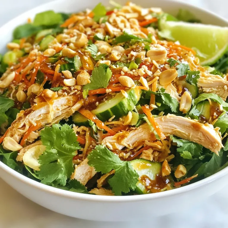 - 2 cups cooked chicken, shredded - 4 cups mixed greens (such as romaine and spinach) - 1 cup shredded carrots - 1 red bell pepper, julienned - 1 cucumber, thinly sliced - 1/2 cup cilantro, chopped - 3 tablespoons lime juice - 2 tablespoons fish sauce - 1 tablespoon honey - 1 tablespoon soy sauce - 1 teaspoon sesame oil - 1 teaspoon fresh ginger, grated - 1/2 teaspoon red pepper flakes - 1/4 cup crushed peanuts (for topping) - 1/4 cup crispy fried shallots - Calories per serving: Approximately 300 - Macronutrient breakdown: - Protein: 25g - Carbs: 15g - Fat: 15g This salad is not just colorful; it's packed with nutrients too! The mix of chicken and greens gives you protein and vitamins. The dressing adds a tangy kick, making it a perfect meal. Enjoy! {{ingredient_image_1}} Whisking the dressing ingredients Start by making the sauce. In a medium bowl, whisk together: - 3 tablespoons lime juice - 2 tablespoons fish sauce - 1 tablespoon honey - 1 tablespoon soy sauce - 1 teaspoon sesame oil - 1 teaspoon grated fresh ginger - 1/2 teaspoon red pepper flakes Mix until it blends well. This dressing is the heart of the salad. It brings all the flavors together. Preparing the vegetables Next, get your veggies ready. You need to: - Wash and dry 4 cups of mixed greens (like romaine and spinach) - Shred 1 cup of carrots - Julienne 1 red bell pepper - Thinly slice 1 cucumber - Chop 1/2 cup of cilantro Keep everything fresh and crunchy for the best taste. Combining key ingredients In a large salad bowl, combine: - The mixed greens - Shredded chicken (2 cups, cooked and shredded) - Shredded carrots - Julienned red bell pepper - Sliced cucumber - Chopped cilantro Gently toss to mix all the ingredients. This step is key for even flavor. Mixing the dressing with the salad Now it’s time for the dressing. Drizzle the sauce over the salad mix. Toss thoroughly, so every bite gets coated in that zesty flavor. Presentation tips For a great look, serve in individual bowls. Top each bowl with: - Crushed peanuts (1/4 cup) - Crispy fried shallots (optional) You can also add a sprinkle of cilantro and a lime wedge for extra flair. Optimal chilling time Let the salad chill for 15-30 minutes. This helps the flavors come together nicely. Enjoy your fresh, crunchy Thai chicken salad! To make the dressing just right, taste as you mix. Add more lime juice for zing. If you like it sweeter, add more honey. You can make the dressing ahead of time. Just store it in the fridge. Shake it well before use. Keep your salad crisp by adding ingredients right before serving. Store greens in a damp paper towel to keep them fresh. Use an airtight container for leftovers. This keeps everything crunchy and tasty. Repurpose leftover salad by adding it to wraps or sandwiches. You can mix it into rice or grain bowls for a quick meal. Turn it into a soup by adding broth. Creativity with leftovers can lead to new yummy dishes! Pro Tips Use Fresh Ingredients: Always opt for the freshest vegetables and herbs to enhance the flavor and crunch of your salad. Customize Your Dressing: Feel free to adjust the sweetness or spiciness of the dressing according to your taste preferences. Chill Before Serving: Allow the salad to rest in the fridge for 15-30 minutes after tossing to let the flavors meld beautifully. Crunch Factor: Add additional toppings like toasted sesame seeds or crispy wontons for extra texture and flavor. {{image_2}} For a tasty twist, try using tofu or shrimp instead of chicken. Tofu works well and absorbs flavors nicely. It’s great for a vegan option. Shrimp adds a sweet and savory touch. Just remember to cook them until they turn pink. If you want, you can also use rotisserie chicken for convenience. This saves time and still gives great flavor. You can change up the veggies based on what’s fresh. Try adding seasonal ingredients like snap peas or radishes. They add crunch and color. For greens, consider using kale or arugula. They provide a different taste and texture. Each option brings new flavors, making it fun to experiment. If you want a vegan dressing, replace fish sauce with soy sauce or coconut aminos. This keeps it flavorful without animal products. You can also add peanut butter for a creamier texture. For different flavors, toss in lime zest or sesame seeds. These small changes can make your salad exciting every time. To store leftovers, place the Crunchy Thai Chicken Salad in an airtight container. Make sure the container seals well to keep the salad fresh. You can separate the dressing from the salad for even better results. Store the dressing in a small jar or container. This way, the salad stays crisp. The salad lasts about three days in the fridge. Look for signs of spoilage, such as a sour smell or wilting greens. If the chicken looks or smells off, it’s best to throw it away. Always check the salad before eating. You can freeze this salad, but it’s not the best option. Freezing can change the texture of the vegetables. If you decide to freeze it, use a freezer-safe container. Thaw it in the fridge before eating, and enjoy it within a day of thawing. Yes, you can make this salad ahead of time. Just keep the dressing separate. Mix the salad and dressing when you are ready to eat. This keeps the greens crunchy. If you mix it too early, the salad may get soggy. If you need a substitute for fish sauce, try soy sauce. You can also use coconut aminos for a sweeter taste. Another option is to mix soy sauce with a bit of lime juice. This gives a nice tangy flavor. Yes, this salad can be gluten-free. Use gluten-free soy sauce instead of regular soy sauce. Check the fish sauce label to ensure it is gluten-free. Most fish sauces are fine, but it’s always good to check. - Can I add more vegetables? Yes, you can add more veggies like snap peas or radishes. They will add crunch and flavor. - How do I store leftovers? Store leftovers in an airtight container. Keep the dressing separate if possible. This will help keep the salad fresh. - Can I use rotisserie chicken? Yes, rotisserie chicken works great in this salad. It saves time and adds flavor. - How spicy is this salad? The spice level depends on the red pepper flakes. Adjust the amount to suit your taste. This blog post covered how to make a tasty Crunchy Thai Chicken Salad. We listed essential and optional ingredients, shared nutrition facts, and provided step-by-step instructions for preparation and assembly. I shared tips for perfecting your dressing and keeping the salad fresh. We also explored variations for proteins and vegetables. Lastly, I covered proper storage to keep your salad delicious. Enjoying this salad brings vibrant flavors and healthy choices to your plate. You now have all the tools to create this dish with ease!