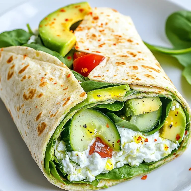 To make a Cottage Cheese Avocado Wrap, you need a few simple ingredients. Each one adds flavor and nutrition to your meal. Here’s what you will need: - Whole wheat tortilla - Cottage cheese - Ripe avocado - Fresh spinach leaves - Cucumber - Tomato - Lemon juice - Seasoning (Salt, Pepper) - Olive oil - Optional toppings (Red chili flakes) The whole wheat tortilla serves as a great base. It adds fiber and keeps the wrap hearty. Cottage cheese brings creaminess and packs protein. A ripe avocado gives that smooth texture and healthy fats. Fresh spinach leaves add crunch and a touch of green goodness. Cucumber adds a refreshing crunch, while tomato provides juiciness. Lemon juice brightens the flavors and keeps everything fresh. Seasoning with salt and pepper enhances all these wonderful tastes. A drizzle of olive oil adds richness, and red chili flakes can give it a spicy kick. These ingredients come together for a tasty and healthy meal. You can customize the wrap based on your taste, too! {{ingredient_image_1}} - Prepare the Ingredients Gather all your ingredients. You need a whole wheat tortilla, cottage cheese, avocado, spinach, cucumber, and tomato. Make sure your avocado is ripe for the best taste. This step makes cooking easy and fun. - Mix Cottage Cheese with Lemon Juice In a bowl, add one cup of cottage cheese. Squeeze in one tablespoon of lemon juice. Add salt and pepper to taste. Mix well. This makes the cottage cheese creamy and flavorful. - Spread Cottage Cheese on Tortilla Lay your tortilla flat on a clean surface. Use a spatula or the back of a spoon to spread the cottage cheese mix evenly over the tortilla. Leave about one inch around the edges to avoid overflow. - Layer Spinach, Avocado, Cucumber, and Tomato Start with a layer of fresh spinach leaves. Next, add the sliced avocado. Then, place thin cucumber slices and diced tomato on top. This creates a colorful and tasty filling packed with nutrients. - Drizzle with Olive Oil and Sprinkle with Chili Flakes Carefully drizzle one tablespoon of olive oil over the filling. If you like a bit of spice, sprinkle some red chili flakes on top. This adds a nice kick to your wrap. - Fold and Roll the Tortilla Fold the sides of the tortilla inwards, covering the filling. Then, start rolling from the bottom up. Keep the filling inside as you roll tightly to secure it. Once rolled, slice the wrap in half at an angle for a beautiful presentation. Seasoning Recommendations To make this wrap pop, season the cottage cheese well. Use salt and pepper to taste. You can also add a bit of lemon juice for a zesty kick. If you like heat, sprinkle in some red chili flakes. This small touch adds a big flavor boost. Choosing Ripe Avocados Select ripe avocados for the best taste. A ripe avocado feels slightly soft when you gently squeeze it. If it’s too hard, let it ripen on your counter for a few days. Avoid any with dark spots or bruises to ensure a smooth texture in your wrap. Tips for a Tight Wrap For a tight wrap, spread the cottage cheese evenly. Leave about an inch around the edges. When rolling, tuck the filling in as you go. This keeps everything snug inside. Preventing Filling from Falling Out To prevent spills, fold the sides in before rolling. This creates a barrier for your filling. Press gently as you roll to keep it secure. A tight wrap makes it easier to eat. Serving Ideas Serve your wrap with a side of fresh salsa. This adds color and flavor. You can also pair it with a handful of mixed greens. They add crunch and freshness to your meal. Garnishing Tips For a beautiful finish, garnish your plate with avocado slices. They look lovely and invite people to dig in. You could also sprinkle some chili flakes on top for a pop of color. Pro Tips Fresh Ingredients: Always use ripe avocados and fresh vegetables for the best flavor and texture in your wrap. Seasoning Variation: Feel free to experiment with different herbs and spices, such as dill or garlic powder, to elevate the cottage cheese mixture. Wrap Technique: When rolling the tortilla, ensure a tight wrap to prevent the filling from spilling out during eating. Meal Prep: Prepare the filling ingredients in advance and store them separately to quickly assemble your wrap on busy days. {{image_2}} You can easily swap cottage cheese for Greek yogurt. Greek yogurt adds a creamy texture and a tangy flavor. It also boosts the protein in your wrap. If you want more protein, consider adding chicken or tofu. Both choices make the wrap filling and hearty. Experimenting with different seasonings and herbs can change the flavor. Try adding garlic powder, paprika, or fresh herbs like cilantro. Each option gives a new twist to the dish. You can also add different vegetables. Consider bell peppers, shredded carrots, or even radishes for more crunch and color. If you need a gluten-free option, look for gluten-free tortillas. They work just as well and taste great. You can also explore flavor-infused tortillas. Spinach or tomato tortillas can add an extra layer of taste to your wrap. Refrigeration Guidelines If you have leftover wraps, wrap them tightly in plastic. Store them in the fridge. They will stay fresh for up to two days. This keeps the flavors intact and the tortilla soft. Avoid exposing them to air to prevent drying out. Freezing Instructions To freeze the wraps, first wrap them in foil or freezer bags. They can last up to three months in the freezer. When you are ready to eat, thaw them in the fridge overnight. Then, reheat them in a skillet or microwave. Keeping Ingredients Fresh Store your ingredients in airtight containers. This helps keep the cottage cheese creamy and the veggies crisp. If you slice your avocado ahead of time, sprinkle it with lemon juice to stop browning. Use fresh spinach and cucumbers for the best crunch. Reheating Tips To reheat, use a skillet over medium heat. This warms the wrap evenly and keeps it soft. If using a microwave, heat in short bursts to avoid sogginess. A few seconds at a time works best. Enjoy your wrap warm for the best taste! Can I make this wrap ahead of time? Yes, you can make this wrap ahead. Prepare it, then wrap it in foil or plastic. Store it in the fridge for up to 24 hours. This saves time for lunch or dinner. What are the health benefits of this wrap? This wrap is nutritious. Cottage cheese is high in protein, which helps build muscle. Avocado provides healthy fats and fiber. Spinach adds vitamins and minerals. This meal is low in calories but full of good nutrients. Can I use different types of cheese? Yes, you can use other cheeses. Greek yogurt works well too. Cream cheese gives a richer taste. Just adjust the flavor and texture to your liking. What can I substitute for cottage cheese? You can try Greek yogurt as a substitute. It offers similar creaminess and protein. Ricotta cheese is another good option for a softer texture. How can I make this recipe vegan? To make a vegan wrap, use tofu or cashew cheese. You can blend soaked cashews with lemon juice for a creamy flavor. Make sure to check all other ingredients for vegan options. Caloric Content This wrap contains about 300 calories. It depends on the exact ingredients used. Whole wheat tortillas and fresh veggies keep it light. Macronutrient Breakdown - Protein: 20g from cottage cheese - Fat: 15g from avocado and olive oil - Carbohydrates: 30g from tortilla and vegetables This wrap is a balanced meal, offering good protein, healthy fats, and carbs. This blog post shows how to make a tasty cottage cheese avocado wrap. You learned about the key ingredients, step-by-step instructions, and helpful tips to make a perfect wrap. You can mix flavors and substitute items based on your taste. Remember to store any leftovers properly to keep them fresh. Experimenting in the kitchen can lead to new favorites. Enjoy making your wraps and share them with friends!
