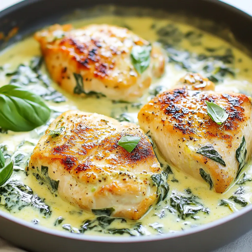 - 4 boneless, skinless chicken breasts - 2 cups fresh spinach, chopped - 1 cup heavy cream - 1/2 cup grated Parmesan cheese - 2 tablespoons olive oil - 3 cloves garlic, minced - 1 teaspoon dried Italian herbs (basil, oregano, thyme) - Salt and black pepper to taste - Fresh basil leaves for garnish - Calories: 450 - Fat: 34g - Protein: 34g - Total Carbohydrates: 4g - Fiber: 1g - Net Carbs: 3g This meal is rich in healthy fats and protein. It's low in carbs, making it great for keto diets. You get a tasty dish that fills you up without the carbs. If you need a dairy-free option, use coconut cream instead of heavy cream. For a nut-free choice, ensure your cheese is nut-free. You can swap Parmesan for nutritional yeast for a vegan taste. If you want lower fat, use chicken thighs or skin-on chicken. {{ingredient_image_1}} 1. Start with the chicken. Season the chicken breasts with salt, pepper, and dried Italian herbs. Make sure to coat both sides well. 2. Chop the fresh spinach. It should be in small pieces for easy mixing later. 3. Mince the garlic. This will add great flavor to the sauce. 1. Heat a large skillet over medium heat. Add the olive oil and let it warm up. 2. Place the seasoned chicken breasts in the skillet. Cook for 6-7 minutes on each side. The chicken should be golden brown and cooked through. 3. Once the chicken is done, take it out of the skillet and set it aside. 4. In the same skillet, lower the heat. Add the minced garlic and let it cook for about 30 seconds. You want it fragrant but not burnt. 5. Pour in the heavy cream. Stir it well to combine with the garlic. 6. Add the grated Parmesan cheese. Stir until it melts and the sauce thickens a bit. 7. Now, add the chopped spinach to the skillet. Cook for 2-3 minutes until the spinach wilts. 8. Return the chicken to the skillet. Coat it with the creamy spinach sauce. Let it simmer for 2 more minutes to heat everything through. 1. Plate the chicken on a nice dish. 2. Spoon the creamy sauce over the top. 3. For a fresh touch, garnish with basil leaves. They add great flavor and look nice! To cook chicken breasts just right, start with a good sear. Make sure your skillet is hot before adding the chicken. Season both sides with salt, pepper, and dried herbs. Cook for 6-7 minutes on each side. Check for a golden brown color. Use a meat thermometer to ensure the inside reaches 165°F. This way, your chicken stays juicy and tender. A rich cream sauce makes this dish shine. For a creamier texture, add more heavy cream. Stir in the grated Parmesan cheese until it melts. If you want an even thicker sauce, let it simmer longer. Just keep an eye on it to avoid burning. Adding a splash of chicken broth can also enhance flavor and creaminess. Pair this chicken with keto-friendly sides for a full meal. Steamed broccoli or sautéed zucchini work great. You can also serve it with a fresh salad. For a heartier option, try cauliflower rice. These sides complement the creamy chicken and keep your meal low in carbs. Enjoy experimenting with different combinations! Pro Tips Perfectly Seasoned Chicken: Be generous with the seasoning on your chicken breasts. A good seasoning will enhance the flavor of the dish significantly. Use Fresh Spinach: Fresh spinach will give the dish a vibrant color and better texture compared to frozen spinach. Always opt for fresh when possible. Control the Heat: When making the cream sauce, keep the heat on low to prevent the cream from curdling. This will ensure a smooth and creamy consistency. Add Extra Herbs: For a more aromatic flavor, consider adding fresh herbs like thyme or parsley into the sauce just before serving. {{image_2}} You can make this dish even better by adding more veggies. Some great options include: - Zucchini - Bell peppers - Mushrooms - Broccoli These vegetables add color and nutrition. Just chop and sauté them with the garlic before adding the cream. This will enhance the flavor and make your meal more filling. Cheese can change the taste of your dish. You can swap out Parmesan for: - Mozzarella - Cheddar - Cream cheese Each cheese will give a unique taste. For a creamier sauce, cream cheese works well. If you like a sharp flavor, try cheddar. Just remember, melt it well for the best texture. Spices can really boost the flavor of your chicken. Here are some ideas: - Paprika for a smoky taste - Red pepper flakes for heat - Cumin for a warm, earthy flavor Mix these spices into your seasoning for the chicken. You can also add them to the cream sauce. This will give your dish a new twist each time you make it. Enjoy experimenting! After you make the keto creamy spinach and herb chicken, let it cool. Place the chicken in an airtight container. Store it in the fridge for up to 3 days. Make sure to keep the sauce with the chicken for best flavor. If you want to freeze the chicken, wrap it well in plastic wrap. You can also use a freezer-safe bag. Store it in the freezer for up to 2 months. When you’re ready to eat, thaw it overnight in the fridge. To reheat the chicken, place it in a skillet over low heat. You can also use the microwave. Add a splash of cream or broth if the sauce is too thick. Heat until warmed through. Enjoy it just as you did the first time! A ketogenic diet is low in carbs and high in fats. This diet helps your body burn fat for energy. You eat foods like meat, cheese, and low-carb veggies. Foods like bread and pasta are limited. This change can lead to weight loss and better health. Yes, you can use chicken thighs. Thighs are juicier and more flavorful. They also have more fat, which is good for keto. Just cook them the same way as breasts. Adjust cooking time if needed. Ensure they reach 165°F for safety. To make this dish dairy-free, swap heavy cream for coconut cream. Use nutritional yeast instead of Parmesan cheese. You can also try cashew cream for a rich flavor. These changes keep the dish creamy and tasty without dairy. This blog post covered the key elements of preparing a tasty ketogenic chicken dish. We went through the ingredients you'll need, including possible substitutes. I shared easy steps to make cooking simple and fun. You learned tips for perfecting chicken breasts and how to enhance cream sauces. We explored variations to suit your taste and dietary needs. Lastly, I provided storage tips to keep your meal fresh. With this knowledge, you can make a delicious meal that fits your diet. Enjoy cooking!