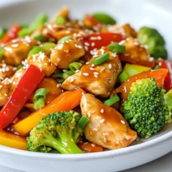 - Chicken and Vegetable Components - 4 boneless, skinless chicken breasts - 2 cups broccoli florets - 1 bell pepper, sliced - 1 cup carrots, sliced - 1 yellow onion, diced - Sauce Ingredients - 1 cup honey - 1/4 cup soy sauce (or gluten-free tamari) - 4 cloves garlic, minced - 1 tablespoon fresh ginger, minced - 2 tablespoons sesame oil - Salt and pepper to taste - Optional Ingredients for Thickening - 1 tablespoon cornstarch (for thickening) When I make this dish, I always start with fresh chicken and veggies. They add great flavor and texture. The honey gives the sauce a nice sweetness. The soy sauce adds depth. Garlic and ginger bring warmth and spice. I love using sesame oil; it gives a nutty aroma and taste. For the veggies, I like a mix of colors. Broccoli is crunchy and bright. Bell peppers add sweetness, and carrots bring a lovely orange hue. The onion adds a sweet base when cooked. If you want a thicker sauce, you can use cornstarch. Mix it with water to create a slurry. Stir it in during the last half hour of cooking. It makes the sauce richer and more satisfying. These ingredients come together to create a dish that is simple yet full of flavor. You can serve it over rice or quinoa for a wholesome meal. {{ingredient_image_1}} How to Whisk the Sauce In a medium bowl, add the honey, soy sauce, minced garlic, minced ginger, and sesame oil. Use a whisk to blend everything until it is smooth. This sauce is sweet and savory, which makes your dish tasty. Preparing the Chicken and Vegetables Take four boneless, skinless chicken breasts and place them at the bottom of your slow cooker. Season them with salt and pepper for added flavor. Next, chop your vegetables: slice the bell pepper, dice the onion, and cut the carrots into thin pieces. Also, get your broccoli florets ready. Coating the Chicken Pour the honey garlic mixture over the chicken breasts. Make sure the chicken is fully coated in the sauce. This step is key for great flavor! Then, gently add the diced onion, sliced bell pepper, broccoli florets, and sliced carrots into the slow cooker. Stir everything lightly to spread the veggies evenly. Setting Up the Slow Cooker Cover your slow cooker with its lid. This keeps the heat in and helps cook everything evenly. Cooking Times and Temperature You can cook on low for 6-7 hours or high for 3-4 hours. Check the chicken and veggies around the end of the cooking time. The chicken should be tender, and the veggies should be soft but not mushy. Thickening the Sauce (Optional) If you want a thicker sauce, mix one tablespoon of cornstarch with a tablespoon of cold water. Stir this mix into your slow cooker about 30 minutes before serving. Turn the heat to high to help it thicken. Shredding the Chicken Once the cooking is done, take two forks and shred the chicken. It should fall apart easily. This makes it mix well with the sauce and veggies. Combining Ingredients Finally, gently combine the shredded chicken with the veggies and sauce. This ensures every bite is full of flavor. Serve the dish over rice or quinoa. For extra flair, garnish with sliced green onions and a sprinkle of sesame seeds. Enjoy your meal! Ensuring Tender Chicken To keep the chicken tender, use boneless, skinless breasts. They cook evenly and stay juicy. Always season with salt and pepper before cooking. This step enhances flavor. Vegetable Variations Feel free to mix different veggies. You can use green beans, snap peas, or zucchini. Just make sure to cut them into even pieces for even cooking. Add heartier veggies like carrots early on and softer ones later. Adjusting Sweetness of the Sauce If you prefer less sweetness, reduce the honey. Start with half a cup, then taste the sauce. You can also add a splash of vinegar for balance. This helps cut through the sweetness without overpowering the dish. Best Pairings (Rice or Quinoa) Serve this dish over fluffy rice or nutty quinoa. Both grains soak up the sauce well. They also add a nice texture. Quinoa offers more protein, which is a healthy choice. Garnishing Options Garnish with sliced green onions and sesame seeds. Both add color and crunch. You can also sprinkle some chili flakes for a little heat. This adds a nice touch to the final dish. Recommended Slow Cooker Types Choose a slow cooker with a programmable timer. This feature ensures you can set it and forget it. Look for models with a locking lid for easy transport if needed. Useful Kitchen Tools A good set of measuring cups and spoons is essential. You’ll also need a whisk for mixing the sauce. Keep a pair of tongs handy for serving the chicken and veggies. Pro Tips Use Fresh Ingredients: Fresh garlic and ginger will enhance the flavor of your dish significantly, providing a more aromatic and vibrant taste. Marinate for More Flavor: If you have time, marinate the chicken in the honey garlic sauce for a few hours or overnight in the fridge for a deeper flavor. Customize Your Veggies: Feel free to add or substitute your favorite vegetables, such as snap peas or zucchini, to suit your taste or what you have on hand. Store Leftovers Properly: Store any leftovers in an airtight container in the fridge for up to 3 days. Reheat gently on the stove or microwave. {{image_2}} You can change the protein in this dish. Instead of chicken, try using tofu. Tofu absorbs flavors well and is a great option for a plant-based meal. You can also use beef or pork if you want something heartier. If you need to avoid honey, maple syrup works as a good substitute. It gives a similar sweetness. You can also use agave nectar or brown sugar in a pinch. For those needing gluten-free options, use tamari instead of soy sauce. It has a similar taste and works perfectly in this recipe. Adding spices can boost the flavor of your honey garlic chicken. Try adding red pepper flakes for a bit of heat. Fresh herbs like cilantro or parsley can also add freshness. Feel free to mix in other vegetables. Sugar snap peas or zucchini can add color and crunch. Just remember to cut them into similar sizes for even cooking. If you want to use an Instant Pot, you can save time. Sauté the chicken and veggies first. Then, add the sauce and cook on high pressure for about 10 minutes. You can also make this dish on the stovetop. Simply cook everything in a large pot. Let it simmer until the chicken is cooked through and the veggies are tender. This method may take around 30 minutes. To keep your honey garlic chicken and veggies fresh, use proper airtight storage. Place leftovers in a container with a tight lid. This helps prevent air from getting inside and keeps your food tasty. For best results, refrigerate your leftovers right after they cool. Make sure to eat them within three to four days. This keeps flavors strong and safe to eat. When reheating, choose the best methods for warmth. I recommend using the microwave or a skillet. If using a microwave, heat in short bursts. Stir in between to ensure even warmth. If using a skillet, add a splash of water or broth. This keeps the chicken moist and helps the veggies stay crisp. Stir gently over medium heat until hot. To freeze honey garlic chicken and veggies, let them cool completely first. Place the food in a freezer-safe container or bag. Make sure to remove excess air. Label the bag with the date and use it within three months for best quality. When you’re ready to eat, thaw the meal in the fridge overnight. This method keeps the flavors and texture intact. Avoid thawing at room temperature to keep it safe. Yes, you can use frozen chicken breasts in this recipe. Just keep a few things in mind. First, increase the cooking time by one hour for the slow cooker. This ensures the chicken cooks evenly and stays juicy. Also, make sure to season the frozen chicken with salt and pepper before adding the honey garlic sauce. This helps build flavor even when starting from frozen. To check if the chicken is cooked, use a meat thermometer. The internal temperature should reach 165°F (75°C). Insert the thermometer into the thickest part of the chicken breast to get an accurate reading. If you don't have a thermometer, cut into the chicken. It should be white and the juices should run clear, not pink. Yes, you can make this recipe ahead of time. Prepare everything and place it in your slow cooker. You can store it in the fridge overnight. When you're ready to cook, just turn on the slow cooker. If you want to freeze it, do so before cooking. Just let it thaw in the fridge before cooking. This makes meal prepping easy and keeps your weeknight dinners simple! In this post, we explored a tasty chicken dish that’s easy to make in a slow cooker. We covered the key ingredients, from chicken and veggies to sauce options. You learned how to prepare and cook, ensuring your chicken turns out tender. I shared tips on serving and storing leftovers too. Remember, you can swap ingredients or try different cooking methods based on what you like. This dish is simple, and it can please everyone at the table. Happy cooking!
