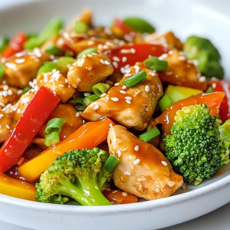 - Chicken and Vegetable Components - 4 boneless, skinless chicken breasts - 2 cups broccoli florets - 1 bell pepper, sliced - 1 cup carrots, sliced - 1 yellow onion, diced - Sauce Ingredients - 1 cup honey - 1/4 cup soy sauce (or gluten-free tamari) - 4 cloves garlic, minced - 1 tablespoon fresh ginger, minced - 2 tablespoons sesame oil - Salt and pepper to taste - Optional Ingredients for Thickening - 1 tablespoon cornstarch (for thickening) When I make this dish, I always start with fresh chicken and veggies. They add great flavor and texture. The honey gives the sauce a nice sweetness. The soy sauce adds depth. Garlic and ginger bring warmth and spice. I love using sesame oil; it gives a nutty aroma and taste. For the veggies, I like a mix of colors. Broccoli is crunchy and bright. Bell peppers add sweetness, and carrots bring a lovely orange hue. The onion adds a sweet base when cooked. If you want a thicker sauce, you can use cornstarch. Mix it with water to create a slurry. Stir it in during the last half hour of cooking. It makes the sauce richer and more satisfying. These ingredients come together to create a dish that is simple yet full of flavor. You can serve it over rice or quinoa for a wholesome meal. {{ingredient_image_1}} How to Whisk the Sauce In a medium bowl, add the honey, soy sauce, minced garlic, minced ginger, and sesame oil. Use a whisk to blend everything until it is smooth. This sauce is sweet and savory, which makes your dish tasty. Preparing the Chicken and Vegetables Take four boneless, skinless chicken breasts and place them at the bottom of your slow cooker. Season them with salt and pepper for added flavor. Next, chop your vegetables: slice the bell pepper, dice the onion, and cut the carrots into thin pieces. Also, get your broccoli florets ready. Coating the Chicken Pour the honey garlic mixture over the chicken breasts. Make sure the chicken is fully coated in the sauce. This step is key for great flavor! Then, gently add the diced onion, sliced bell pepper, broccoli florets, and sliced carrots into the slow cooker. Stir everything lightly to spread the veggies evenly. Setting Up the Slow Cooker Cover your slow cooker with its lid. This keeps the heat in and helps cook everything evenly. Cooking Times and Temperature You can cook on low for 6-7 hours or high for 3-4 hours. Check the chicken and veggies around the end of the cooking time. The chicken should be tender, and the veggies should be soft but not mushy. Thickening the Sauce (Optional) If you want a thicker sauce, mix one tablespoon of cornstarch with a tablespoon of cold water. Stir this mix into your slow cooker about 30 minutes before serving. Turn the heat to high to help it thicken. Shredding the Chicken Once the cooking is done, take two forks and shred the chicken. It should fall apart easily. This makes it mix well with the sauce and veggies. Combining Ingredients Finally, gently combine the shredded chicken with the veggies and sauce. This ensures every bite is full of flavor. Serve the dish over rice or quinoa. For extra flair, garnish with sliced green onions and a sprinkle of sesame seeds. Enjoy your meal! Ensuring Tender Chicken To keep the chicken tender, use boneless, skinless breasts. They cook evenly and stay juicy. Always season with salt and pepper before cooking. This step enhances flavor. Vegetable Variations Feel free to mix different veggies. You can use green beans, snap peas, or zucchini. Just make sure to cut them into even pieces for even cooking. Add heartier veggies like carrots early on and softer ones later. Adjusting Sweetness of the Sauce If you prefer less sweetness, reduce the honey. Start with half a cup, then taste the sauce. You can also add a splash of vinegar for balance. This helps cut through the sweetness without overpowering the dish. Best Pairings (Rice or Quinoa) Serve this dish over fluffy rice or nutty quinoa. Both grains soak up the sauce well. They also add a nice texture. Quinoa offers more protein, which is a healthy choice. Garnishing Options Garnish with sliced green onions and sesame seeds. Both add color and crunch. You can also sprinkle some chili flakes for a little heat. This adds a nice touch to the final dish. Recommended Slow Cooker Types Choose a slow cooker with a programmable timer. This feature ensures you can set it and forget it. Look for models with a locking lid for easy transport if needed. Useful Kitchen Tools A good set of measuring cups and spoons is essential. You’ll also need a whisk for mixing the sauce. Keep a pair of tongs handy for serving the chicken and veggies. Pro Tips Use Fresh Ingredients: Fresh garlic and ginger will enhance the flavor of your dish significantly, providing a more aromatic and vibrant taste. Marinate for More Flavor: If you have time, marinate the chicken in the honey garlic sauce for a few hours or overnight in the fridge for a deeper flavor. Customize Your Veggies: Feel free to add or substitute your favorite vegetables, such as snap peas or zucchini, to suit your taste or what you have on hand. Store Leftovers Properly: Store any leftovers in an airtight container in the fridge for up to 3 days. Reheat gently on the stove or microwave. {{image_2}} You can change the protein in this dish. Instead of chicken, try using tofu. Tofu absorbs flavors well and is a great option for a plant-based meal. You can also use beef or pork if you want something heartier. If you need to avoid honey, maple syrup works as a good substitute. It gives a similar sweetness. You can also use agave nectar or brown sugar in a pinch. For those needing gluten-free options, use tamari instead of soy sauce. It has a similar taste and works perfectly in this recipe. Adding spices can boost the flavor of your honey garlic chicken. Try adding red pepper flakes for a bit of heat. Fresh herbs like cilantro or parsley can also add freshness. Feel free to mix in other vegetables. Sugar snap peas or zucchini can add color and crunch. Just remember to cut them into similar sizes for even cooking. If you want to use an Instant Pot, you can save time. Sauté the chicken and veggies first. Then, add the sauce and cook on high pressure for about 10 minutes. You can also make this dish on the stovetop. Simply cook everything in a large pot. Let it simmer until the chicken is cooked through and the veggies are tender. This method may take around 30 minutes. To keep your honey garlic chicken and veggies fresh, use proper airtight storage. Place leftovers in a container with a tight lid. This helps prevent air from getting inside and keeps your food tasty. For best results, refrigerate your leftovers right after they cool. Make sure to eat them within three to four days. This keeps flavors strong and safe to eat. When reheating, choose the best methods for warmth. I recommend using the microwave or a skillet. If using a microwave, heat in short bursts. Stir in between to ensure even warmth. If using a skillet, add a splash of water or broth. This keeps the chicken moist and helps the veggies stay crisp. Stir gently over medium heat until hot. To freeze honey garlic chicken and veggies, let them cool completely first. Place the food in a freezer-safe container or bag. Make sure to remove excess air. Label the bag with the date and use it within three months for best quality. When you’re ready to eat, thaw the meal in the fridge overnight. This method keeps the flavors and texture intact. Avoid thawing at room temperature to keep it safe. Yes, you can use frozen chicken breasts in this recipe. Just keep a few things in mind. First, increase the cooking time by one hour for the slow cooker. This ensures the chicken cooks evenly and stays juicy. Also, make sure to season the frozen chicken with salt and pepper before adding the honey garlic sauce. This helps build flavor even when starting from frozen. To check if the chicken is cooked, use a meat thermometer. The internal temperature should reach 165°F (75°C). Insert the thermometer into the thickest part of the chicken breast to get an accurate reading. If you don't have a thermometer, cut into the chicken. It should be white and the juices should run clear, not pink. Yes, you can make this recipe ahead of time. Prepare everything and place it in your slow cooker. You can store it in the fridge overnight. When you're ready to cook, just turn on the slow cooker. If you want to freeze it, do so before cooking. Just let it thaw in the fridge before cooking. This makes meal prepping easy and keeps your weeknight dinners simple! In this post, we explored a tasty chicken dish that’s easy to make in a slow cooker. We covered the key ingredients, from chicken and veggies to sauce options. You learned how to prepare and cook, ensuring your chicken turns out tender. I shared tips on serving and storing leftovers too. Remember, you can swap ingredients or try different cooking methods based on what you like. This dish is simple, and it can please everyone at the table. Happy cooking!