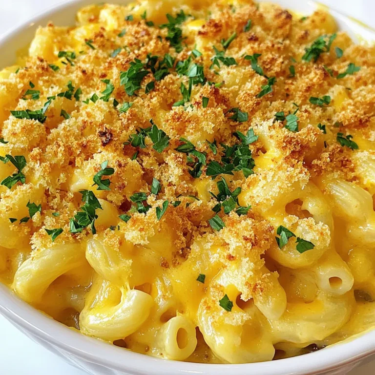 - 8 oz elbow macaroni - 2 cups cooked chicken, shredded - 1 cup BBQ sauce - 2 cups sharp cheddar cheese, grated - 1 cup mozzarella cheese, grated - 1 cup milk - 2 tablespoons unsalted butter - 2 tablespoons all-purpose flour - 1 teaspoon garlic powder - 1 teaspoon onion powder - Salt and pepper to taste - 1/2 cup breadcrumbs - 2 tablespoons chopped fresh parsley When I create BBQ Chicken Mac and Cheese, I focus on flavors that excite. The main ingredients bring everything together. The elbow macaroni serves as a hearty base. I love using cooked, shredded chicken. It adds protein and keeps the dish filling. BBQ sauce is key for that sweet and tangy flavor. For the cheese, I go for sharp cheddar. It melts beautifully and packs a punch. I also add mozzarella for creaminess. Milk helps create a smooth and rich cheese sauce. I use butter and flour to make a roux. This thickens the cheese sauce, adding body. Garlic powder and onion powder enhance the flavor without overpowering. Salt and pepper adjust the taste perfectly. Breadcrumbs provide a crunchy topping, making every bite fun. Finally, I sprinkle fresh parsley on top for color. It also adds a fresh taste. This combination of ingredients makes a comforting dish that warms the heart. {{ingredient_image_1}} First, preheat your oven to 350°F (175°C). This temperature helps the dish bake evenly. Next, bring a large pot of salted water to a boil. Add 8 oz of elbow macaroni to the pot. Cook it according to the package instructions until it is al dente. This means it should be firm but not hard. When done, drain the macaroni in a colander and set it aside. In a medium saucepan, melt 2 tablespoons of unsalted butter over medium heat. Once melted, sprinkle in 2 tablespoons of all-purpose flour. Whisk them together for about one minute. This creates a roux, which helps thicken your sauce. After that, gradually pour in 1 cup of milk. Keep whisking until the mixture thickens, which takes about 3-5 minutes. Now, stir in 1 teaspoon of garlic powder and 1 teaspoon of onion powder. Season with salt and pepper to taste. Lower the heat and add 2 cups of grated sharp cheddar cheese and 1 cup of grated mozzarella cheese. Stir until both kinds of cheese melt completely and form a creamy sauce. In a large mixing bowl, combine the drained macaroni, 2 cups of shredded chicken, and 1 cup of your favorite BBQ sauce. Mix well until everything is coated. Next, pour the creamy cheese sauce over the macaroni mixture. Stir gently to ensure all ingredients blend evenly. Now, transfer this mix to a greased 9x13-inch baking dish. Finally, sprinkle 1/2 cup of breadcrumbs evenly over the top. These will give a nice crunch when baked. To start, cook your macaroni al dente. This means it should be firm but not hard. Cooking it this way helps keep the texture nice. Drain the macaroni and set it aside; it will mix well later. For the cheese sauce, use sharp cheddar and mozzarella. These cheeses melt well and give a nice flavor. Stir in the cheese while the mixture is warm. This helps create a smooth, creamy sauce. Choosing the right BBQ sauce is key. Look for one that you enjoy. A tangy sauce adds zest, while a smoky one brings depth. Don’t be afraid to taste it! You can also play with seasonings. Garlic powder and onion powder are great starts. Try adding paprika or chili powder for a kick. Each tweak can change the whole dish! For sides, a fresh salad pairs well. A simple cucumber and tomato salad is light and refreshing. Cornbread is another great option; it adds a sweet touch. When it comes to wine, a chilled white wine works best. A Sauvignon Blanc can balance the rich flavors. If you prefer red, try a light Pinot Noir. Enjoy your meal! Pro Tips Use Leftover Chicken: This recipe is perfect for using up leftover rotisserie chicken or any cooked chicken you have on hand. Cheese Variations: Feel free to mix different types of cheese like pepper jack for a spicy kick or gouda for a smoky flavor. Breadcrumb Topping: For extra crunch, try using panko breadcrumbs mixed with a little melted butter before sprinkling on top. Make It Ahead: You can prepare the dish in advance and store it in the fridge. Just bake it right before serving for a quick meal. {{image_2}} You can switch up the meat in this dish for fun. Try using BBQ pulled pork instead of chicken. It adds a sweet and smoky taste. You can also use cooked turkey. This option works well if you have leftovers. Both choices give a nice twist to the classic BBQ chicken mac and cheese. Cheese is key in this dish. You can add blue cheese for a bold flavor. Gouda also melts nicely and adds creaminess. If you need a dairy-free option, look for dairy-free cheese blends. These options can provide great taste without the dairy. Adding veggies boosts nutrition and taste. Try mixing in broccoli or spinach. Peas are also a good choice for color and sweetness. If you want some heat, consider adding jalapeños or a splash of hot sauce. These spicy elements can take your BBQ chicken mac and cheese to a new level. To store your BBQ Chicken Mac and Cheese, let it cool first. Place leftovers in an airtight container. This will keep it fresh for up to three days. If you want to reheat, just pop it in the oven or microwave. The flavors stay great, and the cheese remains cheesy. You can freeze this dish before or after baking. For freezing before baking, cover the dish tightly with plastic wrap and foil. It will stay good for up to three months. When ready to cook, thaw it in the fridge overnight. To freeze after baking, let it cool, then wrap it tightly. Reheat in the oven for the best texture, so it gets warm and bubbly. If you want quick meals, prep this dish ahead. Cook the macaroni and chicken, then store them in separate containers. You can mix the cheese sauce and other ingredients later. Use glass or plastic containers that seal well. They help keep everything fresh. This way, dinner is easy to make on busy nights. Yes, you can make BBQ Chicken Mac and Cheese ahead of time. Here are some tips: - Cook the macaroni: Prepare the elbow macaroni as instructed, but do not bake it yet. - Make the sauce: Prepare the cheese sauce and mix it with the chicken and BBQ sauce. - Combine: Mix the macaroni with the chicken and cheese sauce. - Store: Place the mixture in a greased baking dish and cover it tightly. - Refrigerate: It stays fresh for up to two days in the fridge. When you're ready to bake, just add breadcrumbs and bake it directly from the fridge. BBQ Chicken Mac and Cheese pairs well with several sides. Here are some ideas: - Coleslaw: The crunch and tang complement the creamy mac and cheese. - Cornbread: A sweet, soft bread adds a nice touch to the meal. - Green salad: A fresh salad with a light dressing balances the richness. - Grilled vegetables: They add color and healthy nutrition to your plate. Making BBQ Chicken Mac and Cheese gluten-free is easy. Here’s how: - Pasta swap: Use gluten-free elbow macaroni instead of regular pasta. - Flour alternative: Substitute all-purpose flour with gluten-free flour. - BBQ sauce: Check that your BBQ sauce is gluten-free. Many brands offer this option. - Breadcrumbs: Use gluten-free breadcrumbs for the topping. With these swaps, you can enjoy this dish without gluten! In this blog post, we explored a tasty BBQ Chicken Mac and Cheese recipe. We covered essential ingredients, detailed cooking steps, helpful tips, and exciting variations. You can make this dish your own by trying different proteins or cheeses. Don’t forget to check out storage tips for leftovers and meal prep ideas. This recipe is perfect for gatherings or quick dinners. With these insights, you can create a warm, delicious meal that everyone will love. So, gather your ingredients and start cooking! Enjoy your culinary adventure!