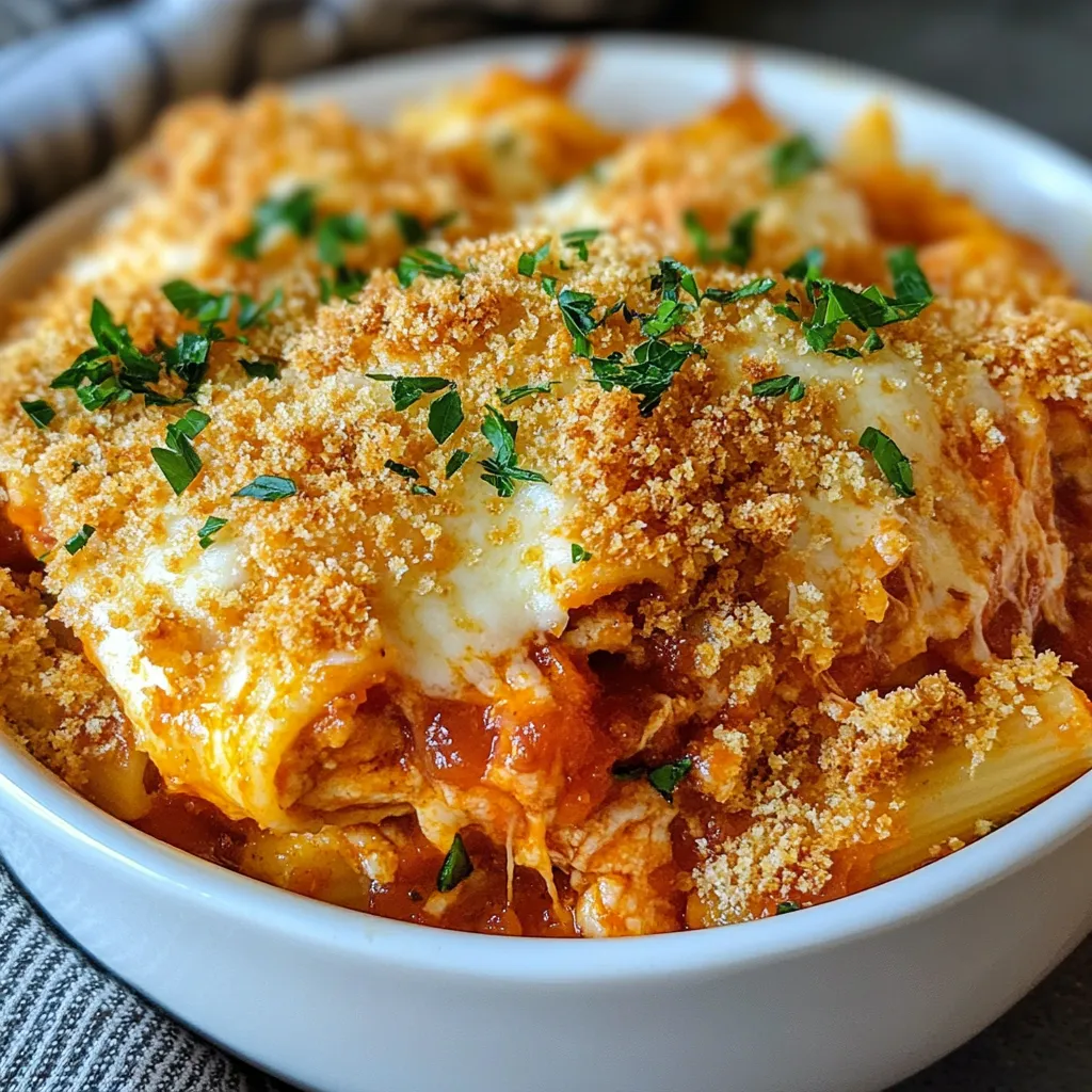- 2 cups cooked chicken, shredded - 3 cups marinara sauce - 2 cups cooked pasta (penne or rotini) You need shredded chicken for a great base. I love using leftover chicken. It makes things easy. Marinara sauce brings rich flavor and moisture to the dish. You can use store-bought or homemade. For pasta, penne or rotini works best. They hold sauce well. - 1 cup mozzarella cheese, shredded - 1 cup Parmesan cheese, grated - 1 teaspoon Italian seasoning - ½ teaspoon garlic powder - ½ teaspoon onion powder Cheese is key to a creamy casserole. I recommend fresh mozzarella for a melty texture. Grated Parmesan adds a salty kick. Italian seasoning blends herbs perfectly. Garlic and onion powders enhance the dish's warmth. - 1 cup breadcrumbs (preferably panko for extra crunch) - 2 tablespoons fresh parsley, chopped (for garnish) - Salt and pepper to taste Breadcrumbs add crunch and texture. Panko is my favorite for extra crispiness. Fresh parsley not only looks nice but also adds a fresh taste. Don’t forget to salt and pepper your mix for balance. {{ingredient_image_1}} First, you need to preheat your oven to 375°F (190°C). While the oven warms up, grab a 9x13 inch casserole dish and lightly grease it. This step helps the casserole not stick. Next, mix the main ingredients in a large bowl. Add 2 cups of shredded chicken, 3 cups of marinara sauce, and 2 cups of cooked pasta. I suggest using penne or rotini. Then, include ½ cup of shredded mozzarella cheese and ½ cup of grated Parmesan cheese. Don’t forget to add 1 teaspoon of Italian seasoning, ½ teaspoon of garlic powder, and ½ teaspoon of onion powder. Season with salt and pepper to taste. Mix everything well until it's evenly combined. Now, transfer the chicken mixture into the prepared casserole dish. Spread it evenly in the dish. This ensures every bite is packed with flavor. In a separate bowl, prepare the breadcrumb topping. Combine the remaining mozzarella cheese, Parmesan cheese, and 1 cup of breadcrumbs. I recommend using panko for a nice crunch. Mix this until it’s well combined. Sprinkle the breadcrumb mixture evenly over the chicken and pasta layer. This layer adds texture and a golden finish. Cover the casserole dish with aluminum foil. Place it in the oven and bake for 20 minutes. This keeps moisture in. After 20 minutes, remove the foil. Bake for another 15 to 20 minutes. Watch for the top to turn golden brown and crispy. Once it’s done, take it out of the oven and let it cool for 5 minutes. This pause helps the dish set. Before serving, add a sprinkle of freshly chopped parsley for a pop of color. Enjoy your Chicken Parmesan Casserole! - Best practices for shredding chicken: Use two forks to pull the chicken apart. It helps to keep the pieces even. Shred it while it's still warm for easier handling. If you have leftover rotisserie chicken, use that for extra flavor. - Ideal marinara sauce options: Look for a marinara sauce with simple ingredients. A good sauce should taste fresh and not too sweet. You can also try a homemade sauce for more control over the flavors. - Presentation ideas: Serve the casserole in deep bowls. Sprinkle extra parsley on top for a pop of color. You can also add a few slices of fresh basil to make it look fancy. - Side dishes that complement the casserole: A crisp green salad pairs well. You can also serve garlic bread or steamed veggies. These options add freshness and balance to the meal. - Preventing a soggy casserole: Make sure to drain excess liquid from the chicken and marinara. Avoid overcooking the pasta before mixing it in. This helps keep the dish firm. - Fixing an overly dry dish: If the casserole is dry, add more marinara sauce before baking. You can also drizzle a bit of olive oil on top before serving. This adds moisture and flavor. Pro Tips Use Rotisserie Chicken: For a quicker prep time, consider using store-bought rotisserie chicken. It adds flavor and saves you time! Customize Your Cheese: Feel free to mix different types of cheese, such as provolone or fontina, for a unique flavor profile. Make It Ahead: This casserole can be assembled a day ahead. Just cover it tightly and refrigerate until you're ready to bake! Leftover Transformation: If you have leftovers, repurpose them into a delicious wrap or sandwich for a quick lunch option! {{image_2}} You can easily switch up the chicken in this dish. Turkey works well if you want a leaner meat. For a vegetarian option, try using chickpeas or tofu. Both will add protein and texture. If you need gluten-free pasta, look for brown rice or quinoa pasta. These options hold up well in the casserole. They will blend nicely with the sauce and cheese. To amp up the flavor, consider adding extra vegetables. Spinach, bell peppers, or mushrooms are great choices. They add color and nutrition to your meal. You can sauté them first to bring out their taste. If you like some heat, add red pepper flakes or diced jalapeños. Just a pinch can transform the dish into a spicy delight. Adjust the amount based on your taste level. You can make this casserole in an Instant Pot for a quick meal. Just combine all ingredients in the pot and set it to pressure cook for about 15 minutes. This method keeps everything moist and flavorful. A slow cooker is another great option. Mix your ingredients in the pot and cook on low for 4-6 hours. This method allows the flavors to meld together beautifully. To store your leftovers, wait until the dish cools down. Cover it tightly with plastic wrap or aluminum foil. You can also use an airtight container for best results. This will keep your chicken Parmesan casserole fresh. When it comes to reheating, preheat your oven to 350°F (175°C). Place the casserole in an oven-safe dish. Cover it with foil to keep it moist. Heat for about 20 minutes or until it's hot all the way through. You can also use a microwave, but the oven keeps the crispiness. If you want to freeze the casserole, do it before baking. Assemble it in a freezer-safe dish, then cover it tightly. You can bake it directly from frozen, just add extra time to the cooking. If you freeze after baking, let it cool completely first. Wrap it well in plastic wrap, then foil. This method helps prevent freezer burn. In the fridge, the casserole lasts about 3 to 4 days. Make sure to check for any signs of spoilage before eating. In the freezer, it can last for about 2 to 3 months. For best taste, enjoy it sooner rather than later. Can I use store-bought rotisserie chicken? Yes, you can use store-bought rotisserie chicken. It saves time and adds flavor. Just shred it and mix it in with the other ingredients. This makes the dish quick and easy. What can I substitute for marinara sauce? You can use other sauces like Alfredo or pesto. Tomato sauce works too. Just make sure to keep the flavors in mind. Experiment and find what you like best! How to make it spicier? To spice it up, add red pepper flakes or hot sauce. Mix them into the chicken and sauce. You can also include diced jalapeños for extra heat. Adjust the spice to your taste. Is it possible to make this casserole ahead of time? Yes, you can prepare it a day before. Just assemble it and cover it well. Store it in the fridge. When you're ready, bake it straight from the fridge. It makes meal prep easy! Caloric content and serving sizes One serving has about 400-500 calories. This can vary based on the ingredients used. It’s best to check your specific brands. This dish can serve six people, making it great for families. Healthy modifications To make it healthier, use whole-grain pasta. You can reduce cheese or use low-fat options. Adding more veggies, like spinach or zucchini, boosts nutrition too. These changes keep it delicious and nutritious! This blog post covered a simple and tasty chicken casserole. We talked about its key ingredients, like shredded chicken, marinara sauce, and cheeses. I shared steps for making it, from preparation to baking. You learned tips to make it better and different ways to customize it. In my view, a casserole is fun, easy, and perfect for sharing. Now, get cooking and enjoy your meal!