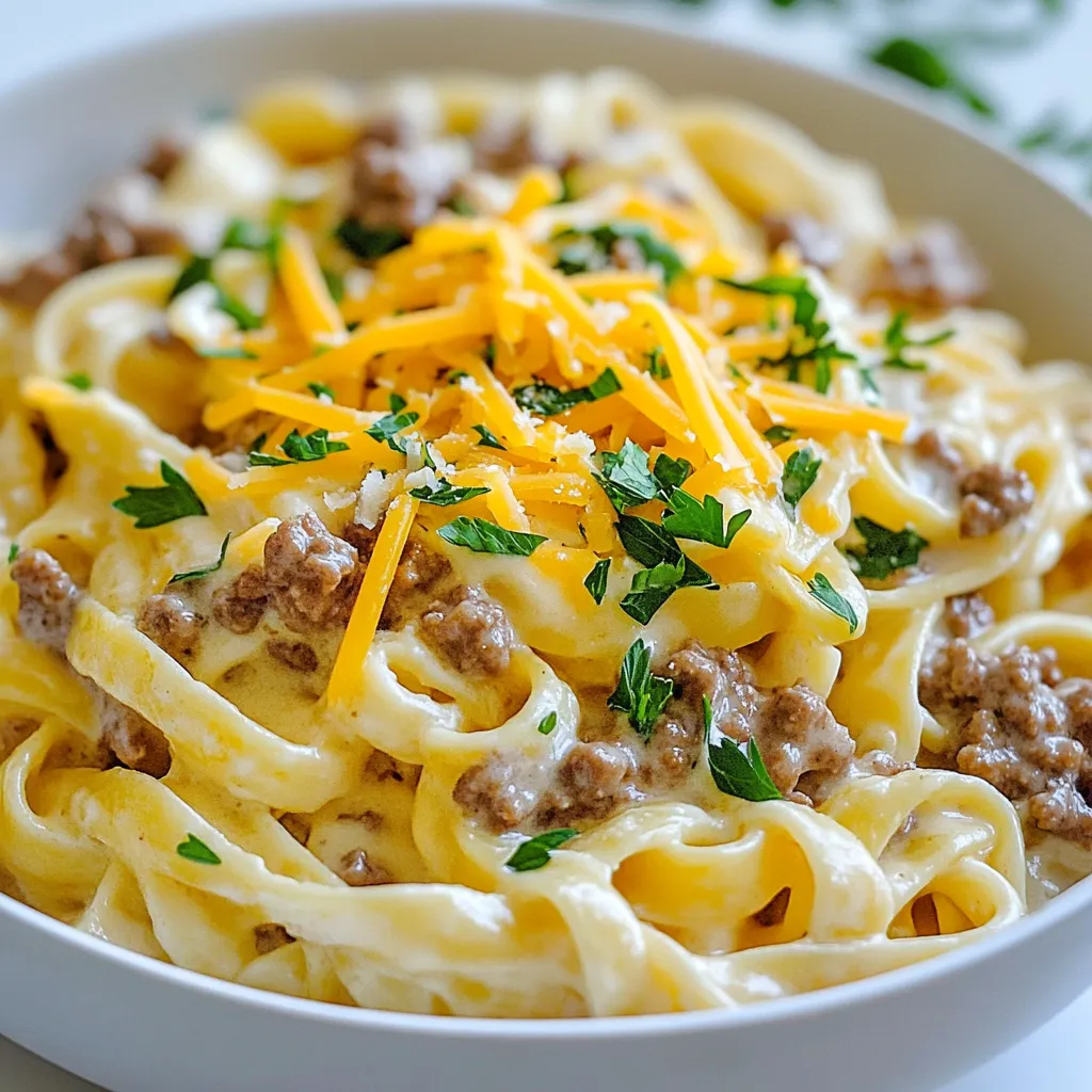 - 8 oz fettuccine pasta - 1 lb ground beef - 1 tablespoon olive oil - 1 small onion, diced - 2 cloves garlic, minced - 1 cup heavy cream - 1 cup beef broth - 1 cup shredded cheddar cheese - 1/2 cup grated Parmesan cheese - 1 teaspoon Worcestershire sauce - Salt and pepper to taste - Fresh parsley, chopped (for garnish) To make Cheeseburger Alfredo Pasta, gather these simple ingredients. Start with fettuccine pasta. It gives a nice, chewy texture. Use one pound of ground beef for a hearty base. A tablespoon of olive oil helps cook the beef and veggies. Chop one small onion and mince two cloves of garlic. These add great flavor. For the sauce, you will need one cup each of heavy cream and beef broth. This mix creates a rich, creamy sauce. Cheddar cheese adds a sharp taste. You will use one cup of shredded cheddar. Add half a cup of grated Parmesan for extra creaminess. One teaspoon of Worcestershire sauce gives depth. Finally, season with salt and pepper to taste. Don't forget fresh parsley! It adds color and freshness to the dish. Now you're ready to cook up a delicious meal! {{ingredient_image_1}} Start by boiling salted water in a large pot. Use about 1 tablespoon of salt for flavor. Once the water is boiling, add 8 oz of fettuccine pasta. Cook the pasta until it is al dente, which usually takes around 8-10 minutes. Check the package for exact times. Once done, drain the pasta and set it aside. In a large skillet, heat 1 tablespoon of olive oil over medium heat. Add 1 small diced onion and cook until soft, about 3-4 minutes. Then, toss in 2 cloves of minced garlic and cook for another minute. Next, turn up the heat to medium-high. Add 1 lb of ground beef to the skillet, seasoning it with salt and pepper. Cook until it is browned, breaking it apart as you go. This will take about 6-8 minutes. Drain any excess fat if necessary. Now, reduce the heat to medium-low. Stir in 1 cup of heavy cream and 1 cup of beef broth. Mix these well. Add 1 teaspoon of Worcestershire sauce to enhance the flavor. For a creamy sauce, gradually sprinkle in 1 cup of shredded cheddar cheese and 1/2 cup of grated Parmesan cheese. Stir until the cheeses melt and the sauce is smooth. Add the cooked fettuccine to the sauce. Toss everything well to coat the pasta in the creamy mixture. Taste your dish and adjust the seasoning with salt and pepper if needed. Spoon the Cheeseburger Alfredo Pasta into large, shallow bowls. For a nice touch, garnish with chopped fresh parsley. You can also add more shredded cheese on top for an extra cheesy experience. Serve with a side of garlic bread for a complete meal. To make great pasta, always salt your water. This step adds flavor to the pasta. Use about 1 tablespoon of salt for every 4 quarts of water. Bring the water to a boil before adding the fettuccine. For al dente pasta, cook it just until firm. Follow the package instructions and taste it a minute before the time is up. The pasta should have a slight bite. When adding cheese, do it slowly. This helps the cheese melt evenly. Start with cheddar, then add Parmesan. Stir constantly to avoid clumps. If the sauce gets too thick, add a splash of beef broth or cream. This will keep it smooth and creamy. To boost flavor, add herbs like parsley or spices like garlic powder. These add depth to your dish. You can also try different cheeses, like mozzarella or gouda. Each cheese brings a unique taste that can change the whole dish. Experiment and find your favorite combination! Pro Tips Cook Pasta Al Dente: To prevent mushy pasta, cook the fettuccine just until al dente, as it will continue to cook slightly when mixed with the sauce. Use Fresh Ingredients: Fresh garlic and onion enhance the flavor of the dish significantly, so opt for fresh over pre-packaged whenever possible. Experiment with Cheeses: While cheddar and Parmesan are traditional, feel free to mix in other cheeses like mozzarella or gouda for a unique twist on flavor. Garnish for Presentation: A sprinkle of fresh parsley not only adds color but also a fresh flavor that complements the richness of the Alfredo sauce. {{image_2}} You can make this dish healthier by changing a few ingredients. Try using whole wheat or gluten-free pasta instead of regular fettuccine. Whole wheat pasta adds fiber, while gluten-free options cater to those with dietary needs. You can also swap the ground beef for lean ground turkey. This keeps it light but still tasty. For a plant-based option, consider using lentils or crumbled tofu. These alternatives still provide protein but with fewer calories. To add more color and nutrients, you can toss in vegetables. Spinach and bell peppers work great. They not only boost the flavor but also make the dish more vibrant. If you want to change the taste, try different cheese combinations. Instead of just cheddar, you might use mozzarella or gouda. Each cheese brings its unique flavor, allowing for a new twist every time you make it. For those who like a kick, make a spicy version. Just add red pepper flakes to the sauce. This will give your pasta a warm zing. If you prefer a creamier sauce, consider adding cream cheese or sour cream. These options create a rich texture and enhance the flavor of the dish. You can play around with these variations to find your perfect Cheeseburger Alfredo Pasta! To keep your Cheeseburger Alfredo Pasta fresh, cool it quickly. Place it in a shallow dish. This helps it cool down fast. Cover the dish tightly with plastic wrap or aluminum foil. You can also use airtight containers. Store it in the fridge for up to three days. If you want to save some for later, freeze it. Let the pasta cool completely before freezing. Use freezer-safe containers or bags. Remove as much air as possible. This keeps it from getting freezer burn. When you're ready to eat, thaw it in the fridge overnight. Reheat it gently in a pot. Add a splash of cream or broth to make it creamy again. In the fridge, your leftovers last about three days. In the freezer, they can last up to three months. Look for signs of spoilage, like an off smell or mold. If it smells bad or looks strange, throw it away. Always trust your senses to keep your meals safe. To make Cheeseburger Alfredo Pasta from scratch, follow these basic steps: - Boil salted water and cook 8 oz of fettuccine pasta until al dente. - In a skillet, heat 1 tablespoon of olive oil. Add 1 diced onion and 2 minced garlic cloves. Cook until soft. - Brown 1 lb of ground beef in the skillet, seasoning it with salt and pepper. - Mix in 1 cup of heavy cream and 1 cup of beef broth. - Stir in 1 teaspoon of Worcestershire sauce, then add 1 cup of shredded cheddar cheese and 1/2 cup of grated Parmesan cheese. - Toss in the cooked pasta and mix well. Serve with chopped fresh parsley. Yes, you can use other types of pasta. Here are some great options: - Penne: Its shape holds sauce well. - Rigatoni: Bigger tubes make for a hearty bite. - Rotini: Twists grab the sauce nicely. - Gluten-free pasta: A good choice for gluten-sensitive folks. Cheeseburger Alfredo Pasta lasts about 3-4 days in the fridge. - Store it in airtight containers to keep it fresh. - Check for any off smells or mold before eating leftovers. Yes, you can make a vegetarian version! Consider these swaps: - Use lentils or black beans instead of ground beef. - Replace beef broth with vegetable broth. - Add in some sautéed veggies like mushrooms and spinach for extra flavor. Here are some tasty side dishes to pair with your pasta: - Garlic bread: Perfect for scooping up sauce. - Side salad: A fresh green salad balances the meal. - Steamed vegetables: Broccoli or green beans add color and nutrition. - Pickles: They add a nice crunch and acidity. You learned how to make a delicious Cheeseburger Alfredo Pasta. We covered each ingredient, from fettuccine to cheese. You can also mix in new flavors or substitute ingredients to fit your needs. Remember to follow the cooking tips for perfect pasta and sauce. Store your leftovers carefully to enjoy later. This dish is simple, fun, and full of taste. Now, gather your ingredients and enjoy a great meal!