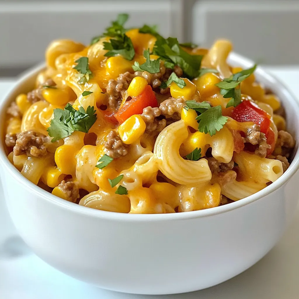 To make cheesy taco pasta, gather these ingredients: - 8 oz (227g) elbow macaroni - 1 lb (450g) ground turkey or beef - 1 packet taco seasoning - 1 cup diced bell peppers (red, yellow, or green) - 1 small onion, finely chopped - 2 cloves garlic, minced - 1 can (15 oz) diced tomatoes with green chilies - 1 cup corn kernels (fresh, frozen, or canned) - 1 ½ cups shredded cheddar cheese - 1 cup sour cream - Salt and pepper to taste - Fresh cilantro or green onions for garnish You can swap out some ingredients if needed: - Ground turkey can be replaced with chicken or beef. - Use a gluten-free pasta if you want to avoid gluten. - For a vegan option, try plant-based meat and dairy-free sour cream. - Any cheese can work, but cheddar gives the best flavor. - Bell peppers can be replaced with zucchini or mushrooms for a different taste. Want to kick it up a notch? Consider these additions: - Add a splash of lime juice for zest. - Toss in some jalapeños for heat. - Mix in black beans for added protein and fiber. - Sprinkle taco sauce on top before serving for extra tang. - Try adding avocado slices for creaminess and richness. These ingredients and substitutions make cheesy taco pasta a hit for any dinner. Enjoy cooking! {{ingredient_image_1}} Start by boiling a large pot of salted water. When the water bubbles, add 8 ounces of elbow macaroni. Cook it until it's al dente, about 8-10 minutes. Stir it occasionally. Once cooked, drain the pasta and set it aside. This helps keep it from sticking later. Next, grab a large skillet. Set it on medium heat and add 1 pound of ground turkey or beef. Use a wooden spoon to break it apart as it cooks. Cook for about 5-7 minutes. Make sure it turns brown all over. After it’s done, drain any fat from the skillet. Now, it's time for the veggies. Add 1 small chopped onion and 1 cup of diced bell peppers to the skillet with the meat. Sauté these for about 3-4 minutes. You want them soft but not mushy. Add 2 minced garlic cloves and cook for another minute. This will make your kitchen smell amazing! Sprinkle a packet of taco seasoning over the meat and veggies. Pour in a 15-ounce can of diced tomatoes with green chilies and 1 cup of corn. Stir everything together well. Let the mixture simmer for about 5 minutes. This helps all the flavors blend together. Now, add the cooked macaroni to the skillet. Mix it all together until the pasta is coated well. Reduce the heat to low. Stir in 1 cup of sour cream and 1 ½ cups of shredded cheddar cheese. Keep stirring until the cheese melts and everything is creamy. Taste your dish and add salt and pepper if needed. Serve it in bowls. Top with more cheddar cheese and fresh cilantro or green onions for a bright finish. Enjoy your cheesy taco pasta! To make great pasta, start with a big pot of salted water. The water should taste like the sea. This helps the pasta absorb flavor. Cook the elbow macaroni until it is al dente. Al dente means it has a slight bite. Drain it well, but don't rinse. Rinsing washes away the starch that helps sauces stick. If you like heat, add more taco seasoning. You can also use spicy diced tomatoes. For a milder dish, use less seasoning. Try adding a dollop of sour cream to cool it down. You can also mix in some diced avocado for extra creaminess without the spice. For the creamiest result, add the sour cream slowly. Stir it in well before adding the cheese. This helps it blend smoothly. You can also use cream cheese for a richer taste. If you want it extra cheesy, add more cheddar last. Top with cheese just before serving for a nice melt. Pro Tips Use Fresh Ingredients: Fresh bell peppers and high-quality ground meat will elevate the flavor of your dish significantly. Opt for seasonal produce when possible. Adjust the Spice Level: If you prefer a spicier dish, consider adding jalapeños or a dash of hot sauce when combining the pasta and meat mixture. Make It Ahead: This dish can be prepared in advance and stored in the refrigerator. Just reheat and add a splash of milk or more sour cream to loosen it up before serving. Garnish for Flavor: Fresh cilantro or green onions add a burst of freshness. Don't skip this step as it enhances the overall taste of the dish. {{image_2}} You can easily swap out the meat for vegetables. Use black beans or lentils for protein. Add extra bell peppers, zucchini, or spinach for flavor and color. This keeps the dish hearty and filling without meat. You can still use taco seasoning for that bold taste. Don’t forget to keep the cheese and sour cream for creaminess! If you want variety, try using chicken or pork instead of beef or turkey. Ground chicken works well and stays juicy. Pulled pork gives a smoky flavor that pairs nicely with the taco spices. For a quick meal, use rotisserie chicken. Just shred it and mix it in! While elbow macaroni is classic, other pasta shapes work too. Shells or penne can hold the sauce well. If you prefer a healthier option, try whole wheat or gluten-free pasta. Spiral pasta adds fun shapes and textures. Just make sure to adjust the cooking time based on the pasta type you choose! To keep your cheesy taco pasta fresh, let it cool first. Once cool, place it in an airtight container. Store it in the fridge for up to three days. If you want to keep it longer, freezing is a great option. Just make sure to use freezer-safe containers. When you're ready to enjoy leftovers, reheat in a pan over medium heat. Add a splash of water or broth to help it warm evenly. Stir well to mix everything and avoid sticking. You can also use the microwave. Heat in short bursts, stirring in between, until hot. To freeze, portion the pasta into smaller containers. This makes it easy to reheat later. When you're ready to eat, move it from the freezer to the fridge. Let it thaw overnight. For a quicker method, you can microwave it from frozen. Just adjust the cooking time accordingly. Always check that it's hot all the way through before serving. Yes, you can make Cheesy Taco Pasta ahead of time. To do this, prepare the dish fully and let it cool. Then, store it in an airtight container in the fridge. It can last for about three days. When you're ready to eat, simply reheat in a pot or microwave until hot. This method keeps the flavors intact and makes meal prep easy. You can serve Cheesy Taco Pasta with various sides. Here are some ideas: - Tortilla chips for crunch. - Guacamole for creaminess. - Fresh salsa for a zesty kick. - A simple green salad to balance the dish. These sides enhance the meal and add more flavor. Yes, you can use alternative cheeses. If you want a different taste, try: - Monterey Jack for a mild flavor. - Pepper Jack for a spicy twist. - Cream cheese for extra creaminess. Feel free to mix cheeses for depth. This way, you can customize your Cheesy Taco Pasta to your liking. To wrap up, we explored the key ingredients for Cheesy Taco Pasta and discussed substitutions and optional flavors. I shared step-by-step instructions to guide you through cooking. We also reviewed tips for perfect pasta and offered variations. Finally, I provided storage info for leftovers and answered common questions. With these insights, you can create a delicious and flexible dish that suits any taste. Enjoy cooking!