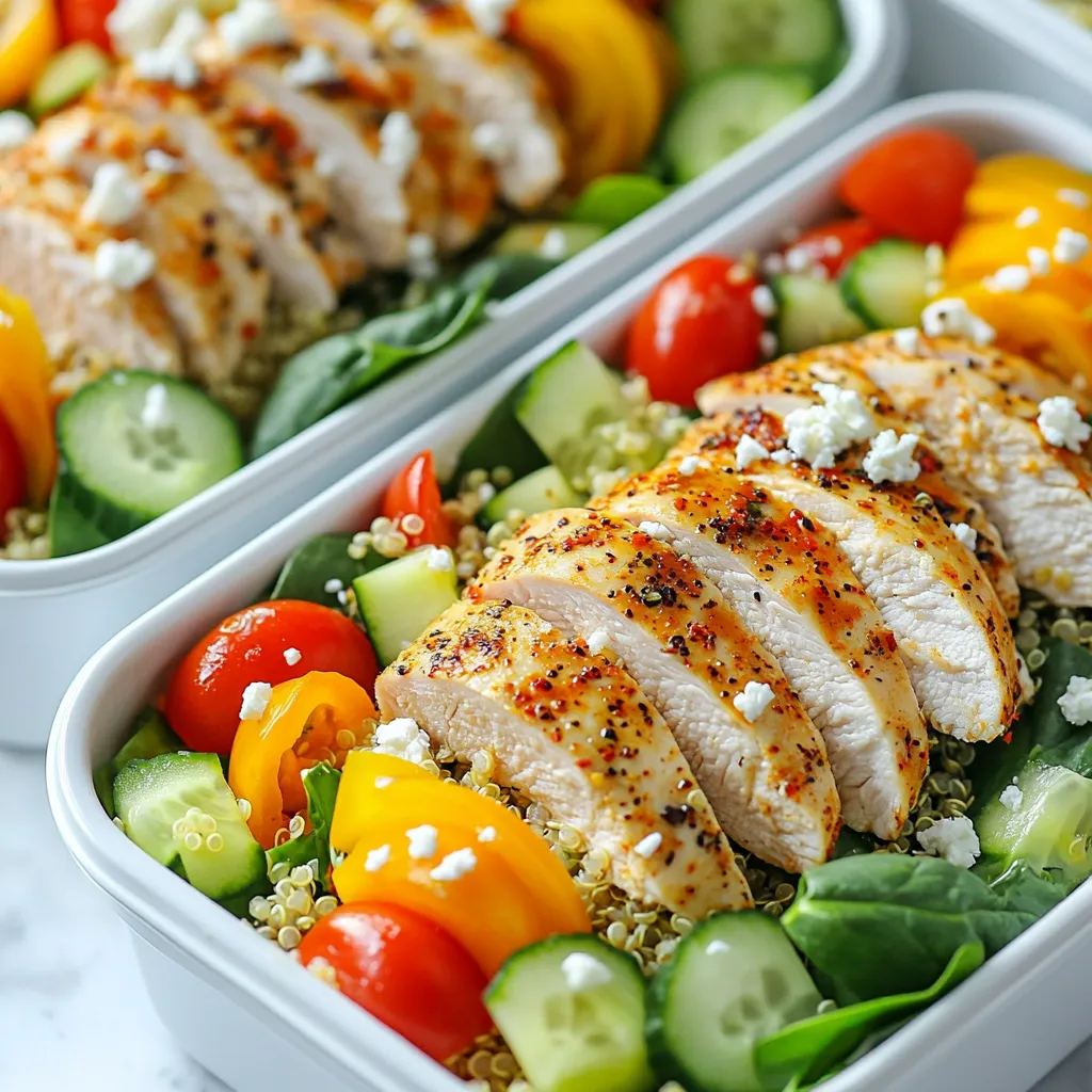 For this meal prep, you need some key items: - 2 cups cooked quinoa - 2 boneless, skinless chicken breasts - 1 tablespoon olive oil - 1 teaspoon garlic powder - 1 teaspoon paprika - Salt and pepper to taste - 1 cup cherry tomatoes, halved - 1 cup cucumber, diced - 1 red bell pepper, diced - 2 cups spinach or mixed greens - 2 tablespoons balsamic vinegar These ingredients form the base of your healthy chicken lunch. Quinoa adds protein and fiber. Chicken provides lean protein that helps keep you full. You can add some optional ingredients for a flavor boost: - 1/4 cup feta cheese, crumbled Feta cheese adds a salty and creamy touch. It pairs well with the fresh veggies and chicken. When choosing fresh produce, look for bright colors and firm textures. Here are some tips: - For cherry tomatoes, choose ones that are plump and smooth. - Pick cucumbers that feel firm without soft spots. - Select bell peppers that have shiny skin and feel heavy. - For spinach or mixed greens, ensure they are crisp and vibrant. Fresh produce adds flavor and nutrients. Always check for freshness to get the best taste and health benefits. {{ingredient_image_1}} First, preheat your oven to 400°F (200°C). This helps cook the chicken evenly. Next, grab a small bowl. In it, mix 1 tablespoon of olive oil, 1 teaspoon of garlic powder, 1 teaspoon of paprika, salt, and pepper. Brush this mixture over the two chicken breasts. This adds great flavor. Now, place the chicken on a baking tray lined with parchment paper. Bake the chicken for 20-25 minutes. It should be cooked through and no longer pink. Let the chicken rest for 5 minutes before slicing it. This keeps it juicy. While the chicken bakes, you can cook the quinoa. Start by rinsing 1 cup of quinoa under cold water. This removes the bitter coating. In a pot, combine the rinsed quinoa with 2 cups of water or chicken broth. Bring it to a boil over high heat. Once boiling, reduce the heat to low. Cover the pot and let it simmer for about 15 minutes. The water should be absorbed by the quinoa. Once done, fluff it with a fork. This step makes the quinoa light and fluffy. Now comes the fun part: assembling your meal prep containers. In a large bowl, mix the cooked quinoa with 1 cup of halved cherry tomatoes, 1 cup of diced cucumber, 1 diced red bell pepper, and 2 cups of spinach or mixed greens. Toss everything gently to combine. Next, divide this mixture evenly into four meal prep containers. Slice the baked chicken and place it on top of the quinoa mix in each container. If you like, sprinkle 1/4 cup of crumbled feta cheese over each serving. Finally, drizzle 2 tablespoons of balsamic vinegar over the chicken and quinoa. Seal the containers with lids. Your healthy chicken lunch meal prep is ready to enjoy! To make meal prep quick, start with a clean workspace. Gather all your tools and ingredients first. This way, you save time looking for things. Use a sharp knife for cutting. It makes prep faster. Also, keep a timer handy. It helps you track cooking times easily. Cooking more food at once saves time in the kitchen. Bake multiple chicken breasts together. You can use the oven for other sides too. Cook extra quinoa while the chicken bakes. This way, you prepare meals for several days at once. Store the extras in the fridge or freezer. To keep your chicken moist, don’t overcook it. Bake it until it reaches 165°F (75°C). Let it rest for five minutes before slicing. This allows the juices to stay in the meat. Seasoning with olive oil and spices also helps with flavor. Try garlic powder and paprika for a tasty touch. Pro Tips Use Fresh Ingredients: Fresh vegetables and high-quality chicken enhance the flavor and nutritional value of your meal prep. Marinate the Chicken: For even more flavor, marinate the chicken in the olive oil and spices for at least 30 minutes before baking. Customize the Veggies: Feel free to swap in any seasonal vegetables you have on hand to keep things interesting and fresh. Storage Tips: Use glass meal prep containers for better preservation and to avoid staining from the balsamic vinegar. {{image_2}} If you want a vegetarian meal, swap the chicken for tofu or tempeh. Both are great protein sources. Use the same spices to keep the flavor. Bake the tofu or tempeh just like the chicken. You can also try chickpeas or lentils for a different texture. They cook fast and add fiber. Quinoa is healthy, but you can try other grains. Brown rice is a good choice. It has a nice nutty taste. You can also use farro, barley, or couscous. Each grain adds unique flavors and textures. Cook them the same way as quinoa. Just adjust the water ratio as needed. Switching up dressings can change the whole meal. Try a lemon vinaigrette for a zesty kick. You can also use a yogurt-based dressing for creaminess. For a spicy twist, add sriracha or hot sauce. Experiment with fresh herbs like basil or cilantro for more flavor. The options are endless! To keep your meals fresh, use airtight containers. Glass or BPA-free plastic works best. Fill each container to the top to reduce air. Label the containers with the date you made them. This helps you track freshness. Store the meals in the fridge right away. Keep the temperature below 40°F (4°C). This prevents bacteria from growing. You can keep your chicken meal prep in the fridge for up to four days. After that, the quality may decline. Always check for signs of spoilage. If it smells off or has changed color, throw it away. You can eat these meals for lunch or dinner. They are great for busy days. When reheating, use a microwave or oven. For the microwave, cover the container with a lid or microwave-safe wrap. Heat in short bursts to avoid overcooking. Stir halfway through to ensure even heating. If using an oven, preheat to 350°F (175°C). Place the meal in an oven-safe dish, cover with foil, and bake for about 15 minutes. This keeps the chicken moist and tasty. Always check that it is heated through before eating. You can easily make this recipe gluten-free by using gluten-free quinoa. Quinoa is naturally gluten-free, so it works great. Just check that your packaged quinoa is labeled gluten-free. Avoid any sauces or dressings that may contain gluten. Balsamic vinegar is usually safe, but it’s good to double-check the label. Yes, you can freeze the meal prep containers. Make sure to cool the food first. Once cooled, place it in freezer-safe containers. When you are ready to eat, thaw it in the fridge overnight. Then, reheat it in the microwave or oven until hot. This helps keep the flavors fresh. You can add many vegetables for more nutrition. Here are some ideas: - Broccoli florets - Shredded carrots - Zucchini slices - Peas - Kale or Swiss chard These veggies not only boost nutrition but also add color and crunch to your meal. Feel free to mix and match based on your taste! This article covered key ingredients for healthy chicken lunches, offered step-by-step prep, shared efficient tips, and explored variations. You learned how to select fresh produce and cook your chicken perfectly. Remember, meal prep saves time and helps you eat better. Whether you add extra flavors or try vegetarian options, there's something for everyone. With these tips, you can enjoy tasty meals every day. Keep your food fresh and always try new ideas. Happy cooking!