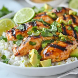 - 2 boneless, skinless chicken breasts - 1 tablespoon honey - 2 tablespoons lime juice - 2 cloves garlic, minced - 1 teaspoon ground cumin - 1 teaspoon chili powder - Salt and pepper to taste - 1 cup uncooked jasmine rice - 2 cups chicken broth (or vegetable broth) - 1 ripe avocado, diced - 1/4 cup fresh cilantro, chopped - Lime wedges for serving The main ingredients create a tasty balance of sweet and sour. The honey adds sweetness, while lime juice brings acidity. Garlic, cumin, and chili powder enhance the dish's depth. - Red onion, diced - Bell pepper, chopped - Black beans, drained - Corn, fresh or frozen Adding these can boost flavor and nutrition. Red onion adds a sharp bite, while bell pepper provides crunch. Black beans and corn make the dish heartier. - Chicken breasts can be replaced with thighs for more moisture. - Honey can be swapped for maple syrup for a different sweetness. - Jasmine rice can be switched with basmati or brown rice for variety. These substitutes keep the recipe similar while allowing personal taste. Adjusting ingredients can make the meal your own. {{ingredient_image_1}} First, grab a bowl. Whisk together 1 tablespoon of honey, 2 tablespoons of lime juice, and 2 minced garlic cloves. Add in 1 teaspoon of ground cumin and 1 teaspoon of chili powder. Season with salt and pepper. Mix well. Add the 2 boneless, skinless chicken breasts into the bowl. Make sure they get a nice coat of the marinade. Cover the bowl and place it in the fridge. Let it marinate for at least 30 minutes. For even more flavor, you can let it sit for up to 2 hours. Next, let’s prepare the rice. Start by rinsing 1 cup of jasmine rice under cold water. You want the water to run clear. This step helps remove excess starch. In a saucepan, add the rinsed rice and 2 cups of chicken broth. Bring it to a boil over medium-high heat. Once it boils, reduce the heat. Cover the pot and let it simmer for about 15 minutes. Check if the rice is tender and the liquid has absorbed. Once done, remove from heat and fluff the rice with a fork. While the rice cooks, heat a grill pan or skillet over medium-high heat. Take the marinated chicken out of the fridge. Place it on the hot grill. Cook each side for about 6-7 minutes. You want the chicken to reach an internal temperature of 165°F (75°C). After cooking, let the chicken rest for a few minutes. This step keeps it juicy. After resting, slice the chicken into strips. In a large bowl, combine the cooked rice and 1 diced ripe avocado. Gently fold in 1/4 cup of chopped fresh cilantro. Add more lime juice, salt, and pepper if you like. Now, plate a generous scoop of the avocado rice. Top it with the sliced honey lime chicken. For a fresh touch, garnish with lime wedges on the side. Enjoy your meal! To get great chicken, marinate it well. Mix honey, lime juice, garlic, cumin, and chili powder. Let the chicken sit in this mix for at least 30 minutes. If you can, go for two hours. This gives more flavor. Use a grill pan or skillet on medium-high heat. Cook each side for 6-7 minutes until it reaches 165°F. Resting the chicken for a few minutes helps keep it juicy. Start by rinsing the jasmine rice. This removes excess starch and helps it cook better. Use chicken broth instead of water for more taste. Bring the broth and rice to a boil, then reduce the heat. Cover the pot and let it simmer for about 15 minutes. When done, fluff it with a fork. This makes the rice light and fluffy. After cooking, let the chicken rest. This helps the juices settle. Use a sharp knife to slice the chicken. Cut against the grain for tender pieces. Aim for thin, even slices. This not only looks nice but also makes it easier to eat. Pro Tips Marination Magic: Allowing the chicken to marinate for at least 2 hours enhances the flavor significantly. For best results, marinate overnight in the fridge! Perfect Rice: Rinsing the jasmine rice before cooking removes excess starch, resulting in fluffier rice. Always use the right ratio of rice to liquid for perfect texture. Rest the Meat: Let the chicken rest for a few minutes after cooking. This allows the juices to redistribute, keeping the meat moist and flavorful. Freshness Factor: Adding fresh lime juice and cilantro just before serving brightens the dish and adds a burst of freshness that complements the honey lime chicken beautifully. {{image_2}} You can boost your Honey Lime Chicken Avocado Rice with tasty add-ons. Consider adding: - Black beans: They add protein and fiber. - Corn: Sweet corn brings nice texture and flavor. - Spinach: Fresh spinach adds vitamins and color. - Chopped bell peppers: They add crunch and sweetness. Mix these ingredients with the rice or use them as toppings. They will add nutrition and brightness to your meal. You can cook the chicken in various ways. Here are a few methods to try: - Grilling: This method gives a smoky flavor. Preheat your grill and cook the chicken for about 6-7 minutes on each side. - Baking: Cook the marinated chicken in a preheated oven at 375°F for 25-30 minutes. This method keeps the chicken juicy. - Pan-searing: Use a skillet over medium-high heat. Sear the chicken for a nice crust, cooking for about 6-7 minutes on each side. Each method changes the taste and texture, so feel free to explore what you like best. You can change the flavor of your dish easily. Here are some ideas: - Add spices: Try smoked paprika for a deeper taste. Chipotle powder gives a nice kick. - Use different citrus: Swap lime for lemon or orange for a new twist. - Fresh herbs: Add basil or mint instead of cilantro for unique flavors. Experimenting with these options lets you make this dish your own. Each change can create a whole new experience! To keep your Honey Lime Chicken Avocado Rice fresh, store it in an airtight container. Let the dish cool first. Place the chicken and rice in one container and the avocado in another. This keeps the avocado from browning. Leftovers can last in the fridge for up to three days. When reheating, it's best to use the microwave. Place the chicken and rice mixture in a bowl. Cover it with a damp paper towel. Heat for one to two minutes, checking halfway through. Stir well to ensure even heating. Avoid reheating the avocado. Add it fresh after warming the rice and chicken. If you want to freeze your dish, do so before adding the avocado. Place the chicken and rice in a freezer-safe bag. Squeeze out as much air as you can. Label the bag with the date. This meal can last in the freezer for up to three months. When ready to eat, thaw it overnight in the fridge and reheat as described above. Yes, you can use other rice types. Brown rice adds more fiber, but it takes longer to cook. Quinoa is another great choice; it's high in protein. Just adjust the cooking time and liquid based on the rice type you choose. If you want quick prep, instant rice works too. It cooks faster and still tastes great with this dish. Marinate the chicken for at least 30 minutes. This gives the flavors time to soak in. For a deeper taste, marinate for up to 2 hours. Avoid marinating too long, as the acidity from lime juice can change the chicken's texture. If you’re in a rush, even 15 minutes can help make the chicken tasty. Yes, this recipe is perfect for meal prep. You can cook a batch and store it in containers. The chicken and rice keep well in the fridge for up to four days. Just add the avocado fresh when you're ready to eat. This way, it stays creamy and delicious. Enjoy it for lunch or dinner throughout the week! This blog post covered key ingredients for a tasty dish, along with easy steps for cooking. We shared tips to make your chicken and rice perfect, plus helpful variations. Remember, you can adjust flavors and cooking methods for your taste. Store leftovers properly for future meals, and always check FAQ for answers to common questions. With these guidelines, you can create a delicious meal every time. Enjoy your cooking adventure!