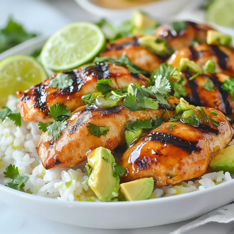 - 2 boneless, skinless chicken breasts - 1 tablespoon honey - 2 tablespoons lime juice - 2 cloves garlic, minced - 1 teaspoon ground cumin - 1 teaspoon chili powder - Salt and pepper to taste - 1 cup uncooked jasmine rice - 2 cups chicken broth (or vegetable broth) - 1 ripe avocado, diced - 1/4 cup fresh cilantro, chopped - Lime wedges for serving The main ingredients create a tasty balance of sweet and sour. The honey adds sweetness, while lime juice brings acidity. Garlic, cumin, and chili powder enhance the dish's depth. - Red onion, diced - Bell pepper, chopped - Black beans, drained - Corn, fresh or frozen Adding these can boost flavor and nutrition. Red onion adds a sharp bite, while bell pepper provides crunch. Black beans and corn make the dish heartier. - Chicken breasts can be replaced with thighs for more moisture. - Honey can be swapped for maple syrup for a different sweetness. - Jasmine rice can be switched with basmati or brown rice for variety. These substitutes keep the recipe similar while allowing personal taste. Adjusting ingredients can make the meal your own. {{ingredient_image_1}} First, grab a bowl. Whisk together 1 tablespoon of honey, 2 tablespoons of lime juice, and 2 minced garlic cloves. Add in 1 teaspoon of ground cumin and 1 teaspoon of chili powder. Season with salt and pepper. Mix well. Add the 2 boneless, skinless chicken breasts into the bowl. Make sure they get a nice coat of the marinade. Cover the bowl and place it in the fridge. Let it marinate for at least 30 minutes. For even more flavor, you can let it sit for up to 2 hours. Next, let’s prepare the rice. Start by rinsing 1 cup of jasmine rice under cold water. You want the water to run clear. This step helps remove excess starch. In a saucepan, add the rinsed rice and 2 cups of chicken broth. Bring it to a boil over medium-high heat. Once it boils, reduce the heat. Cover the pot and let it simmer for about 15 minutes. Check if the rice is tender and the liquid has absorbed. Once done, remove from heat and fluff the rice with a fork. While the rice cooks, heat a grill pan or skillet over medium-high heat. Take the marinated chicken out of the fridge. Place it on the hot grill. Cook each side for about 6-7 minutes. You want the chicken to reach an internal temperature of 165°F (75°C). After cooking, let the chicken rest for a few minutes. This step keeps it juicy. After resting, slice the chicken into strips. In a large bowl, combine the cooked rice and 1 diced ripe avocado. Gently fold in 1/4 cup of chopped fresh cilantro. Add more lime juice, salt, and pepper if you like. Now, plate a generous scoop of the avocado rice. Top it with the sliced honey lime chicken. For a fresh touch, garnish with lime wedges on the side. Enjoy your meal! To get great chicken, marinate it well. Mix honey, lime juice, garlic, cumin, and chili powder. Let the chicken sit in this mix for at least 30 minutes. If you can, go for two hours. This gives more flavor. Use a grill pan or skillet on medium-high heat. Cook each side for 6-7 minutes until it reaches 165°F. Resting the chicken for a few minutes helps keep it juicy. Start by rinsing the jasmine rice. This removes excess starch and helps it cook better. Use chicken broth instead of water for more taste. Bring the broth and rice to a boil, then reduce the heat. Cover the pot and let it simmer for about 15 minutes. When done, fluff it with a fork. This makes the rice light and fluffy. After cooking, let the chicken rest. This helps the juices settle. Use a sharp knife to slice the chicken. Cut against the grain for tender pieces. Aim for thin, even slices. This not only looks nice but also makes it easier to eat. Pro Tips Marination Magic: Allowing the chicken to marinate for at least 2 hours enhances the flavor significantly. For best results, marinate overnight in the fridge! Perfect Rice: Rinsing the jasmine rice before cooking removes excess starch, resulting in fluffier rice. Always use the right ratio of rice to liquid for perfect texture. Rest the Meat: Let the chicken rest for a few minutes after cooking. This allows the juices to redistribute, keeping the meat moist and flavorful. Freshness Factor: Adding fresh lime juice and cilantro just before serving brightens the dish and adds a burst of freshness that complements the honey lime chicken beautifully. {{image_2}} You can boost your Honey Lime Chicken Avocado Rice with tasty add-ons. Consider adding: - Black beans: They add protein and fiber. - Corn: Sweet corn brings nice texture and flavor. - Spinach: Fresh spinach adds vitamins and color. - Chopped bell peppers: They add crunch and sweetness. Mix these ingredients with the rice or use them as toppings. They will add nutrition and brightness to your meal. You can cook the chicken in various ways. Here are a few methods to try: - Grilling: This method gives a smoky flavor. Preheat your grill and cook the chicken for about 6-7 minutes on each side. - Baking: Cook the marinated chicken in a preheated oven at 375°F for 25-30 minutes. This method keeps the chicken juicy. - Pan-searing: Use a skillet over medium-high heat. Sear the chicken for a nice crust, cooking for about 6-7 minutes on each side. Each method changes the taste and texture, so feel free to explore what you like best. You can change the flavor of your dish easily. Here are some ideas: - Add spices: Try smoked paprika for a deeper taste. Chipotle powder gives a nice kick. - Use different citrus: Swap lime for lemon or orange for a new twist. - Fresh herbs: Add basil or mint instead of cilantro for unique flavors. Experimenting with these options lets you make this dish your own. Each change can create a whole new experience! To keep your Honey Lime Chicken Avocado Rice fresh, store it in an airtight container. Let the dish cool first. Place the chicken and rice in one container and the avocado in another. This keeps the avocado from browning. Leftovers can last in the fridge for up to three days. When reheating, it's best to use the microwave. Place the chicken and rice mixture in a bowl. Cover it with a damp paper towel. Heat for one to two minutes, checking halfway through. Stir well to ensure even heating. Avoid reheating the avocado. Add it fresh after warming the rice and chicken. If you want to freeze your dish, do so before adding the avocado. Place the chicken and rice in a freezer-safe bag. Squeeze out as much air as you can. Label the bag with the date. This meal can last in the freezer for up to three months. When ready to eat, thaw it overnight in the fridge and reheat as described above. Yes, you can use other rice types. Brown rice adds more fiber, but it takes longer to cook. Quinoa is another great choice; it's high in protein. Just adjust the cooking time and liquid based on the rice type you choose. If you want quick prep, instant rice works too. It cooks faster and still tastes great with this dish. Marinate the chicken for at least 30 minutes. This gives the flavors time to soak in. For a deeper taste, marinate for up to 2 hours. Avoid marinating too long, as the acidity from lime juice can change the chicken's texture. If you’re in a rush, even 15 minutes can help make the chicken tasty. Yes, this recipe is perfect for meal prep. You can cook a batch and store it in containers. The chicken and rice keep well in the fridge for up to four days. Just add the avocado fresh when you're ready to eat. This way, it stays creamy and delicious. Enjoy it for lunch or dinner throughout the week! This blog post covered key ingredients for a tasty dish, along with easy steps for cooking. We shared tips to make your chicken and rice perfect, plus helpful variations. Remember, you can adjust flavors and cooking methods for your taste. Store leftovers properly for future meals, and always check FAQ for answers to common questions. With these guidelines, you can create a delicious meal every time. Enjoy your cooking adventure!