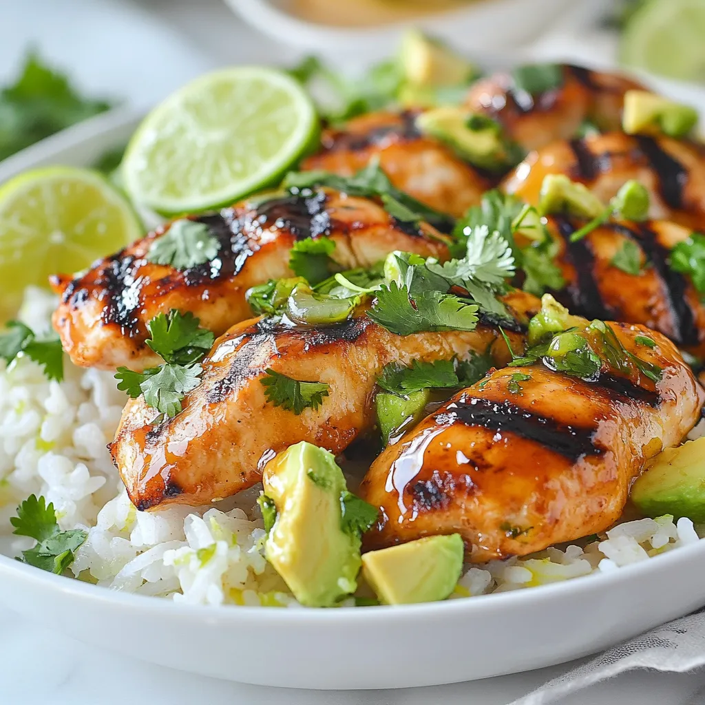 - 2 boneless, skinless chicken breasts - 1 tablespoon honey - 2 tablespoons lime juice - 2 cloves garlic, minced - 1 teaspoon ground cumin - 1 teaspoon chili powder - Salt and pepper to taste - 1 cup uncooked jasmine rice - 2 cups chicken broth (or vegetable broth) - 1 ripe avocado, diced - 1/4 cup fresh cilantro, chopped - Lime wedges for serving The main ingredients create a tasty balance of sweet and sour. The honey adds sweetness, while lime juice brings acidity. Garlic, cumin, and chili powder enhance the dish's depth. - Red onion, diced - Bell pepper, chopped - Black beans, drained - Corn, fresh or frozen Adding these can boost flavor and nutrition. Red onion adds a sharp bite, while bell pepper provides crunch. Black beans and corn make the dish heartier. - Chicken breasts can be replaced with thighs for more moisture. - Honey can be swapped for maple syrup for a different sweetness. - Jasmine rice can be switched with basmati or brown rice for variety. These substitutes keep the recipe similar while allowing personal taste. Adjusting ingredients can make the meal your own. {{ingredient_image_1}} First, grab a bowl. Whisk together 1 tablespoon of honey, 2 tablespoons of lime juice, and 2 minced garlic cloves. Add in 1 teaspoon of ground cumin and 1 teaspoon of chili powder. Season with salt and pepper. Mix well. Add the 2 boneless, skinless chicken breasts into the bowl. Make sure they get a nice coat of the marinade. Cover the bowl and place it in the fridge. Let it marinate for at least 30 minutes. For even more flavor, you can let it sit for up to 2 hours. Next, let’s prepare the rice. Start by rinsing 1 cup of jasmine rice under cold water. You want the water to run clear. This step helps remove excess starch. In a saucepan, add the rinsed rice and 2 cups of chicken broth. Bring it to a boil over medium-high heat. Once it boils, reduce the heat. Cover the pot and let it simmer for about 15 minutes. Check if the rice is tender and the liquid has absorbed. Once done, remove from heat and fluff the rice with a fork. While the rice cooks, heat a grill pan or skillet over medium-high heat. Take the marinated chicken out of the fridge. Place it on the hot grill. Cook each side for about 6-7 minutes. You want the chicken to reach an internal temperature of 165°F (75°C). After cooking, let the chicken rest for a few minutes. This step keeps it juicy. After resting, slice the chicken into strips. In a large bowl, combine the cooked rice and 1 diced ripe avocado. Gently fold in 1/4 cup of chopped fresh cilantro. Add more lime juice, salt, and pepper if you like. Now, plate a generous scoop of the avocado rice. Top it with the sliced honey lime chicken. For a fresh touch, garnish with lime wedges on the side. Enjoy your meal! To get great chicken, marinate it well. Mix honey, lime juice, garlic, cumin, and chili powder. Let the chicken sit in this mix for at least 30 minutes. If you can, go for two hours. This gives more flavor. Use a grill pan or skillet on medium-high heat. Cook each side for 6-7 minutes until it reaches 165°F. Resting the chicken for a few minutes helps keep it juicy. Start by rinsing the jasmine rice. This removes excess starch and helps it cook better. Use chicken broth instead of water for more taste. Bring the broth and rice to a boil, then reduce the heat. Cover the pot and let it simmer for about 15 minutes. When done, fluff it with a fork. This makes the rice light and fluffy. After cooking, let the chicken rest. This helps the juices settle. Use a sharp knife to slice the chicken. Cut against the grain for tender pieces. Aim for thin, even slices. This not only looks nice but also makes it easier to eat. Pro Tips Marination Magic: Allowing the chicken to marinate for at least 2 hours enhances the flavor significantly. For best results, marinate overnight in the fridge! Perfect Rice: Rinsing the jasmine rice before cooking removes excess starch, resulting in fluffier rice. Always use the right ratio of rice to liquid for perfect texture. Rest the Meat: Let the chicken rest for a few minutes after cooking. This allows the juices to redistribute, keeping the meat moist and flavorful. Freshness Factor: Adding fresh lime juice and cilantro just before serving brightens the dish and adds a burst of freshness that complements the honey lime chicken beautifully. {{image_2}} You can boost your Honey Lime Chicken Avocado Rice with tasty add-ons. Consider adding: - Black beans: They add protein and fiber. - Corn: Sweet corn brings nice texture and flavor. - Spinach: Fresh spinach adds vitamins and color. - Chopped bell peppers: They add crunch and sweetness. Mix these ingredients with the rice or use them as toppings. They will add nutrition and brightness to your meal. You can cook the chicken in various ways. Here are a few methods to try: - Grilling: This method gives a smoky flavor. Preheat your grill and cook the chicken for about 6-7 minutes on each side. - Baking: Cook the marinated chicken in a preheated oven at 375°F for 25-30 minutes. This method keeps the chicken juicy. - Pan-searing: Use a skillet over medium-high heat. Sear the chicken for a nice crust, cooking for about 6-7 minutes on each side. Each method changes the taste and texture, so feel free to explore what you like best. You can change the flavor of your dish easily. Here are some ideas: - Add spices: Try smoked paprika for a deeper taste. Chipotle powder gives a nice kick. - Use different citrus: Swap lime for lemon or orange for a new twist. - Fresh herbs: Add basil or mint instead of cilantro for unique flavors. Experimenting with these options lets you make this dish your own. Each change can create a whole new experience! To keep your Honey Lime Chicken Avocado Rice fresh, store it in an airtight container. Let the dish cool first. Place the chicken and rice in one container and the avocado in another. This keeps the avocado from browning. Leftovers can last in the fridge for up to three days. When reheating, it's best to use the microwave. Place the chicken and rice mixture in a bowl. Cover it with a damp paper towel. Heat for one to two minutes, checking halfway through. Stir well to ensure even heating. Avoid reheating the avocado. Add it fresh after warming the rice and chicken. If you want to freeze your dish, do so before adding the avocado. Place the chicken and rice in a freezer-safe bag. Squeeze out as much air as you can. Label the bag with the date. This meal can last in the freezer for up to three months. When ready to eat, thaw it overnight in the fridge and reheat as described above. Yes, you can use other rice types. Brown rice adds more fiber, but it takes longer to cook. Quinoa is another great choice; it's high in protein. Just adjust the cooking time and liquid based on the rice type you choose. If you want quick prep, instant rice works too. It cooks faster and still tastes great with this dish. Marinate the chicken for at least 30 minutes. This gives the flavors time to soak in. For a deeper taste, marinate for up to 2 hours. Avoid marinating too long, as the acidity from lime juice can change the chicken's texture. If you’re in a rush, even 15 minutes can help make the chicken tasty. Yes, this recipe is perfect for meal prep. You can cook a batch and store it in containers. The chicken and rice keep well in the fridge for up to four days. Just add the avocado fresh when you're ready to eat. This way, it stays creamy and delicious. Enjoy it for lunch or dinner throughout the week! This blog post covered key ingredients for a tasty dish, along with easy steps for cooking. We shared tips to make your chicken and rice perfect, plus helpful variations. Remember, you can adjust flavors and cooking methods for your taste. Store leftovers properly for future meals, and always check FAQ for answers to common questions. With these guidelines, you can create a delicious meal every time. Enjoy your cooking adventure!
