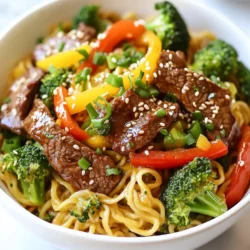 - 200g beef sirloin, thinly sliced - 200g egg noodles - 1 bell pepper, sliced (any color) - 1 cup broccoli florets To make this dish, I use beef sirloin for its rich taste and tender texture. This cut cooks fast and pairs well with stir-fries. I also choose egg noodles because they soak up sauce and add a nice chew. Fresh vegetables like bell pepper and broccoli give crunch and color. They add nutrients and a fresh taste to the meal. - 3 tablespoons soy sauce - 1 tablespoon oyster sauce (optional) - 1 tablespoon sesame oil The key to great flavor lies in the sauces. I use soy sauce for saltiness and depth. Oyster sauce adds a unique taste that enhances the beef. Lastly, sesame oil gives a warm, nutty aroma, making the dish feel special. - 1 teaspoon chili flakes (adjust to taste) - 2 green onions, chopped - Salt and pepper to taste For a spicy kick, I recommend adding chili flakes. You can adjust the amount based on your heat preference. Green onions offer a fresh finish, while salt and pepper are essential for balancing flavors. You can always tweak these to match your taste. {{ingredient_image_1}} To cook egg noodles, start by boiling water in a pot. Add a pinch of salt to the water. Once the water boils, add the noodles. Cook them for about 3 to 5 minutes or until they are soft. Stir them gently to prevent sticking. When done, drain the noodles and rinse with cold water. This stops the cooking process and keeps the noodles firm. For the beef, I recommend using sirloin. It has great flavor and tenderness. Slice it thinly against the grain. This helps the meat stay tender when cooked. Season the beef with salt and pepper before cooking. Heat vegetable oil in a wok over medium-high heat. Add the beef and stir-fry for 2 to 3 minutes. Look for a nice brown color. This adds flavor. Once browned, remove the beef and set it aside. Next, we stir-fry the vegetables. In the same wok, add minced garlic and grated ginger. Stir quickly for about 30 seconds. This brings out their lovely aromas. Then, add sliced bell pepper and broccoli florets. Stir-fry for another 2 to 3 minutes. You want them to stay vibrant and crisp. They should be tender but not mushy. Now it’s time to combine everything. Return the cooked beef to the wok. Pour in soy sauce, oyster sauce, sesame oil, and chili flakes. Toss all the ingredients together. Cook for about one more minute. This helps the flavors meld. Finally, add the cooked noodles to the wok. Gently mix everything until the noodles are hot and well-coated in sauce. Remove the wok from heat. Garnish with chopped green onions for a fresh touch. For this dish, I recommend using beef sirloin. It cooks quickly and stays tender. You can also try flank steak or ribeye if you want something richer. Both options work well and taste great. Heat is key for a great stir fry. Use medium-high heat for best results. This helps the beef brown nicely without overcooking. Cook the beef for just 2-3 minutes. Remove it before adding veggies. Once the beef is out, add garlic and ginger. Stir them for 30 seconds. This brings out their flavors. Then, add your veggies and cook for another 2-3 minutes. Keep them crisp for the best texture. For a pretty presentation, serve your stir fry in bowls. Top with extra green onions for color. A sprinkle of sesame seeds adds a nice crunch. You can also add lime wedges on the side. The lime brings a fresh taste that brightens the dish. Pro Tips Slice Against the Grain: This helps to ensure the beef is tender and easy to chew, making for a more enjoyable meal. Prep Ingredients Ahead: Having all your vegetables and sauces ready to go can help speed up cooking, ensuring everything stays fresh and vibrant. Adjust the Heat: If you prefer a milder dish, reduce the chili flakes. For more heat, consider adding fresh chili or a dash of hot sauce. Use Leftover Proteins: This recipe is flexible! Feel free to swap in leftover chicken, pork, or tofu for a quick and easy meal. {{image_2}} You can swap beef for chicken, shrimp, or tofu. Each option brings a new taste. - Chicken: Use thin slices of chicken breast. Cook it until golden brown, just like beef. - Shrimp: Shrimp cooks fast. Add it when your veggies are nearly done. - Tofu: Use firm tofu for a plant-based option. Press it to remove water, then cube it. Feel free to change the veggies based on your likes or what's in season. - Carrots: Slice them thinly for a sweet crunch. - Snap peas: Add these for a fresh, crisp texture. - Zucchini: Cut into half-moons. It cooks quickly and absorbs flavors well. Mix up the sauces to create your unique dish. - Teriyaki sauce: This sweet sauce adds a nice glaze. - Hoisin sauce: Use it for a richer, sweeter taste. - Sriracha: Add this for a spicy kick. Adjust based on your heat preference. Exploring these variations can make cooking more fun and keep your meals exciting! To keep your beef stir fry noodles fresh, let them cool first. Place them in an airtight container. Store the container in the fridge. This helps keep the flavors intact. Leftovers can last for about three days in the fridge. Always check for any strange smells or colors before eating. When you want to enjoy your leftovers, reheat them gently. Use a microwave or a skillet on low heat. If using a skillet, add a splash of water or broth. This helps prevent the noodles from becoming dry. Stir often until everything is warmed through. This keeps the texture of the beef and veggies nice. If you have extra stir fry, you can freeze it. First, cool the dish completely. Then, divide it into portions in freezer-safe bags. Remove as much air as possible before sealing. Label the bags with the date. You can freeze the stir fry for up to three months. When ready to eat, thaw it in the fridge overnight before reheating. Yes, you can make this dish ahead. Here are some tips for meal prep: - Cook the beef: Stir-fry the beef and cool it. - Prep the veggies: Slice bell peppers and broccoli. Store them in the fridge. - Noodles: You can cook the noodles a day early. Just rinse and cool them. - Combine before serving: Reheat the beef and veggies, then mix with noodles and sauce. If you need a soy sauce substitute, try these: - Tamari: A gluten-free option with a similar taste. - Coconut aminos: A low-sodium alternative made from coconut sap. - Homemade mix: Combine beef broth, vinegar, and a bit of sugar for a quick fix. Stir fry lasts about 3-4 days in the fridge if stored properly. Here are some tips: - Cool quickly: Let it cool before putting it in the fridge. - Use airtight containers: This keeps the dish fresh longer. - Check for spoilage: If it smells off or looks strange, toss it out. This blog post covered all you need to know about making a fantastic stir-fry. We discussed key ingredients, cooking tips, storage methods, and tasty variations. By following the steps, you can create a meal that's both quick and fun. Don’t be afraid to mix in your favorite veggies or proteins. With practice, you’ll become a stir-fry expert in no time. Enjoy the process, and make each dish your own!