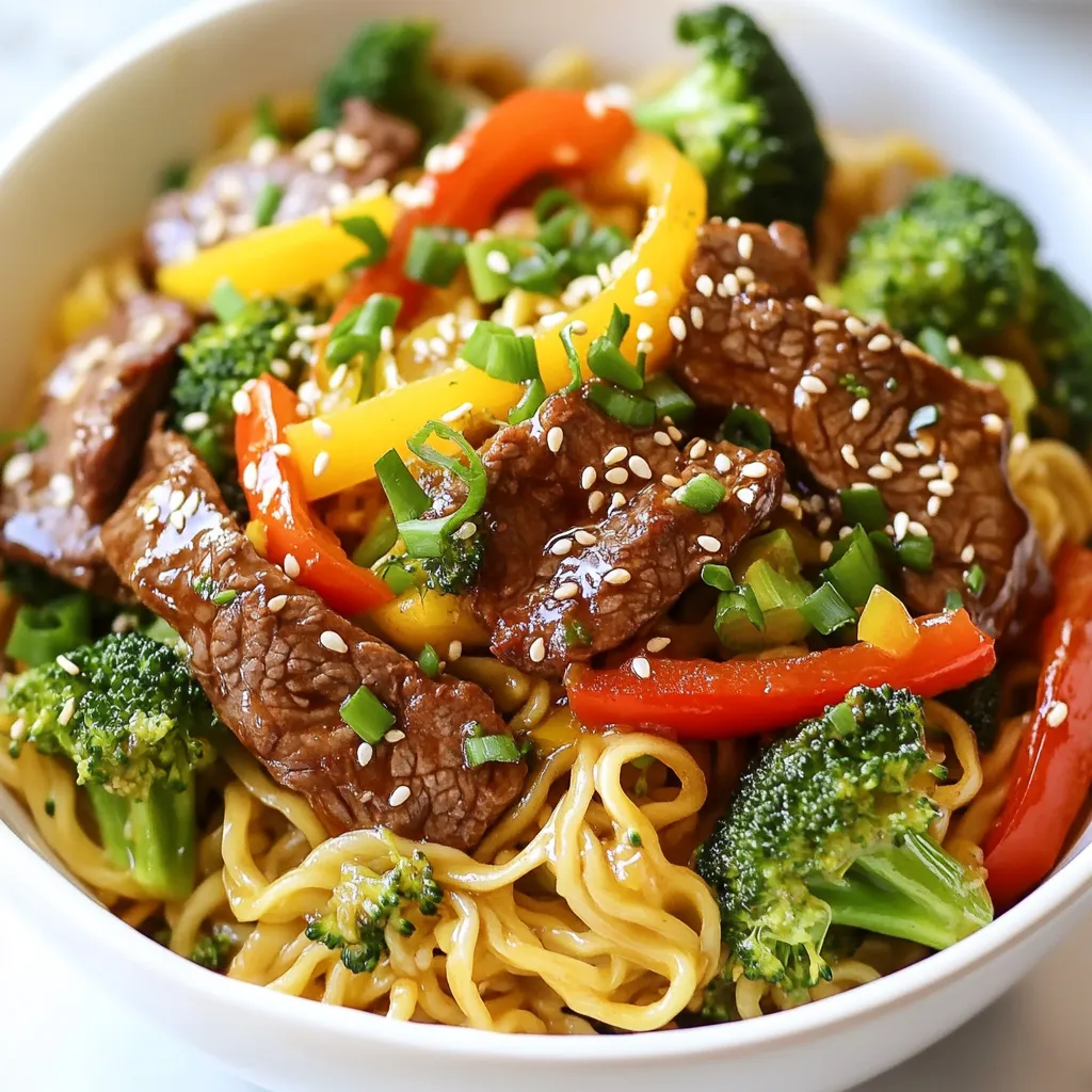 - 200g beef sirloin, thinly sliced - 200g egg noodles - 1 bell pepper, sliced (any color) - 1 cup broccoli florets To make this dish, I use beef sirloin for its rich taste and tender texture. This cut cooks fast and pairs well with stir-fries. I also choose egg noodles because they soak up sauce and add a nice chew. Fresh vegetables like bell pepper and broccoli give crunch and color. They add nutrients and a fresh taste to the meal. - 3 tablespoons soy sauce - 1 tablespoon oyster sauce (optional) - 1 tablespoon sesame oil The key to great flavor lies in the sauces. I use soy sauce for saltiness and depth. Oyster sauce adds a unique taste that enhances the beef. Lastly, sesame oil gives a warm, nutty aroma, making the dish feel special. - 1 teaspoon chili flakes (adjust to taste) - 2 green onions, chopped - Salt and pepper to taste For a spicy kick, I recommend adding chili flakes. You can adjust the amount based on your heat preference. Green onions offer a fresh finish, while salt and pepper are essential for balancing flavors. You can always tweak these to match your taste. {{ingredient_image_1}} To cook egg noodles, start by boiling water in a pot. Add a pinch of salt to the water. Once the water boils, add the noodles. Cook them for about 3 to 5 minutes or until they are soft. Stir them gently to prevent sticking. When done, drain the noodles and rinse with cold water. This stops the cooking process and keeps the noodles firm. For the beef, I recommend using sirloin. It has great flavor and tenderness. Slice it thinly against the grain. This helps the meat stay tender when cooked. Season the beef with salt and pepper before cooking. Heat vegetable oil in a wok over medium-high heat. Add the beef and stir-fry for 2 to 3 minutes. Look for a nice brown color. This adds flavor. Once browned, remove the beef and set it aside. Next, we stir-fry the vegetables. In the same wok, add minced garlic and grated ginger. Stir quickly for about 30 seconds. This brings out their lovely aromas. Then, add sliced bell pepper and broccoli florets. Stir-fry for another 2 to 3 minutes. You want them to stay vibrant and crisp. They should be tender but not mushy. Now it’s time to combine everything. Return the cooked beef to the wok. Pour in soy sauce, oyster sauce, sesame oil, and chili flakes. Toss all the ingredients together. Cook for about one more minute. This helps the flavors meld. Finally, add the cooked noodles to the wok. Gently mix everything until the noodles are hot and well-coated in sauce. Remove the wok from heat. Garnish with chopped green onions for a fresh touch. For this dish, I recommend using beef sirloin. It cooks quickly and stays tender. You can also try flank steak or ribeye if you want something richer. Both options work well and taste great. Heat is key for a great stir fry. Use medium-high heat for best results. This helps the beef brown nicely without overcooking. Cook the beef for just 2-3 minutes. Remove it before adding veggies. Once the beef is out, add garlic and ginger. Stir them for 30 seconds. This brings out their flavors. Then, add your veggies and cook for another 2-3 minutes. Keep them crisp for the best texture. For a pretty presentation, serve your stir fry in bowls. Top with extra green onions for color. A sprinkle of sesame seeds adds a nice crunch. You can also add lime wedges on the side. The lime brings a fresh taste that brightens the dish. Pro Tips Slice Against the Grain: This helps to ensure the beef is tender and easy to chew, making for a more enjoyable meal. Prep Ingredients Ahead: Having all your vegetables and sauces ready to go can help speed up cooking, ensuring everything stays fresh and vibrant. Adjust the Heat: If you prefer a milder dish, reduce the chili flakes. For more heat, consider adding fresh chili or a dash of hot sauce. Use Leftover Proteins: This recipe is flexible! Feel free to swap in leftover chicken, pork, or tofu for a quick and easy meal. {{image_2}} You can swap beef for chicken, shrimp, or tofu. Each option brings a new taste. - Chicken: Use thin slices of chicken breast. Cook it until golden brown, just like beef. - Shrimp: Shrimp cooks fast. Add it when your veggies are nearly done. - Tofu: Use firm tofu for a plant-based option. Press it to remove water, then cube it. Feel free to change the veggies based on your likes or what's in season. - Carrots: Slice them thinly for a sweet crunch. - Snap peas: Add these for a fresh, crisp texture. - Zucchini: Cut into half-moons. It cooks quickly and absorbs flavors well. Mix up the sauces to create your unique dish. - Teriyaki sauce: This sweet sauce adds a nice glaze. - Hoisin sauce: Use it for a richer, sweeter taste. - Sriracha: Add this for a spicy kick. Adjust based on your heat preference. Exploring these variations can make cooking more fun and keep your meals exciting! To keep your beef stir fry noodles fresh, let them cool first. Place them in an airtight container. Store the container in the fridge. This helps keep the flavors intact. Leftovers can last for about three days in the fridge. Always check for any strange smells or colors before eating. When you want to enjoy your leftovers, reheat them gently. Use a microwave or a skillet on low heat. If using a skillet, add a splash of water or broth. This helps prevent the noodles from becoming dry. Stir often until everything is warmed through. This keeps the texture of the beef and veggies nice. If you have extra stir fry, you can freeze it. First, cool the dish completely. Then, divide it into portions in freezer-safe bags. Remove as much air as possible before sealing. Label the bags with the date. You can freeze the stir fry for up to three months. When ready to eat, thaw it in the fridge overnight before reheating. Yes, you can make this dish ahead. Here are some tips for meal prep: - Cook the beef: Stir-fry the beef and cool it. - Prep the veggies: Slice bell peppers and broccoli. Store them in the fridge. - Noodles: You can cook the noodles a day early. Just rinse and cool them. - Combine before serving: Reheat the beef and veggies, then mix with noodles and sauce. If you need a soy sauce substitute, try these: - Tamari: A gluten-free option with a similar taste. - Coconut aminos: A low-sodium alternative made from coconut sap. - Homemade mix: Combine beef broth, vinegar, and a bit of sugar for a quick fix. Stir fry lasts about 3-4 days in the fridge if stored properly. Here are some tips: - Cool quickly: Let it cool before putting it in the fridge. - Use airtight containers: This keeps the dish fresh longer. - Check for spoilage: If it smells off or looks strange, toss it out. This blog post covered all you need to know about making a fantastic stir-fry. We discussed key ingredients, cooking tips, storage methods, and tasty variations. By following the steps, you can create a meal that's both quick and fun. Don’t be afraid to mix in your favorite veggies or proteins. With practice, you’ll become a stir-fry expert in no time. Enjoy the process, and make each dish your own!
