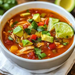 To make Chicken Enchilada Soup, gather these ingredients: - 2 tablespoons olive oil - 1 medium onion, diced - 2 cloves garlic, minced - 1 bell pepper (any color), diced - 1 jalapeño, seeded and minced - 1 teaspoon ground cumin - 1 teaspoon chili powder - 1/2 teaspoon smoked paprika - 4 cups chicken broth - 1 can (15 oz) black beans, drained and rinsed - 1 can (15 oz) corn, drained - 2 cups cooked chicken, shredded (rotisserie chicken works great) - 1 can (10 oz) red enchilada sauce - Salt and pepper to taste - Fresh cilantro, chopped (for garnish) - Avocado slices (for garnish) - Lime wedges (for serving) These ingredients blend to create a rich and tasty soup. You can find most of them in your local grocery store. Using fresh ingredients makes a big difference. The spices add warmth and depth. The chicken broth is the base for flavor and richness. Each ingredient plays its part in making this soup special. {{ingredient_image_1}} 1. In a large pot, heat 2 tablespoons of olive oil over medium heat. 2. Add 1 medium diced onion. Sauté for 3-4 minutes until soft and clear. 3. Now, stir in 2 minced cloves of garlic. Add 1 diced bell pepper and 1 minced jalapeño. 4. Cook for another 2-3 minutes. This softens the veggies and builds flavor. 1. Next, sprinkle in 1 teaspoon of ground cumin, 1 teaspoon of chili powder, and 1/2 teaspoon of smoked paprika. 2. Stir well to coat the veggies with the spices. Cook for 1 minute. This wakes up the spices and releases their aroma. 3. Pour in 4 cups of chicken broth. This is the base of your soup. 1. Add 1 can of drained and rinsed black beans and 1 can of drained corn. 2. Toss in 2 cups of shredded cooked chicken. Stir everything together. 3. Pour in 1 can of red enchilada sauce. Mix well to combine all the flavors. 4. Bring the soup to a gentle simmer. Lower the heat and let it cook for 10-15 minutes. This time allows the flavors to meld beautifully. Sautéing your vegetables is key. When you heat the olive oil, add the onion first. This softens the onion and brings out its sweet flavor. Next, add the garlic, bell pepper, and jalapeño. This step builds a nice base for the soup. Cook these for a few minutes to let the flavors blend. Letting the flavors meld is also important. After combining the broth, beans, corn, and chicken, let the soup simmer. This allows all the spices and ingredients to come together. Taste the soup before serving. Adjust the salt and pepper if needed. Using rotisserie chicken is a great time-saver. It adds rich flavor and cuts down on prep time. You can also switch up the beans. Try pinto beans or kidney beans for a different taste. Feel free to add more veggies too! Zucchini, spinach, or even diced tomatoes can make the soup even better. These additions boost nutrition and flavor. Garnishes can elevate your soup. Fresh cilantro adds a bright touch. Avocado slices add creaminess, while lime wedges give a zesty kick. For sides, consider tortilla chips or cornbread. They add crunch and round out the meal. A simple side salad also works well. Enjoy your Chicken Enchilada Soup with these tasty extras! Pro Tips Use Rotisserie Chicken: For a quick and easy option, shredded rotisserie chicken adds flavor and saves time in preparation. Adjust the Heat: If you prefer a milder soup, reduce the amount of jalapeño or omit it altogether. Conversely, add more for extra heat! Customize Your Toppings: Feel free to add additional toppings such as shredded cheese, sour cream, or tortilla strips for added texture and flavor. Make It Ahead: This soup can be made in advance and stored in the refrigerator for up to 3 days. Reheat on the stove before serving. {{image_2}} For a vegetarian twist, swap the chicken for chickpeas or lentils. These options add protein and texture. You can also use roasted veggies like zucchini, mushrooms, or sweet potatoes for a hearty soup. Want a kick? Add more jalapeños or a splash of hot sauce for heat. You can also use spicy enchilada sauce to amp up the flavor. Adjust the amount to suit your taste. For a creamy version, add heavy cream or shredded cheese to the pot. This makes the soup rich and smooth. Reduce the broth slightly for a thicker, creamier texture. The result is a cozy, comforting dish perfect for chilly nights. To store leftovers, let the soup cool down first. Transfer it to an airtight container. This keeps the soup fresh and tasty. You can store it in the fridge for about 3 to 4 days. Make sure to label the container with the date. This way, you won't forget when you made it. For freezing soup, use freezer-safe containers or bags. Leave some space at the top for expansion. You can freeze the soup for up to 3 months. When you're ready to eat, take it out and thaw it in the fridge overnight. For quick thawing, place it in a bowl of cold water. To reheat, pour the soup into a pot. Heat it on low until it's warm. Stir often to keep it from sticking. You can also use the microwave for quick reheating. Just cover the bowl with a microwave-safe lid and heat in short bursts. Enjoy your delicious soup anytime! Chicken enchilada soup lasts about three to four days in the fridge. Make sure to store it in an airtight container. This keeps the soup fresh and safe to eat. Before serving, check for any off smells or changes in texture. If it seems good, just reheat and enjoy! Yes, you can use frozen chicken for this recipe. Just make sure to thaw it first. You can do this overnight in the fridge or in cold water for a quicker method. Cooked chicken, like rotisserie, works great too. It saves time and adds flavor! There are many tasty toppings you can use. Here are some ideas: - Fresh cilantro - Avocado slices - Lime wedges - Shredded cheese - Sour cream - Tortilla strips These toppings add flavor and texture to your soup. Feel free to mix and match based on your taste! You now know how to make a tasty chicken enchilada soup. We covered the ingredients, preparation steps, and tips for the best flavor. I shared ideas for variations and how to store your soup. Remember to try garnishes like cilantro and lime for extra zest. This dish is easy to adapt for different diets. Make it your own, and enjoy a warm bowl anytime!