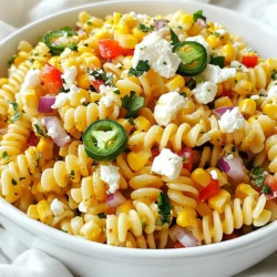 - 8 ounces rotini or fusilli pasta - 1 cup sweet corn kernels (fresh or frozen) - 1 red bell pepper, diced - 1/2 red onion, finely chopped - 2 tablespoons lime juice - 3 tablespoons olive oil - 1 teaspoon smoked paprika - 1/2 teaspoon chili powder - 1/2 cup crumbled feta cheese - 1/2 cup cilantro, chopped - Sliced jalapeños for heat - Salt and pepper for seasoning The base of this dish is the pasta. I love using rotini or fusilli. They hold the sauce well and add a fun twist to the salad. You can use fresh corn on the cob or frozen corn. If you grill fresh corn, it adds a nice charred flavor. The sweet corn pairs well with the crunchy veggies. I like to add diced red bell pepper and finely chopped red onion for color and crunch. The dressing is simple but packed with flavor. Lime juice and olive oil make a zesty base. Smoked paprika and chili powder add warmth and depth. Feta cheese brings a creamy, salty bite, and fresh cilantro adds brightness. If you want some heat, sliced jalapeños can spice things up. Don't forget to season with salt and pepper to taste. These ingredients come together to make a vibrant and tasty salad. Each bite is a burst of flavor, making it perfect for a picnic or a family meal. {{ingredient_image_1}} First, take a big pot and fill it with water. Add salt to the water and bring it to a boil. Once the water is bubbling, add 8 ounces of rotini or fusilli pasta. Cook it until it is al dente, which means it should be firm but not hard. This usually takes about 8 to 10 minutes. After cooking, drain the pasta in a colander. Rinse it under cold water to stop the cooking process and cool it down. Now, let’s get the corn ready. If you have fresh corn, grill it on medium-high heat for about 10 minutes. Turn the corn often so it gets nice char marks. Once done, let it cool for a bit, then cut the kernels off the cob. If you are using frozen corn, just sauté it in a pan for about 2 to 3 minutes. Make sure it is heated through. In a large bowl, mix the cooled pasta, corn, diced red bell pepper, and chopped red onion. This will give a nice crunch and color to your salad. Next, you’ll make the dressing. In a small bowl, whisk together 2 tablespoons of lime juice, 3 tablespoons of olive oil, 1 teaspoon of smoked paprika, and 1/2 teaspoon of chili powder. Add salt and pepper to taste. Pour this dressing over your pasta mixture. Toss everything gently until it is all well coated. Finally, fold in 1/2 cup of crumbled feta cheese and 1/2 cup of chopped cilantro. This adds a fresh taste and creamy texture. If you like heat, feel free to add sliced jalapeños for an extra kick! You can switch up the pasta type. Try penne or shells instead of rotini or fusilli. Each pasta shape brings a new texture and feel. You can also add or leave out veggies. If you love tomatoes, toss in some cherry tomatoes. Prefer zucchini? Slice it up and mix it in! Want a kick? Add sliced jalapeños to the salad. They can bring a nice heat. If you like it spicy, adjust the amount. You can also mix in more spices. Try cumin or garlic powder for extra flavor. These additions can make the salad even tastier. Serve your salad in a colorful bowl or a big platter. Bright colors make the dish pop! For a fun touch, garnish with extra feta and fresh cilantro on top. This makes the salad look even more appealing. The eye loves what it sees, and a pretty dish can make it more enjoyable to eat! Pro Tips Use Fresh Ingredients: Fresh corn and vegetables enhance the flavor and texture of the salad, making each bite more vibrant and enjoyable. Customize Your Heat: Adjust the level of spiciness by adding more or fewer jalapeños based on your preference, or try using a different type of pepper. Chill for Flavor: Allow the salad to chill in the refrigerator for about 30 minutes before serving to let the flavors meld beautifully. Variations are Key: Feel free to add other ingredients like black beans, avocado, or grilled chicken for a heartier salad that suits your taste. {{image_2}} Store your street corn pasta salad in the fridge. It lasts about 3 to 5 days. Use an airtight container to keep it fresh. Glass containers work great as they do not stain. You can also use plastic containers, just make sure they seal well. Freezing this salad is not ideal. The pasta may become mushy when thawed. If you must freeze, do not add cheese or fresh herbs. They do not freeze well. Instead, freeze the pasta and corn mixture on its own. When ready, thaw it in the fridge overnight before adding the fresh ingredients. To enjoy leftovers, let the salad sit at room temp for 10 to 15 minutes. This helps bring back the flavors. If it seems dry, drizzle a bit of olive oil or lime juice. Toss gently to mix. You can also eat it cold straight from the fridge. For a fresh taste, add more cilantro and a squeeze of lime just before serving. You can change up the cheese to fit your taste. Cotija or goat cheese works great. These cheeses add a different flavor and texture. Seasonal vegetables also make a nice swap. Try zucchini or cherry tomatoes for a fresh twist. Want it vegan? Swap the feta for a plant-based cheese. This keeps the taste and makes it suitable for everyone. For a gluten-free option, use gluten-free pasta. It cooks like regular pasta and tastes just as good. Spice things up by adding different herbs or spices. Cilantro gives a nice fresh taste, but you can also use parsley or basil. If you want extra protein, mix in grilled chicken or black beans. This adds heartiness and makes the salad more filling. You can easily make this salad ahead of time. First, cook the pasta and let it cool. Then, mix it with the corn and veggies. Make the dressing, but store it separately. When ready to serve, just combine everything. This keeps the salad fresh and tasty. You can make it up to a day in advance. Just remember to add the cheese and cilantro before serving. Yes, you can use canned corn. It’s quick and easy. Just drain and rinse the corn before adding it to your salad. Canned corn may lack some crunch, but it still tastes good. To boost flavor, you could sauté it briefly in a pan. This adds warmth and depth to your dish. Feel free to get creative! Here are some fun ideas: - Black beans: They add protein and fiber. - Avocado: It gives creaminess and healthy fats. - Cherry tomatoes: They add sweetness and color. - Corn chips: For crunch on top. - Lime zest: Extra zing for flavor. You can mix and match these ingredients to suit your taste! This blog post outlines how to make a tasty Street Corn Pasta Salad. We discussed the key ingredients like pasta, corn, veggies, and a zesty dressing. I shared step-by-step cooking instructions, helpful tips, and variations to fit your taste. Enjoying this salad can spark creativity in your kitchen. Feel free to swap ingredients for what you love. With a few simple steps, you can create a dish that delights everyone. Try it out and have fun customizing your recipe!
