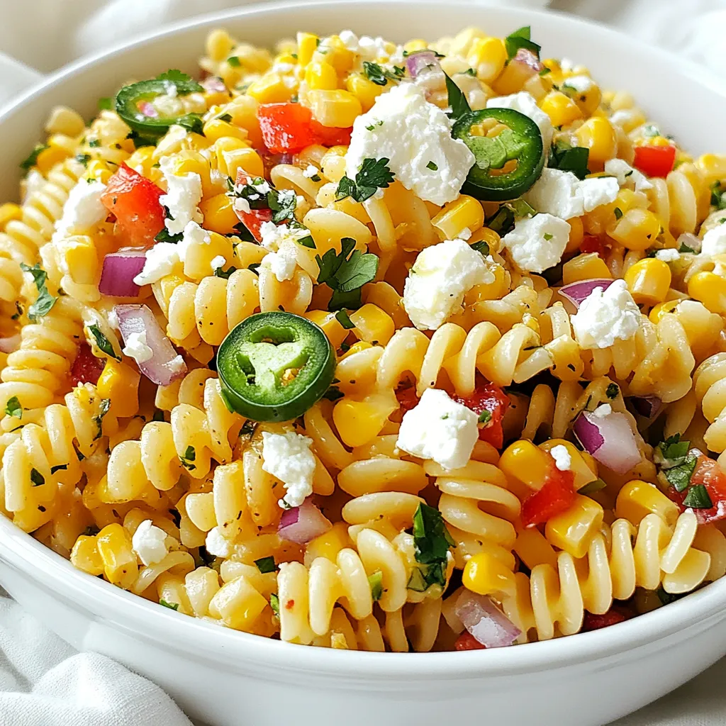 - 8 ounces rotini or fusilli pasta - 1 cup sweet corn kernels (fresh or frozen) - 1 red bell pepper, diced - 1/2 red onion, finely chopped - 2 tablespoons lime juice - 3 tablespoons olive oil - 1 teaspoon smoked paprika - 1/2 teaspoon chili powder - 1/2 cup crumbled feta cheese - 1/2 cup cilantro, chopped - Sliced jalapeños for heat - Salt and pepper for seasoning The base of this dish is the pasta. I love using rotini or fusilli. They hold the sauce well and add a fun twist to the salad. You can use fresh corn on the cob or frozen corn. If you grill fresh corn, it adds a nice charred flavor. The sweet corn pairs well with the crunchy veggies. I like to add diced red bell pepper and finely chopped red onion for color and crunch. The dressing is simple but packed with flavor. Lime juice and olive oil make a zesty base. Smoked paprika and chili powder add warmth and depth. Feta cheese brings a creamy, salty bite, and fresh cilantro adds brightness. If you want some heat, sliced jalapeños can spice things up. Don't forget to season with salt and pepper to taste. These ingredients come together to make a vibrant and tasty salad. Each bite is a burst of flavor, making it perfect for a picnic or a family meal. {{ingredient_image_1}} First, take a big pot and fill it with water. Add salt to the water and bring it to a boil. Once the water is bubbling, add 8 ounces of rotini or fusilli pasta. Cook it until it is al dente, which means it should be firm but not hard. This usually takes about 8 to 10 minutes. After cooking, drain the pasta in a colander. Rinse it under cold water to stop the cooking process and cool it down. Now, let’s get the corn ready. If you have fresh corn, grill it on medium-high heat for about 10 minutes. Turn the corn often so it gets nice char marks. Once done, let it cool for a bit, then cut the kernels off the cob. If you are using frozen corn, just sauté it in a pan for about 2 to 3 minutes. Make sure it is heated through. In a large bowl, mix the cooled pasta, corn, diced red bell pepper, and chopped red onion. This will give a nice crunch and color to your salad. Next, you’ll make the dressing. In a small bowl, whisk together 2 tablespoons of lime juice, 3 tablespoons of olive oil, 1 teaspoon of smoked paprika, and 1/2 teaspoon of chili powder. Add salt and pepper to taste. Pour this dressing over your pasta mixture. Toss everything gently until it is all well coated. Finally, fold in 1/2 cup of crumbled feta cheese and 1/2 cup of chopped cilantro. This adds a fresh taste and creamy texture. If you like heat, feel free to add sliced jalapeños for an extra kick! You can switch up the pasta type. Try penne or shells instead of rotini or fusilli. Each pasta shape brings a new texture and feel. You can also add or leave out veggies. If you love tomatoes, toss in some cherry tomatoes. Prefer zucchini? Slice it up and mix it in! Want a kick? Add sliced jalapeños to the salad. They can bring a nice heat. If you like it spicy, adjust the amount. You can also mix in more spices. Try cumin or garlic powder for extra flavor. These additions can make the salad even tastier. Serve your salad in a colorful bowl or a big platter. Bright colors make the dish pop! For a fun touch, garnish with extra feta and fresh cilantro on top. This makes the salad look even more appealing. The eye loves what it sees, and a pretty dish can make it more enjoyable to eat! Pro Tips Use Fresh Ingredients: Fresh corn and vegetables enhance the flavor and texture of the salad, making each bite more vibrant and enjoyable. Customize Your Heat: Adjust the level of spiciness by adding more or fewer jalapeños based on your preference, or try using a different type of pepper. Chill for Flavor: Allow the salad to chill in the refrigerator for about 30 minutes before serving to let the flavors meld beautifully. Variations are Key: Feel free to add other ingredients like black beans, avocado, or grilled chicken for a heartier salad that suits your taste. {{image_2}} Store your street corn pasta salad in the fridge. It lasts about 3 to 5 days. Use an airtight container to keep it fresh. Glass containers work great as they do not stain. You can also use plastic containers, just make sure they seal well. Freezing this salad is not ideal. The pasta may become mushy when thawed. If you must freeze, do not add cheese or fresh herbs. They do not freeze well. Instead, freeze the pasta and corn mixture on its own. When ready, thaw it in the fridge overnight before adding the fresh ingredients. To enjoy leftovers, let the salad sit at room temp for 10 to 15 minutes. This helps bring back the flavors. If it seems dry, drizzle a bit of olive oil or lime juice. Toss gently to mix. You can also eat it cold straight from the fridge. For a fresh taste, add more cilantro and a squeeze of lime just before serving. You can change up the cheese to fit your taste. Cotija or goat cheese works great. These cheeses add a different flavor and texture. Seasonal vegetables also make a nice swap. Try zucchini or cherry tomatoes for a fresh twist. Want it vegan? Swap the feta for a plant-based cheese. This keeps the taste and makes it suitable for everyone. For a gluten-free option, use gluten-free pasta. It cooks like regular pasta and tastes just as good. Spice things up by adding different herbs or spices. Cilantro gives a nice fresh taste, but you can also use parsley or basil. If you want extra protein, mix in grilled chicken or black beans. This adds heartiness and makes the salad more filling. You can easily make this salad ahead of time. First, cook the pasta and let it cool. Then, mix it with the corn and veggies. Make the dressing, but store it separately. When ready to serve, just combine everything. This keeps the salad fresh and tasty. You can make it up to a day in advance. Just remember to add the cheese and cilantro before serving. Yes, you can use canned corn. It’s quick and easy. Just drain and rinse the corn before adding it to your salad. Canned corn may lack some crunch, but it still tastes good. To boost flavor, you could sauté it briefly in a pan. This adds warmth and depth to your dish. Feel free to get creative! Here are some fun ideas: - Black beans: They add protein and fiber. - Avocado: It gives creaminess and healthy fats. - Cherry tomatoes: They add sweetness and color. - Corn chips: For crunch on top. - Lime zest: Extra zing for flavor. You can mix and match these ingredients to suit your taste! This blog post outlines how to make a tasty Street Corn Pasta Salad. We discussed the key ingredients like pasta, corn, veggies, and a zesty dressing. I shared step-by-step cooking instructions, helpful tips, and variations to fit your taste. Enjoying this salad can spark creativity in your kitchen. Feel free to swap ingredients for what you love. With a few simple steps, you can create a dish that delights everyone. Try it out and have fun customizing your recipe!