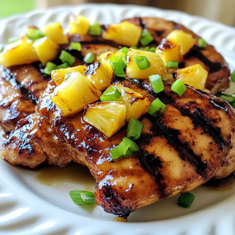To make Brown Sugar Pineapple Chicken, you will need: - 4 boneless, skinless chicken breasts - 1 cup fresh pineapple chunks (or canned, drained) - 1/2 cup brown sugar - 1/4 cup soy sauce - 1/4 cup chicken broth - 2 tablespoons apple cider vinegar - 1 tablespoon garlic, minced - 1 tablespoon fresh ginger, grated - 1 teaspoon red pepper flakes (optional, for heat) - 2 tablespoons olive oil - Salt and pepper to taste - Chopped green onions for garnish If you can't find some ingredients, don't worry! Here are some swaps: - Chicken breasts: You can use thighs for more flavor. - Brown sugar: White sugar or coconut sugar works fine too. - Soy sauce: Use tamari for a gluten-free option. - Apple cider vinegar: White vinegar or lemon juice can be used. - Fresh pineapple: Canned pineapple chunks are a quick substitute. Choosing the right pineapple is key for great flavor. Here are some tips: - Look for a pineapple with a sweet smell at the base. - The skin should be firm but slightly soft when pressed. - Check for bright, green leaves at the top. - Avoid pineapples with brown spots or shriveled leaves. These steps help ensure your dish is sweet and juicy! {{ingredient_image_1}} First, get a big bowl. In this bowl, mix the brown sugar, soy sauce, chicken broth, apple cider vinegar, minced garlic, and grated ginger. If you like heat, add the red pepper flakes. This mix is your marinade. Now, put the chicken breasts in the marinade. Make sure they are covered well. Cover the bowl and place it in the fridge. Let it sit for at least 30 minutes. If you have time, letting it marinate for up to 4 hours gives better flavor. You can cook the chicken in two ways: using a skillet or grilling. If you choose the skillet, heat olive oil in a large skillet over medium-high heat. This helps the chicken cook evenly. If you’re grilling, preheat your grill to medium-high. This method adds a nice smoky flavor. Both methods work well, but grilling can make the chicken a bit juicier. While the chicken cooks, use the marinade left in your bowl. Pour it into a small saucepan. Bring it to a boil, then lower the heat. Let it simmer for about 5-7 minutes. This will make the sauce thick and yummy. During the last few minutes of cooking, add fresh pineapple chunks to the skillet or grill. The heat will caramelize the pineapple, making it sweet. Once the chicken is done, drizzle the thick sauce over the chicken and pineapple. Let it rest before slicing. Marinating chicken helps it absorb flavor. First, mix brown sugar, soy sauce, chicken broth, apple cider vinegar, garlic, ginger, and optional red pepper flakes. This mix makes a tasty marinade. Place the chicken in the marinade and cover it well. Refrigerate for at least 30 minutes. For more flavor, you can marinate it up to 4 hours. The longer you marinate, the better the taste. To get a perfect sear, use a hot skillet or grill. Heat olive oil over medium-high heat until it shimmers. This shows it's ready. Remove the chicken from the marinade, letting extra drip off. Place the chicken in the pan or on the grill. Cook each side for about 6-8 minutes. You want a golden-brown crust. Check that the chicken reaches an internal temperature of 165°F (75°C). This ensures it's safe to eat. If you like some heat, add red pepper flakes to the marinade. Start with 1 teaspoon and adjust based on your taste. You can also add fresh sliced jalapeños or a dash of hot sauce when cooking. This adds a nice kick without overpowering the dish. Enjoy experimenting with different spice levels! Pro Tips Marination Time: Allow the chicken to marinate for at least 1 hour for optimal flavor absorption, but if time permits, marinate it overnight for a richer taste. Grilling Tip: If grilling, oil the grill grates before placing the chicken to prevent sticking and achieve beautiful grill marks. Pineapple Preparation: For a sweeter flavor, use fresh pineapple and grill it alongside the chicken for a caramelized texture. Sauce Thickness: For a thicker sauce, allow it to simmer longer after boiling, but be careful not to let it burn. {{image_2}} You can switch out the chicken for other proteins. Tofu works great for a vegan dish. Its texture soaks up flavors well. You can also use pork. Pork tenderloin adds a nice twist. Both options keep the dish tasty and satisfying. Want to make it even better? Add bell peppers for a crunch. They bring color and flavor. You can also use snap peas or broccoli. These veggies add nutrition and texture. Mix them in during the last few minutes of cooking. This way, they stay crisp and vibrant. Serve the Brown Sugar Pineapple Chicken over rice for a classic meal. White rice absorbs the sauce nicely. You could also try noodles for a change. Both pair well with the sweet and tangy sauce. Garnish with chopped green onions for a fresh touch. Enjoy your flavorful dinner delight! After enjoying your Brown Sugar Pineapple Chicken, it’s key to store leftovers right. Let the chicken cool first. Place it in an airtight container. Make sure the pineapple chunks go in, too. This keeps the flavors fresh. Store it in the fridge for up to three days. To reheat your chicken, use the oven for best results. Preheat your oven to 350°F (175°C). Place the chicken in a baking dish. Cover it with foil to keep moisture in. Heat for about 15-20 minutes. Check that it’s warm all the way through. If you want to use the microwave, place it on a plate. Heat in short bursts, checking often to avoid drying it out. You can freeze Brown Sugar Pineapple Chicken for longer storage. Seal it in a freezer-safe bag or container. Remove as much air as possible. It can last up to three months in the freezer. To thaw, move it to the fridge overnight. For a quicker option, use a microwave on the defrost setting. Once thawed, reheat as mentioned above. Enjoy your delicious meal later! Yes, you can use frozen chicken. Just make sure to thaw it first. The best way to thaw chicken is in the fridge overnight. If you're in a hurry, you can use the microwave. Remember, the chicken must be fully thawed for the marinade to soak in well. The chicken is done when it reaches 165°F (75°C) inside. You can check this using a meat thermometer. If you don't have one, cut into the thickest part. The meat should be white, not pink. Clear juices should run from the chicken when it is cooked. Absolutely! You can prepare the marinade a day in advance. Store it in the fridge until you're ready to use it. This helps the flavors blend well. Just remember to keep the chicken separate until you’re ready to marinate. This blog post covers making a great pineapple chicken dish. We explored the key ingredients, cooking steps, and tips for marinating. You learned how to choose fresh pineapple and select the right cooking method. We discussed variations like using tofu or adding veggies. Lastly, we talked about how to store leftovers and reheating them. Now, you have the tools to create a delicious meal. Enjoy cooking and experimenting with these tips!