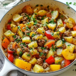 - 1 pound ground turkey - 4 medium potatoes, diced - 1 medium onion, chopped - 3 cloves garlic, minced - 1 cup bell peppers, diced - 1 tablespoon olive oil The main ingredients in this dish are simple yet full of flavor. Ground turkey is lean and cooks quickly. Potatoes add heartiness and texture. Aromatics like onion and garlic bring out the best in every bite. Bell peppers add a sweet crunch, making the meal colorful. - 1 teaspoon paprika - 1 teaspoon dried thyme - 1 teaspoon dried oregano - Salt and pepper to taste Spices are key for great taste. Paprika adds warmth and a hint of smokiness. Thyme and oregano provide earthy notes. Use salt and pepper to bring all flavors together. I suggest starting with a pinch of each, then adjusting to your taste. - 1 cup chicken broth Chicken broth is important for this recipe. It adds moisture and depth of flavor. As the dish cooks, the potatoes soak up the broth, making them soft and tasty. Always use low-sodium broth to keep the dish balanced. {{ingredient_image_1}} Start by prepping your ingredients. Gather everything first for a smooth cooking flow. Use a sharp knife for easy chopping. Dice the potatoes, chop the onion, mince the garlic, and dice the bell peppers. Ensure all pieces are about the same size. This helps them cook evenly and makes the dish look great. Next, heat the olive oil in a large skillet over medium heat. Add the chopped onion and sauté for 2-3 minutes. You want the onion to become soft and clear, not brown. Then, add the ground turkey. Use a wooden spoon to break it apart. Stir in the minced garlic. Cook until the turkey turns brown and is no longer pink, about 5-7 minutes. This step is key to flavor. After the turkey is cooked, add your spices. Mix in the paprika, thyme, oregano, salt, and pepper. Stir well to coat the meat. Now, add the diced potatoes and bell peppers. Pour in the chicken broth, making sure the potatoes are mostly covered. Bring it to a gentle boil, then lower the heat. Cover the pan and let it simmer for 20-25 minutes. This helps the flavors blend. Before serving, taste your dish. Adjust the seasoning if needed. Give it a good stir to mix everything. Serve hot, garnished with fresh parsley for color. Enjoy your one-pan meal! To keep ground turkey moist, do not overcook it. Cook it just until it turns brown. Adding a splash of chicken broth can also help. This keeps the meat juicy and tender. For well-cooked potatoes, cut them into equal sizes. This ensures they cook evenly. Stir them often while they simmer. This way, they absorb all the delicious flavors. Want to jazz up your dish? Add some red pepper flakes for heat. You can also mix in a splash of soy sauce for a twist. If you prefer a milder dish, omit the spicy elements. For dietary needs, swap the turkey for ground chicken or beef. You can even use lentils for a tasty vegetarian option. This keeps the meal flexible for everyone. Serve the dish straight from the pan for a cozy look. If you want it fancy, transfer it to a large serving bowl. Add a sprinkle of fresh parsley on top for a bright touch. This adds color and makes the dish pop! Pro Tips Ingredient Substitution: If you don't have ground turkey, you can use ground chicken or beef as a substitute for a different flavor profile. Herb Freshness: Fresh herbs can elevate this dish. If you have fresh thyme or oregano, feel free to use them instead of dried for a more vibrant taste. Potato Cooking Tip: To ensure even cooking, try to cut the potatoes into uniform sizes. This will help them cook at the same rate. Make It Spicy: If you like some heat, consider adding a pinch of red pepper flakes or diced jalapeños to the mix for an extra kick. {{image_2}} You can swap ground turkey for chicken or beef. Both options work well. Chicken offers a lighter taste, while beef adds richness. You can also try ground pork for a different flavor. For a vegetarian version, use lentils or beans. These choices give you protein while keeping it plant-based. Feel free to mix in seasonal veggies. Carrots, zucchini, or squash all add flavor and color. You can also add greens like spinach or kale. These greens boost nutrition and add a nice texture. Just toss them in during the last few minutes of cooking for the best results. Want some heat? Add chili peppers for a spicy kick. You can use fresh or dried peppers based on your taste. For unique flavors, try different herbs. Fresh basil, cilantro, or rosemary can change the dish completely. Experimenting with these options can make your one-pan meal exciting and new each time. To store leftovers properly, use airtight containers. This keeps your food fresh and safe. Make sure the dish cools down before sealing it. The shelf life of this dish in the fridge is about 3 to 4 days. For freezing, let the dish cool completely first. Portion it into smaller containers to save space. Use freezer-safe bags if you prefer. This helps maintain flavor and texture. To reheat, thaw the dish in the fridge overnight before cooking. When reheating, use the stove or microwave. For the stove, heat on low until warm. Stir often to avoid hot spots. If using a microwave, cover the dish to keep moisture in. This helps avoid overcooking during reheating. Always check if it's hot throughout before serving. It takes about 40 minutes in total. This includes 10 minutes to prep and 30 minutes to cook. You spend 10 minutes chopping and prepping all your ingredients. Cooking the dish takes about 30 minutes, with 20-25 minutes for simmering. This simple timing makes it easy to fit into any busy day. Yes, you can use sweet potatoes! They add a sweet flavor and soft texture. Regular potatoes are starchy, while sweet potatoes are sweeter and creamier. This change alters the taste but can be a fun twist. Just note that sweet potatoes may cook faster, so check them a bit earlier. This one-pan meal is filling, but some sides can make it better. A fresh green salad adds crunch and brightness. Steamed broccoli or green beans can add color and nutrients. For a heartier meal, serve it with crusty bread or warm rolls. These sides complete your dinner and make it more enjoyable. In this blog post, we explored how to make a tasty one-pan dish with ground turkey and potatoes. You learned about key ingredients, tips for cooking, and ways to enhance flavors. Remember to choose fresh veggies and have fun with spices. Try different proteins and sides to mix things up. Storing leftovers right helps maintain taste. I hope you feel ready to create this dish with confidence. Enjoy your cooking adventure!