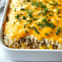 To make my Hamburger Rice Casserole, gather these simple ingredients: - 1 pound ground beef - 1 cup uncooked long-grain white rice - 1 can (10.5 oz) cream of mushroom soup - 2 cups beef broth - 1 cup shredded cheddar cheese - 1 cup frozen mixed vegetables (peas, carrots, corn) - 1 medium onion, chopped - 2 cloves garlic, minced - 1 teaspoon Italian seasoning - Salt and pepper to taste - 2 tablespoons olive oil Each item plays a key role in creating a hearty meal. The ground beef provides protein and flavor. The rice absorbs all the tasty juices, and the cream of mushroom soup adds creaminess. The beef broth enhances the flavor, making every bite rich and savory. Don’t forget the shredded cheddar cheese! It adds a melty, cheesy goodness that everyone loves. The frozen mixed vegetables bring color and nutrients to the dish. The onion and garlic add depth, while the Italian seasonings tie everything together. This list keeps things simple yet flavorful. You can find all these items at your local store. Let’s get cooking! {{ingredient_image_1}} 1. Preheating the oven: Start by preheating your oven to 350°F (175°C). This will ensure that your casserole cooks evenly. 2. Preparing the skillet: In a large skillet, heat 2 tablespoons of olive oil over medium heat. You want it hot enough to sauté the onions. 3. Cooking the ground beef: Add 1 medium chopped onion and 2 cloves of minced garlic. Cook them for about 3-4 minutes until the onion is soft. Then, add 1 pound of ground beef. Cook it for 5-7 minutes, breaking it up with a spoon. Season with 1 teaspoon of Italian seasoning, salt, and pepper to taste. 1. Mixing rice and vegetables: In a large mixing bowl, combine 1 cup of uncooked long-grain white rice, 1 can of cream of mushroom soup, and 2 cups of beef broth. Add 1 cup of frozen mixed vegetables, which can include peas, carrots, and corn. Stir everything until it’s well mixed. 2. Adding beef to the mixture: Once your beef is browned, add it to the mixing bowl. Stir the beef into the rice and vegetable mixture, ensuring everything is combined well. 1. Transferring to baking dish: Grease a 9x13-inch baking dish. Pour the combined mixture into the dish, spreading it evenly. 2. Covering and baking: Cover the dish with aluminum foil. Place it in the preheated oven and bake for 35 minutes. This helps the rice cook properly. 3. Final cheese addition: After 35 minutes, remove the foil. Sprinkle 1 cup of shredded cheddar cheese on top. Bake uncovered for an additional 10-15 minutes, until the cheese is melted and bubbly. Let the casserole cool for a few minutes before serving. Enjoy this hearty and simple meal! - To avoid overcooking the beef, cook it just until browned. Use medium heat and break it up. This keeps the meat juicy and tender. - For perfect cheese melting, add cheese at the end of baking. This keeps it creamy and gooey. Broil it for a minute if you like a crispy top. - For presentation, serve in bowls with a sprinkle of fresh parsley on top. This adds color and makes it look nice. - Pair it with a side salad or some crusty bread. These add crunch and balance to the meal. You can also serve it with steamed vegetables for more nutrition. Pro Tips Use Lean Ground Beef: Opt for lean ground beef to reduce grease and enhance the overall flavor of the casserole. Customize Your Vegetables: Feel free to swap out the frozen mixed vegetables for your favorite fresh or seasonal veggies for added nutrition. Perfect Cheese Melting: For an extra cheesy topping, broil the casserole for a few minutes after baking to get a golden crust. Make Ahead: Prepare the casserole the night before and store it in the fridge. Just pop it in the oven when ready to bake! {{image_2}} You can switch the ground beef for ground turkey or chicken. This keeps the dish leaner. If you go with turkey, watch the cooking time. It might cook faster. Feel free to change the vegetables too. Use fresh veggies like bell peppers or zucchini. You can also swap in a bag of frozen broccoli or spinach. Both add color and nutrients. Herbs and spices can change the flavor a lot. Try adding paprika for a smoky taste. You can use cumin for warmth or add chili powder for heat. Experiment and find what you love! Cheese is another fun way to mix things up. Instead of cheddar, try mozzarella for a gooey texture. You can even use pepper jack for a spicy kick. Each cheese brings its own flavor. To keep your Hamburger Rice Casserole fresh, use these simple steps: - Refrigeration tips: Place any leftover casserole in an airtight container. It will last about 3 to 4 days in the fridge. Make sure the casserole is cooled before sealing the lid. This helps prevent moisture buildup. - Freezing the casserole: You can freeze the casserole for longer storage. Cut it into portions and wrap them tightly in plastic wrap. Then place the wrapped portions in a freezer-safe bag. The casserole can stay good for up to 3 months in the freezer. Just remember to label the bag with the date. When you want to enjoy your casserole again, follow these reheating tips: - Best methods for reheating: The oven is best for reheating. Preheat your oven to 350°F (175°C). Place the casserole in an oven-safe dish. Cover it with foil to keep it moist. Heat for about 20-25 minutes or until heated through. You can also use the microwave for quick reheating. Just cover it with a microwave-safe lid and heat in short bursts, stirring in between. - Maintaining the flavor and texture: To keep the flavor and texture, avoid overheating. This can dry out the casserole. If using the microwave, add a few drops of water before covering. This helps to keep it moist. Enjoy your meal just as you did the first time! Hamburger Rice Casserole can last for about 3 to 5 days in your fridge. Make sure to store it in an airtight container. This keeps it fresh and tasty for longer. Yes, you can make this dish ahead of time. Prep it the night before and store it in the fridge. Just bake it when you're ready to eat. This makes dinner easy on busy nights. You can serve a side salad or some garlic bread with this casserole. A simple green salad adds crunch and freshness. Garlic bread is great for soaking up the cheesy goodness. Absolutely! You can swap ground beef with lentils or mushrooms. Use vegetable broth instead of beef broth. This way, you keep all the great flavors while making it plant-based. This blog post outlined how to create a tasty Hamburger Rice Casserole. You learned about the key ingredients, from ground beef to cheddar cheese. I provided step-by-step instructions for cooking and baking. You also got tips for serving and storing leftovers. In closing, this dish is simple, filling, and versatile. It’s perfect for any meal, and you can make it your own. Enjoy this easy recipe with your family tonight!