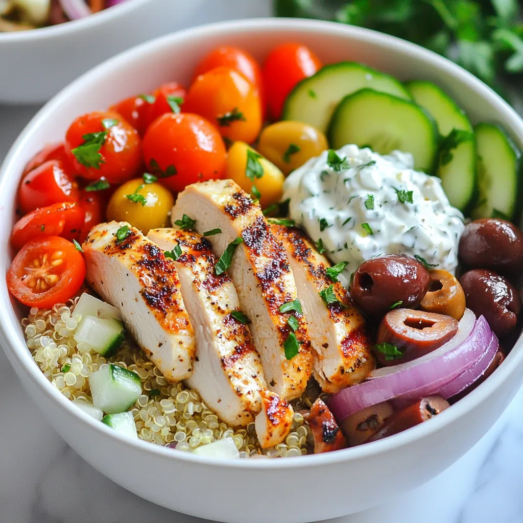- 2 cups cooked quinoa - 2 boneless, skinless chicken breasts - 1 tablespoon olive oil - 2 teaspoons dried oregano - 1 teaspoon garlic powder - Salt and pepper to taste - 1 cucumber, diced - 1 cup cherry tomatoes, halved - 1/2 red onion, thinly sliced - 1/2 cup Kalamata olives, pitted and halved - 1 cup feta cheese, crumbled - 1/4 cup fresh parsley, chopped - 1 lemon, zested and juiced - 1/2 cup tzatziki sauce (store-bought or homemade) When making Greek chicken grain bowls, you want fresh and flavorful ingredients. First, cooked quinoa serves as a base. It’s nutty and adds protein. For the main protein, boneless, skinless chicken breasts work best. They grill nicely and soak up all the flavors. A tablespoon of olive oil helps season the chicken. Next, let's talk about seasonings. Dried oregano offers a classic Greek flavor. Garlic powder adds depth. Don't forget salt and pepper to make all the flavors pop. For toppings, you'll want lots of color and crunch. Diced cucumber gives a refreshing bite. Halved cherry tomatoes add sweetness. Thinly sliced red onion brings a sharp note. Kalamata olives add brininess, while crumbled feta cheese gives a creamy texture. Fresh parsley brightens everything up. The lemon zest and juice add acidity, balancing the dish. Finally, tzatziki sauce adds a cool creaminess, making every bite special. With these ingredients, your Greek chicken grain bowl will shine. Enjoy the fresh flavors and health benefits they bring! {{ingredient_image_1}} - Preheat your grill or grill pan over medium-high heat. This step is key for nice grill marks. - In a small bowl, mix 1 tablespoon of olive oil, 2 teaspoons of dried oregano, and 1 teaspoon of garlic powder. Add salt and pepper to taste. Brush this mix over the chicken breasts. This will add great flavor. - Grill the chicken for about 6-7 minutes on each side. Check that it reaches 165°F (75°C). Once cooked, remove it from the grill and let it rest for 5 minutes. This makes it juicy and easier to slice. - In a large mixing bowl, combine 2 cups of cooked quinoa with 1 diced cucumber, 1 cup of halved cherry tomatoes, 1/2 thinly sliced red onion, and 1/2 cup of halved Kalamata olives. These add color and crunch. - Squeeze the juice from 1 lemon and add the zest to the quinoa mix. This brightens the flavors. Season with salt and pepper to taste and toss gently to combine. - Divide the quinoa mixture evenly among serving bowls. This ensures everyone gets a good serving. - Top each bowl with sliced grilled chicken. Add a generous dollop of tzatziki sauce for creaminess. - Garnish with 1/4 cup of chopped fresh parsley. It adds a nice touch of color and freshness. This dish is not only tasty but also looks beautiful. Enjoy the vibrant colors and fresh flavors! - Cook quinoa in advance. This saves time on busy days. - Marinate chicken overnight. It helps the chicken soak up flavor. - Use medium-high heat for grilling. Grill chicken for 6-7 minutes per side. - If you prefer, cook the chicken in the oven at 375°F for 25-30 minutes. - For stovetop cooking, use a grill pan over medium heat and follow grill times. - Pair your grain bowls with warm pita or a fresh Greek salad. - For a great presentation, serve in colorful bowls. Place tzatziki in the center. - Garnish with lemon wedges and extra parsley for a bright touch. Pro Tips Marinate for Flavor: For extra flavor, marinate the chicken in the olive oil and spice mixture for at least 30 minutes before grilling. Perfect Quinoa: To achieve fluffy quinoa, rinse it under cold water before cooking to remove bitterness, and use a 2:1 water-to-quinoa ratio. Fresh Ingredients: Use fresh, ripe vegetables and herbs for the best flavor and presentation in your grain bowls. Customize Your Bowl: Feel free to add or substitute ingredients such as roasted vegetables or different types of cheese for variety. {{image_2}} You can switch up the protein in your Greek chicken grain bowls. Grilled shrimp works great here. It adds a nice flavor and cooks fast. Tofu is another good choice. Marinated tofu soaks in all the tasty flavors. It makes the dish plant-based and filling. You can also try marinated lamb. This brings a rich taste that pairs well with the other ingredients. If you want to change the base, consider using brown rice or farro instead of quinoa. Both grains have a hearty texture and work well with the toppings. For a low-carb version, use cauliflower rice. It’s light and absorbs the flavors of the dish. This option is great if you are watching carbs but still want a satisfying meal. You can make this dish vegetarian too. Just omit the chicken and add chickpeas for protein. Chickpeas are packed with nutrients and add a nice bite. Roasted vegetables are another tasty addition. They add color and flavor. You can roast bell peppers, zucchini, or eggplant for a delicious twist. To keep your Greek chicken grain bowls fresh, store them in the fridge. Use airtight containers to seal in flavor and moisture. This dish lasts about 3 to 4 days when stored properly. Always check for any off smells or changes in texture before eating leftovers. You can also freeze Greek chicken grain bowls. Freeze each component separately for the best results. Cooked quinoa and grilled chicken freeze well. Store them in freezer-safe bags or containers. For the veggies and toppings, it’s best to add them fresh later. When you’re ready to eat, thaw the quinoa and chicken in the fridge overnight. Reheat your grain bowls gently to avoid drying them out. Use the microwave at low power or warm them in a skillet on the stove. Add a splash of water or olive oil to keep the chicken juicy. For easy meals, portion out the bowls ahead of time. This way, you can grab just what you need. Cooking quinoa is quick and easy. It usually takes about 15 minutes. You need a water ratio of 2:1. For every cup of quinoa, use two cups of water. Bring the water to a boil, then add the quinoa. Lower the heat, cover, and let it simmer. Once the water absorbs, fluff it with a fork. Yes, you can. Feel free to mix it up! Here are some great options: - Bell peppers add color and crunch. - Spinach gives a nice green boost. - Zucchini adds a mild flavor. - Carrots can add sweetness. You can even use frozen veggies if fresh are not available. Not at all! Tzatziki is simple to make. Here’s a quick recipe: - Use 1 cup of Greek yogurt. - Grate half a cucumber and squeeze out the excess water. - Mix the cucumber with the yogurt. - Add 1 teaspoon of garlic, 1 tablespoon of lemon juice, and a pinch of salt. - Stir everything together and let it chill. This sauce pairs perfectly with your grain bowls! In this article, we explored the delicious quinoa grain bowl recipe packed with grilled chicken and fresh veggies. I shared tips for meal prep, cooking methods, and tasty variations. This dish is not only healthy but also very versatile. You can customize it to fit your taste and dietary needs. Enjoy making and sharing this wholesome meal with friends or family! It’s a simple way to bring joy to your table.
