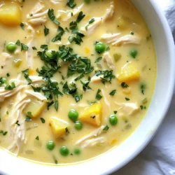 - 2 boneless, skinless chicken breasts - 4 medium-sized potatoes, peeled and diced - 1 large onion, diced - 3 cloves garlic, minced In Chicken Potato Soup, the main ingredients create a hearty base. The chicken breasts provide protein. They also add a rich flavor. Potatoes bring a creamy texture and absorb the soup’s essence. Onions and garlic add depth to the taste. Together, they make a comforting meal. - 3 cups chicken broth - 1 cup heavy cream Chicken broth forms the heart of the soup. It enhances the flavor and keeps it warm. Heavy cream adds richness and a silky feel. This combination turns a simple soup into a creamy delight. The broth and cream work well together to create a luscious texture. - 2 tablespoons olive oil - 1 teaspoon dried thyme - 1 teaspoon paprika - Salt and pepper to taste - Fresh parsley for garnish Olive oil helps to sauté the onions and garlic. It adds a nice flavor and allows them to caramelize. Thyme offers a subtle earthiness. Paprika gives a hint of warmth and color. Salt and pepper balance the flavors. Fresh parsley adds a pop of color and freshness at the end. Each component enhances the overall taste of your soup. {{ingredient_image_1}} To start, I heat olive oil in a large pot over medium heat. This step helps build flavor. Once the oil is hot, I add the diced onion. I sauté the onion until it turns translucent, about 3-4 minutes. Then, I add the minced garlic. I cook it for another 1-2 minutes until it smells amazing. Next, I add the boneless chicken breasts to the pot. I sear each side for about 4-5 minutes. This gives the chicken a nice golden color. After searing the chicken, I pour in the chicken broth. Then, I add the diced potatoes, dried thyme, paprika, salt, and pepper. I bring the mixture to a boil. Once boiling, I reduce the heat to a simmer and cover the pot. I let it cook for about 20 minutes. The potatoes should become tender during this time. Once the potatoes are soft, I carefully remove the chicken from the pot. I use two forks to shred the chicken into bite-sized pieces. Then, I return the shredded chicken back to the pot. Finally, I stir in the heavy cream and frozen peas. I cook it for another 5 minutes until everything is heated through. Before serving, I taste and adjust the seasoning if needed. I love to garnish the soup with fresh parsley for a pop of color. To make this soup perfect, choose the right potatoes. I like using Yukon Gold or red potatoes. They hold their shape well and lend a creamy texture. Cut them into even pieces. This helps them cook at the same rate. When it comes to seasoning, taste as you go. Add salt and pepper in small amounts. You can always add more, but you can’t take it out. Fresh herbs also boost the flavor. A sprinkle of fresh parsley at the end adds a nice touch. For this recipe, a heavy pot works best. I prefer a Dutch oven. It heats evenly and keeps the soup warm. You will also need two forks for shredding the chicken. If you have a mixer, that can work too. Just be careful not to shred it too fine. One mistake is overcooking the chicken. Cook it just until golden brown. It will finish cooking in the soup. If you cook it too long, it becomes dry. Another mistake is forgetting to adjust seasonings. After adding cream and peas, taste the soup again. You might need more salt or pepper. Adjusting seasonings makes a big difference in flavor. Pro Tips Perfectly Shredded Chicken: To ensure your chicken shreds easily, let it rest for a few minutes after cooking before shredding it with forks. Flavor Boost: For an added depth of flavor, consider marinating the chicken in a mix of olive oil, thyme, and paprika for at least 30 minutes before cooking. Adjusting Creaminess: If you prefer a lighter dish, you can replace half of the heavy cream with milk or a non-dairy alternative while maintaining creaminess. Vegetable Variations: Feel free to add other vegetables like carrots or corn to the soup for more nutrients and flavor. {{image_2}} Substituting proteins You can swap chicken with turkey or even beef. Tofu works for a vegetarian option. These changes keep the soup tasty and hearty. Dairy-free options If you need a dairy-free soup, use coconut milk instead of heavy cream. Almond milk is another choice but may change the flavor slightly. Both options will still create a rich texture. Adding herbs and spices Herbs like rosemary or basil can uplift the flavor. You might also try a pinch of cayenne for heat. Experimenting with spices can make your soup unique. Incorporating vegetables Feel free to add carrots, corn, or even green beans. These veggies not only add color but also boost nutrition. Play with what you have on hand for a custom dish. Pairing with bread or salad This soup goes great with crusty bread or a fresh salad. A side of garlic bread can enhance the meal too. These sides complement the creamy soup well. Creative garnishes Top your soup with crispy bacon bits or a sprinkle of cheese. Fresh herbs, like parsley or chives, add brightness and flair. These simple touches can make your soup feel gourmet. You can store Chicken Potato Soup in the fridge for up to four days. To keep it fresh, let the soup cool to room temperature. Then, transfer it to an airtight container. This helps prevent any bacteria from growing. Always label the container with the date you made the soup. If you want to save some for later, freezing is a great option. The soup can last in the freezer for about three months. For freezing, use freezer-safe containers or heavy-duty freezer bags. Make sure to leave some space in the container because liquids expand when frozen. When ready to eat, simply thaw it in the fridge overnight. You can reheat Chicken Potato Soup on the stovetop or in the microwave. On the stovetop, pour the soup into a pot and heat over low to medium heat, stirring often. In the microwave, place the soup in a microwave-safe bowl and heat in short bursts, stirring in between. To keep the soup creamy, add a splash of heavy cream if it looks too thick after reheating. Chicken Potato Soup lasts about 3 to 4 days in the fridge. Store it in an airtight container to keep it fresh. Always check for signs of spoilage before eating. If it smells off or looks strange, throw it away. Yes, you can make this soup in a slow cooker. Just follow these steps: - Sauté the onions and garlic in a pan first. - Add all ingredients to the slow cooker. - Cook on low for 6 to 8 hours or high for 3 to 4 hours. This method makes the flavors richer and gives you a warm meal ready when you are. Absolutely! You can add more vegetables. Carrots, celery, and bell peppers are great choices. Just chop them up and add them with the potatoes. This adds color, flavor, and nutrition. Feel free to mix and match your favorite veggies. Yes, rotisserie chicken works well for this soup. It saves time and adds great flavor. Simply shred the chicken and add it during the last few minutes of cooking. This way, it heats through without becoming dry. This blog post covered the key ingredients and steps to make Chicken Potato Soup. We looked at the main components like chicken, potatoes, and seasonings. I shared tips on perfecting the recipe and avoiding common mistakes. You can even tweak the recipe with different proteins or vegetables. Knowing how to store and reheat the soup ensures you enjoy it later. Remember, this soup is warm, hearty, and easy to make. Dive into this comforting dish anytime to satisfy your taste buds and warm your soul.