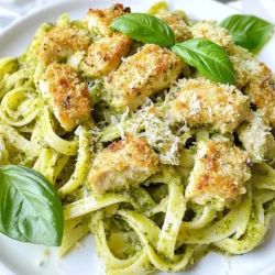 For the pesto pasta, you will need: - 8 oz (225g) pasta of your choice (fettuccine or penne recommended) - 1 cup fresh basil leaves - 1/4 cup pine nuts (toasted) - 1/2 cup grated Parmesan cheese, plus more for serving - 2 cloves garlic, minced - 1/2 cup extra-virgin olive oil - Salt and black pepper to taste These ingredients create a fresh, vibrant pesto sauce that pairs perfectly with your pasta. For the crispy Parmesan chicken, gather these items: - 2 boneless, skinless chicken breasts - 1/2 cup breadcrumbs (preferably Italian-style) - 1/2 cup grated Parmesan cheese (for chicken coating) - 1 tablespoon Italian seasoning These ingredients help form a crunchy, cheesy coating on the chicken, making it a delightful topping for your pasta. You can enhance your dish with: - Salt and black pepper to taste - Fresh basil leaves for garnish Feel free to adjust the seasonings based on your taste. You can also add some crushed red pepper for a kick! {{ingredient_image_1}} First, gather your ingredients for the pesto sauce. You will need fresh basil, toasted pine nuts, garlic, and Parmesan cheese. Place these into a food processor. Pulse them until they are finely chopped. Next, turn on the food processor. Slowly drizzle in the extra-virgin olive oil. This makes the sauce smooth and creamy. After that, season with salt and black pepper. Taste it and adjust the seasoning as needed. Set this aside for later. In a large pot, add water and a pinch of salt. Bring this to a boil. Once boiling, add the pasta. Cook it as per the package instructions until it is al dente. Before you drain the pasta, save half a cup of the pasta water. This water helps make the sauce creamier. After that, drain the pasta in a colander. While your pasta cooks, preheat your oven to 400°F (200°C). In a shallow bowl, mix breadcrumbs, Parmesan cheese, and Italian seasoning. Take the chicken breasts and season them with salt and pepper. Coat each chicken breast in the breadcrumb mix. Make sure to press the crumbs on well. Place the coated chicken on a baking sheet lined with parchment paper. Bake for 25 to 30 minutes. The chicken should be golden and reach an internal temperature of 165°F (74°C). Now it’s time to combine the pasta and pesto. In a large mixing bowl, add your drained pasta. Pour the pesto sauce over the pasta. Mix it well, adding the reserved pasta water a tablespoon at a time. This helps reach your desired creaminess. Serve the pesto pasta on plates. Top it with sliced crispy Parmesan chicken. Garnish with fresh basil leaves and more Parmesan cheese for an extra touch! To make the best pesto, use fresh basil leaves. Pick basil that is bright green and fragrant. Toast your pine nuts before adding them. Toasting gives the nuts a richer flavor. Use a food processor to blend your pesto. Pulse the garlic, basil, and pine nuts first. Then, slowly add olive oil until smooth. Taste and season with salt and pepper. You can add more Parmesan cheese for a creamier texture. Store your pesto in a jar with a layer of olive oil on top. This keeps it fresh longer. Cooking pasta may seem simple, but it needs care. Start with a big pot of salted water. The salt helps flavor the pasta. Bring the water to a boil before adding your pasta. Stir the pasta right after adding it to prevent sticking. Follow the time on the package for cooking. Aim for al dente, which means firm but cooked. Reserve half a cup of pasta water before draining. This water helps mix with the pesto later. It adds creaminess and flavor to your dish. For crispy chicken, start with dry chicken breasts. Pat them with paper towels to remove extra moisture. Season the chicken with salt and pepper. Mix breadcrumbs with Parmesan cheese and Italian seasoning in a bowl. Coat each chicken breast in the breadcrumb mix. Press the mixture onto the chicken for better adhesion. Bake the chicken on parchment paper at 400°F. Bake until golden brown and cooked through. A meat thermometer should read 165°F. This ensures your chicken is safe to eat. Let it rest for a few minutes before slicing. This keeps it juicy and flavorful. Pro Tips Use Fresh Basil: Fresh basil is key for a vibrant pesto. Choose bright green leaves without any browning for the best flavor. Toast Pine Nuts: To enhance the flavor of your pesto, lightly toast the pine nuts in a dry skillet over medium heat until golden brown. Adjust Pesto Consistency: If the pesto is too thick, add a little more pasta water to achieve your desired creaminess when mixing with the pasta. Ensure Chicken is Juicy: To keep the chicken moist, avoid overcooking it and let it rest for a few minutes before slicing to retain juices. {{image_2}} If you want to switch up the protein, try shrimp or turkey. They both pair well with pesto. For shrimp, use medium-sized ones. Cook them in a pan until pink and tender. For turkey, ground turkey works great. Cook it with some Italian herbs for added flavor. Both options make for a tasty meal. For a vegetarian twist, replace the chicken with roasted vegetables. Bell peppers, zucchini, and mushrooms work best. Just chop and roast them with olive oil. For vegan options, use a tofu or tempeh. Marinate them in a bit of pesto before you grill or bake. This adds amazing flavor without using animal products. You can use any pasta you like for this dish. Fettuccine and penne are great choices. But feel free to try spaghetti, fusilli, or even whole grain pasta. The key is to cook it until it's al dente. This ensures your pasta holds up well to the rich pesto sauce. Store leftover pesto pasta in an airtight container. Make sure it cools first. This helps keep the flavors fresh. Place it in the fridge. It will last for 3 to 5 days. If you see any change in color or smell, throw it out. You can freeze pesto pasta for longer storage. Use a freezer-safe container. Leave some space at the top for expansion. When you're ready to eat, take it out and let it thaw in the fridge overnight. Reheat it on the stove over low heat. Add a splash of water or olive oil for moisture. Store cooked chicken separately if you have leftovers. Keep it in an airtight container in the fridge. It will stay fresh for 3 to 4 days. For longer storage, freeze the chicken. Wrap it tightly in plastic wrap or foil. This keeps it safe for up to 4 months. Always check for freshness before eating. You can use walnuts or sunflower seeds. They both add a nice crunch. If you want a nut-free option, try using hemp seeds. Each substitute will change the flavor a bit, but they work well. For a twist, try pumpkin seeds for a unique taste. This dish lasts about 3 to 5 days in the fridge. Store it in an airtight container. If you notice any change in smell or texture, it’s best to toss it. Make sure to reheat the chicken until it's hot. The pasta can be warmed gently to keep it tender. Yes, you can make pesto pasta without cheese. Just skip the Parmesan in the pesto. You can add more nuts or seeds for creaminess. Another great option is to blend in avocado. This keeps the dish rich and tasty without dairy. In this blog post, we explored how to make delicious pesto pasta and crispy Parmesan chicken. We covered essential ingredients, step-by-step cooking tips, and creative variations. Remember, perfecting your pesto and chicken takes practice, but it’s worth it. Store your leftovers well, and don’t be afraid to experiment with different ingredients. This dish can adapt to your tastes, so have fun in the kitchen. Enjoy making these simple yet tasty meals again and again.
