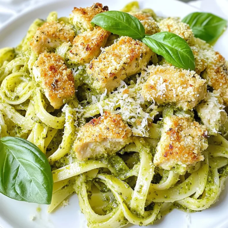 For the pesto pasta, you will need: - 8 oz (225g) pasta of your choice (fettuccine or penne recommended) - 1 cup fresh basil leaves - 1/4 cup pine nuts (toasted) - 1/2 cup grated Parmesan cheese, plus more for serving - 2 cloves garlic, minced - 1/2 cup extra-virgin olive oil - Salt and black pepper to taste These ingredients create a fresh, vibrant pesto sauce that pairs perfectly with your pasta. For the crispy Parmesan chicken, gather these items: - 2 boneless, skinless chicken breasts - 1/2 cup breadcrumbs (preferably Italian-style) - 1/2 cup grated Parmesan cheese (for chicken coating) - 1 tablespoon Italian seasoning These ingredients help form a crunchy, cheesy coating on the chicken, making it a delightful topping for your pasta. You can enhance your dish with: - Salt and black pepper to taste - Fresh basil leaves for garnish Feel free to adjust the seasonings based on your taste. You can also add some crushed red pepper for a kick! {{ingredient_image_1}} First, gather your ingredients for the pesto sauce. You will need fresh basil, toasted pine nuts, garlic, and Parmesan cheese. Place these into a food processor. Pulse them until they are finely chopped. Next, turn on the food processor. Slowly drizzle in the extra-virgin olive oil. This makes the sauce smooth and creamy. After that, season with salt and black pepper. Taste it and adjust the seasoning as needed. Set this aside for later. In a large pot, add water and a pinch of salt. Bring this to a boil. Once boiling, add the pasta. Cook it as per the package instructions until it is al dente. Before you drain the pasta, save half a cup of the pasta water. This water helps make the sauce creamier. After that, drain the pasta in a colander. While your pasta cooks, preheat your oven to 400°F (200°C). In a shallow bowl, mix breadcrumbs, Parmesan cheese, and Italian seasoning. Take the chicken breasts and season them with salt and pepper. Coat each chicken breast in the breadcrumb mix. Make sure to press the crumbs on well. Place the coated chicken on a baking sheet lined with parchment paper. Bake for 25 to 30 minutes. The chicken should be golden and reach an internal temperature of 165°F (74°C). Now it’s time to combine the pasta and pesto. In a large mixing bowl, add your drained pasta. Pour the pesto sauce over the pasta. Mix it well, adding the reserved pasta water a tablespoon at a time. This helps reach your desired creaminess. Serve the pesto pasta on plates. Top it with sliced crispy Parmesan chicken. Garnish with fresh basil leaves and more Parmesan cheese for an extra touch! To make the best pesto, use fresh basil leaves. Pick basil that is bright green and fragrant. Toast your pine nuts before adding them. Toasting gives the nuts a richer flavor. Use a food processor to blend your pesto. Pulse the garlic, basil, and pine nuts first. Then, slowly add olive oil until smooth. Taste and season with salt and pepper. You can add more Parmesan cheese for a creamier texture. Store your pesto in a jar with a layer of olive oil on top. This keeps it fresh longer. Cooking pasta may seem simple, but it needs care. Start with a big pot of salted water. The salt helps flavor the pasta. Bring the water to a boil before adding your pasta. Stir the pasta right after adding it to prevent sticking. Follow the time on the package for cooking. Aim for al dente, which means firm but cooked. Reserve half a cup of pasta water before draining. This water helps mix with the pesto later. It adds creaminess and flavor to your dish. For crispy chicken, start with dry chicken breasts. Pat them with paper towels to remove extra moisture. Season the chicken with salt and pepper. Mix breadcrumbs with Parmesan cheese and Italian seasoning in a bowl. Coat each chicken breast in the breadcrumb mix. Press the mixture onto the chicken for better adhesion. Bake the chicken on parchment paper at 400°F. Bake until golden brown and cooked through. A meat thermometer should read 165°F. This ensures your chicken is safe to eat. Let it rest for a few minutes before slicing. This keeps it juicy and flavorful. Pro Tips Use Fresh Basil: Fresh basil is key for a vibrant pesto. Choose bright green leaves without any browning for the best flavor. Toast Pine Nuts: To enhance the flavor of your pesto, lightly toast the pine nuts in a dry skillet over medium heat until golden brown. Adjust Pesto Consistency: If the pesto is too thick, add a little more pasta water to achieve your desired creaminess when mixing with the pasta. Ensure Chicken is Juicy: To keep the chicken moist, avoid overcooking it and let it rest for a few minutes before slicing to retain juices. {{image_2}} If you want to switch up the protein, try shrimp or turkey. They both pair well with pesto. For shrimp, use medium-sized ones. Cook them in a pan until pink and tender. For turkey, ground turkey works great. Cook it with some Italian herbs for added flavor. Both options make for a tasty meal. For a vegetarian twist, replace the chicken with roasted vegetables. Bell peppers, zucchini, and mushrooms work best. Just chop and roast them with olive oil. For vegan options, use a tofu or tempeh. Marinate them in a bit of pesto before you grill or bake. This adds amazing flavor without using animal products. You can use any pasta you like for this dish. Fettuccine and penne are great choices. But feel free to try spaghetti, fusilli, or even whole grain pasta. The key is to cook it until it's al dente. This ensures your pasta holds up well to the rich pesto sauce. Store leftover pesto pasta in an airtight container. Make sure it cools first. This helps keep the flavors fresh. Place it in the fridge. It will last for 3 to 5 days. If you see any change in color or smell, throw it out. You can freeze pesto pasta for longer storage. Use a freezer-safe container. Leave some space at the top for expansion. When you're ready to eat, take it out and let it thaw in the fridge overnight. Reheat it on the stove over low heat. Add a splash of water or olive oil for moisture. Store cooked chicken separately if you have leftovers. Keep it in an airtight container in the fridge. It will stay fresh for 3 to 4 days. For longer storage, freeze the chicken. Wrap it tightly in plastic wrap or foil. This keeps it safe for up to 4 months. Always check for freshness before eating. You can use walnuts or sunflower seeds. They both add a nice crunch. If you want a nut-free option, try using hemp seeds. Each substitute will change the flavor a bit, but they work well. For a twist, try pumpkin seeds for a unique taste. This dish lasts about 3 to 5 days in the fridge. Store it in an airtight container. If you notice any change in smell or texture, it’s best to toss it. Make sure to reheat the chicken until it's hot. The pasta can be warmed gently to keep it tender. Yes, you can make pesto pasta without cheese. Just skip the Parmesan in the pesto. You can add more nuts or seeds for creaminess. Another great option is to blend in avocado. This keeps the dish rich and tasty without dairy. In this blog post, we explored how to make delicious pesto pasta and crispy Parmesan chicken. We covered essential ingredients, step-by-step cooking tips, and creative variations. Remember, perfecting your pesto and chicken takes practice, but it’s worth it. Store your leftovers well, and don’t be afraid to experiment with different ingredients. This dish can adapt to your tastes, so have fun in the kitchen. Enjoy making these simple yet tasty meals again and again.