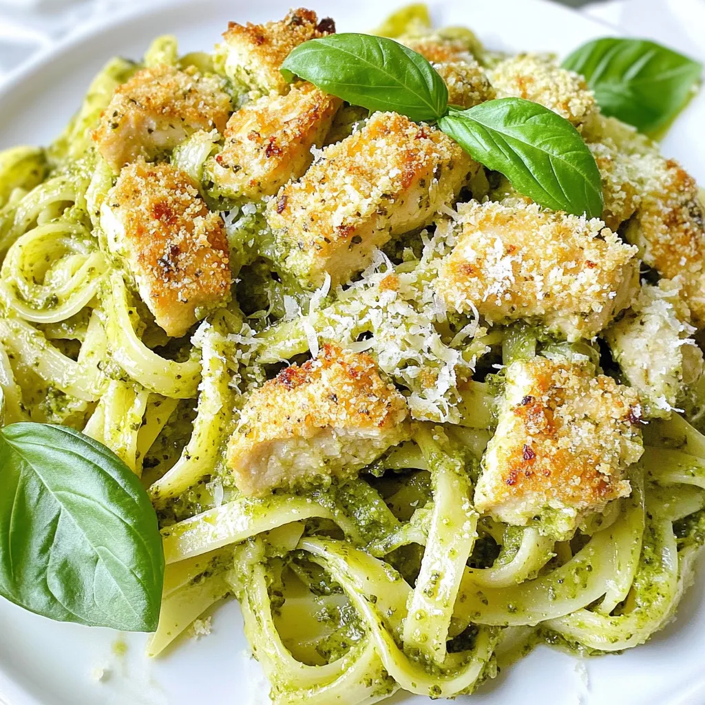 For the pesto pasta, you will need: - 8 oz (225g) pasta of your choice (fettuccine or penne recommended) - 1 cup fresh basil leaves - 1/4 cup pine nuts (toasted) - 1/2 cup grated Parmesan cheese, plus more for serving - 2 cloves garlic, minced - 1/2 cup extra-virgin olive oil - Salt and black pepper to taste These ingredients create a fresh, vibrant pesto sauce that pairs perfectly with your pasta. For the crispy Parmesan chicken, gather these items: - 2 boneless, skinless chicken breasts - 1/2 cup breadcrumbs (preferably Italian-style) - 1/2 cup grated Parmesan cheese (for chicken coating) - 1 tablespoon Italian seasoning These ingredients help form a crunchy, cheesy coating on the chicken, making it a delightful topping for your pasta. You can enhance your dish with: - Salt and black pepper to taste - Fresh basil leaves for garnish Feel free to adjust the seasonings based on your taste. You can also add some crushed red pepper for a kick! {{ingredient_image_1}} First, gather your ingredients for the pesto sauce. You will need fresh basil, toasted pine nuts, garlic, and Parmesan cheese. Place these into a food processor. Pulse them until they are finely chopped. Next, turn on the food processor. Slowly drizzle in the extra-virgin olive oil. This makes the sauce smooth and creamy. After that, season with salt and black pepper. Taste it and adjust the seasoning as needed. Set this aside for later. In a large pot, add water and a pinch of salt. Bring this to a boil. Once boiling, add the pasta. Cook it as per the package instructions until it is al dente. Before you drain the pasta, save half a cup of the pasta water. This water helps make the sauce creamier. After that, drain the pasta in a colander. While your pasta cooks, preheat your oven to 400°F (200°C). In a shallow bowl, mix breadcrumbs, Parmesan cheese, and Italian seasoning. Take the chicken breasts and season them with salt and pepper. Coat each chicken breast in the breadcrumb mix. Make sure to press the crumbs on well. Place the coated chicken on a baking sheet lined with parchment paper. Bake for 25 to 30 minutes. The chicken should be golden and reach an internal temperature of 165°F (74°C). Now it’s time to combine the pasta and pesto. In a large mixing bowl, add your drained pasta. Pour the pesto sauce over the pasta. Mix it well, adding the reserved pasta water a tablespoon at a time. This helps reach your desired creaminess. Serve the pesto pasta on plates. Top it with sliced crispy Parmesan chicken. Garnish with fresh basil leaves and more Parmesan cheese for an extra touch! To make the best pesto, use fresh basil leaves. Pick basil that is bright green and fragrant. Toast your pine nuts before adding them. Toasting gives the nuts a richer flavor. Use a food processor to blend your pesto. Pulse the garlic, basil, and pine nuts first. Then, slowly add olive oil until smooth. Taste and season with salt and pepper. You can add more Parmesan cheese for a creamier texture. Store your pesto in a jar with a layer of olive oil on top. This keeps it fresh longer. Cooking pasta may seem simple, but it needs care. Start with a big pot of salted water. The salt helps flavor the pasta. Bring the water to a boil before adding your pasta. Stir the pasta right after adding it to prevent sticking. Follow the time on the package for cooking. Aim for al dente, which means firm but cooked. Reserve half a cup of pasta water before draining. This water helps mix with the pesto later. It adds creaminess and flavor to your dish. For crispy chicken, start with dry chicken breasts. Pat them with paper towels to remove extra moisture. Season the chicken with salt and pepper. Mix breadcrumbs with Parmesan cheese and Italian seasoning in a bowl. Coat each chicken breast in the breadcrumb mix. Press the mixture onto the chicken for better adhesion. Bake the chicken on parchment paper at 400°F. Bake until golden brown and cooked through. A meat thermometer should read 165°F. This ensures your chicken is safe to eat. Let it rest for a few minutes before slicing. This keeps it juicy and flavorful. Pro Tips Use Fresh Basil: Fresh basil is key for a vibrant pesto. Choose bright green leaves without any browning for the best flavor. Toast Pine Nuts: To enhance the flavor of your pesto, lightly toast the pine nuts in a dry skillet over medium heat until golden brown. Adjust Pesto Consistency: If the pesto is too thick, add a little more pasta water to achieve your desired creaminess when mixing with the pasta. Ensure Chicken is Juicy: To keep the chicken moist, avoid overcooking it and let it rest for a few minutes before slicing to retain juices. {{image_2}} If you want to switch up the protein, try shrimp or turkey. They both pair well with pesto. For shrimp, use medium-sized ones. Cook them in a pan until pink and tender. For turkey, ground turkey works great. Cook it with some Italian herbs for added flavor. Both options make for a tasty meal. For a vegetarian twist, replace the chicken with roasted vegetables. Bell peppers, zucchini, and mushrooms work best. Just chop and roast them with olive oil. For vegan options, use a tofu or tempeh. Marinate them in a bit of pesto before you grill or bake. This adds amazing flavor without using animal products. You can use any pasta you like for this dish. Fettuccine and penne are great choices. But feel free to try spaghetti, fusilli, or even whole grain pasta. The key is to cook it until it's al dente. This ensures your pasta holds up well to the rich pesto sauce. Store leftover pesto pasta in an airtight container. Make sure it cools first. This helps keep the flavors fresh. Place it in the fridge. It will last for 3 to 5 days. If you see any change in color or smell, throw it out. You can freeze pesto pasta for longer storage. Use a freezer-safe container. Leave some space at the top for expansion. When you're ready to eat, take it out and let it thaw in the fridge overnight. Reheat it on the stove over low heat. Add a splash of water or olive oil for moisture. Store cooked chicken separately if you have leftovers. Keep it in an airtight container in the fridge. It will stay fresh for 3 to 4 days. For longer storage, freeze the chicken. Wrap it tightly in plastic wrap or foil. This keeps it safe for up to 4 months. Always check for freshness before eating. You can use walnuts or sunflower seeds. They both add a nice crunch. If you want a nut-free option, try using hemp seeds. Each substitute will change the flavor a bit, but they work well. For a twist, try pumpkin seeds for a unique taste. This dish lasts about 3 to 5 days in the fridge. Store it in an airtight container. If you notice any change in smell or texture, it’s best to toss it. Make sure to reheat the chicken until it's hot. The pasta can be warmed gently to keep it tender. Yes, you can make pesto pasta without cheese. Just skip the Parmesan in the pesto. You can add more nuts or seeds for creaminess. Another great option is to blend in avocado. This keeps the dish rich and tasty without dairy. In this blog post, we explored how to make delicious pesto pasta and crispy Parmesan chicken. We covered essential ingredients, step-by-step cooking tips, and creative variations. Remember, perfecting your pesto and chicken takes practice, but it’s worth it. Store your leftovers well, and don’t be afraid to experiment with different ingredients. This dish can adapt to your tastes, so have fun in the kitchen. Enjoy making these simple yet tasty meals again and again.
