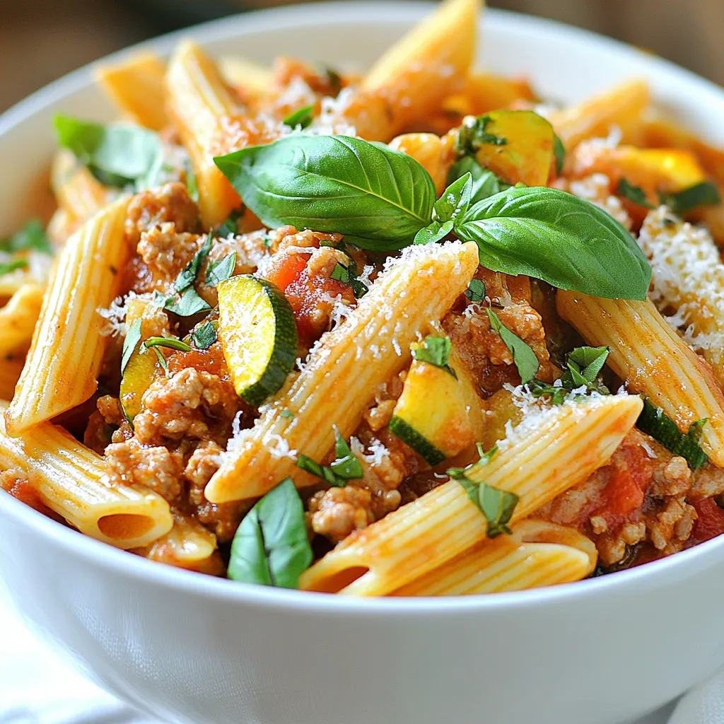 - 300g whole wheat pasta: This is the main base of your dish. Whole wheat pasta adds fiber and nutrients. It gives a hearty texture that pairs well with the sauce. - 200g ground turkey: This lean protein keeps the dish light. It absorbs flavors well and adds richness. - 1 tablespoon olive oil: This oil helps cook the vegetables and adds flavor. It’s a healthy fat that enhances taste. - 2 cloves garlic, minced: Garlic brings a strong aroma and depth to the dish. It pairs perfectly with turkey. - 1 onion, finely chopped: Onion adds sweetness. It forms the base flavor for your sauce. - 1 bell pepper (red or yellow), diced: This adds color and crunch. It also gives a sweet taste to the sauce. - 1 zucchini, diced: Zucchini is a great way to add veggies. It cooks quickly and blends well. - 1 can (400g) diced tomatoes: Tomatoes are the heart of your sauce. They provide moisture and acidity. - 1 teaspoon dried oregano: Oregano adds a warm flavor. It pairs well with the turkey and vegetables. - 1 teaspoon dried basil: Basil brings sweetness and a fresh note. It enhances the overall flavor. - 1/2 teaspoon red chili flakes (optional for heat): If you like spice, these will give your dish a kick. - Salt and pepper to taste: These basic seasonings enhance all the flavors. Use them wisely. - Fresh basil leaves for garnish: This adds a pop of color and fresh flavor. It makes the dish look inviting. - Grated parmesan cheese for serving (optional): This cheese adds creaminess and a salty bite. It’s a tasty finish. Whole wheat pasta is a better choice for many reasons. It has more fiber than regular pasta. This helps keep you full longer. It also contains more vitamins and minerals. Whole wheat pasta has a nutty flavor. This enhances your dish, making it more satisfying. Using whole wheat pasta can make your meals healthier without losing taste. Feel free to make this dish your own! You can swap the ground turkey for chicken or beef. Add your favorite vegetables like spinach or mushrooms. If you want more heat, toss in jalapeños. You can also try different herbs like thyme or rosemary. Customize this dish to suit your taste! {{ingredient_image_1}} To cook the pasta just right, follow these steps: 1. Bring a pot of water to a boil. Add a pinch of salt to enhance flavor. 2. Add the whole wheat pasta. Stir it often to keep it from sticking. 3. Cook for 8-10 minutes. Check the package for specific time. You want it al dente, which means firm but not hard. 4. Reserve pasta water. Before draining, save about one cup of the starchy water. This helps the sauce stick better. For the sauce, the first steps are key: 1. Heat olive oil in a large skillet. Use medium heat to avoid burning. 2. Add the chopped onion. Sauté it for 2-3 minutes until it looks clear. 3. Stir in minced garlic. Cook for one more minute. You want it fragrant, not brown. 4. Add ground turkey next. Cook it on medium-high heat. Break it apart as it cooks. It should be browned in 5-7 minutes. Now, let’s bring it all together: 1. Add bell pepper and zucchini. Cook these for 4-5 minutes. They should be tender but not mushy. 2. Pour in diced tomatoes. Include juices from the can. This adds flavor and moisture. 3. Mix in herbs and spices. Add oregano, basil, red chili flakes, salt, and pepper. Simmer for 10 minutes. This is where the magic happens. 4. Adjust the sauce. If it’s too thick, add some reserved pasta water to get the right consistency. 5. Combine pasta with sauce. Stir well and cook for 2 minutes to heat everything through. Serve your turkey pasta hot and enjoy the flavor explosion! Flavor is key in any dish. Gordon Ramsay teaches us the magic of flavor layering. Start with your base, like onions and garlic. Sauté them to release their natural sweetness. This step builds a strong flavor foundation. Next, add your ground turkey. Cook it well until browned. This step adds depth to your dish. Don’t forget the fresh veggies. Bell peppers and zucchini not only add color but also enhance the taste. The canned tomatoes bring everything together. They add moisture and richness. To boost flavors, use herbs like oregano and basil. They add freshness and aroma. If you like heat, sprinkle in some red chili flakes. Just a pinch can make a big difference. Remember, taste as you cook. Adjust salt and pepper at each step. This ensures every bite is full of flavor. One big mistake is overcooking the turkey. Ground turkey cooks quickly, so watch it closely. If you cook it too long, it becomes dry and tough. Aim for a golden brown color, and then remove it from heat. Another mistake is skipping seasoning at different steps. Sprinkle salt and pepper when you sauté your onions. Add more when you mix in the ground turkey. This layering builds a balanced flavor. Don’t rush the simmering process. Allow the sauce to cook for at least ten minutes. This lets the flavors meld together beautifully. Following these tips will help you create a delicious turkey pasta that shines on any table. Pro Tips Use Fresh Ingredients: Fresh vegetables will enhance the flavor and nutritional value of your dish. Opt for seasonal produce whenever possible. Don't Overcook the Pasta: Cook the pasta until it's al dente for the best texture. It will continue to cook a bit when mixed with the sauce. Adjust the Spice Level: If you enjoy a bit of heat, feel free to increase the amount of red chili flakes or add a dash of hot sauce to the sauce. Save Some Pasta Water: Always reserve a cup of pasta water before draining. This starchy water can help adjust the sauce's consistency and improve its adherence to the pasta. {{image_2}} For ground turkey, you can try lean ground chicken or even plant-based meat. These swaps keep the dish light and healthy. If you want a richer flavor, use ground beef or pork. Each choice changes the taste while keeping it delicious. When it comes to vegetables, feel free to mix it up! Instead of bell peppers, use mushrooms or spinach. They add depth and nutrients. You could also swap zucchini for asparagus or broccoli. Each veggie brings its own unique touch to the dish. Adding herbs and spices can take your pasta to new heights. Fresh herbs like parsley or thyme can brighten the dish. You might also consider a dash of smoked paprika for a hint of smokiness. For heat, add more red chili flakes or try diced jalapeños. If you enjoy a kick, experiment with sriracha or hot sauce. Adjust the heat to match your taste. A little can go a long way in making your meal more exciting! To keep your turkey pasta fresh, follow these steps: - Store leftovers in an airtight container. - Let the pasta cool before sealing. - Refrigerate within two hours of cooking. - Use it within 3 to 4 days. This method helps maintain flavor and quality. If you want to enjoy it later, freeze it. For freezing, use freezer-safe containers or bags. Turkey pasta can last up to three months in the freezer. When reheating, you want to keep the pasta tasty and not mushy. Here are some tips: - Use a skillet over medium heat for best results. - Add a splash of water or broth to help steam the pasta. - Stir often to ensure even heating. - Keep the lid on for a few minutes to trap steam. Avoid microwaving for long periods. This can make the pasta soggy. Instead, heat in short bursts, stirring in between. Enjoy your delicious turkey pasta just like the first time! Yes, you can make this dish vegetarian. To substitute turkey, use plant-based ground meat. These options cook similarly to turkey and provide great flavor. You can also use lentils or chickpeas for added protein. They blend well with the sauce and keep the dish filling. Whole wheat pasta is a strong choice for this recipe. It has more fiber than regular pasta, making it healthier. Pasta shapes like penne or fusilli catch the sauce well. Different pasta types have unique textures. For example, spaghetti is smooth, while penne has ridges. Choose what you enjoy! To add heat, you can use more red chili flakes. Start with half a teaspoon and adjust to your taste. Fresh jalapeños or crushed red pepper work well too. If you like it very spicy, try adding a dash of hot sauce. Just remember, start small and taste often! This blog post covers key ingredients and steps to make a delicious turkey pasta dish. We discussed the importance of whole wheat pasta and how to prepare the sauce correctly. I shared tips to avoid common mistakes and suggested variations for customizing your dish. Remember, flavor layering is crucial, and seasoning at every step enhances taste. Follow my storage and reheating tips to enjoy your leftovers. With these insights, you're ready to create a dish that's not only tasty but also nutritious. Get cooking and enjoy every bite!