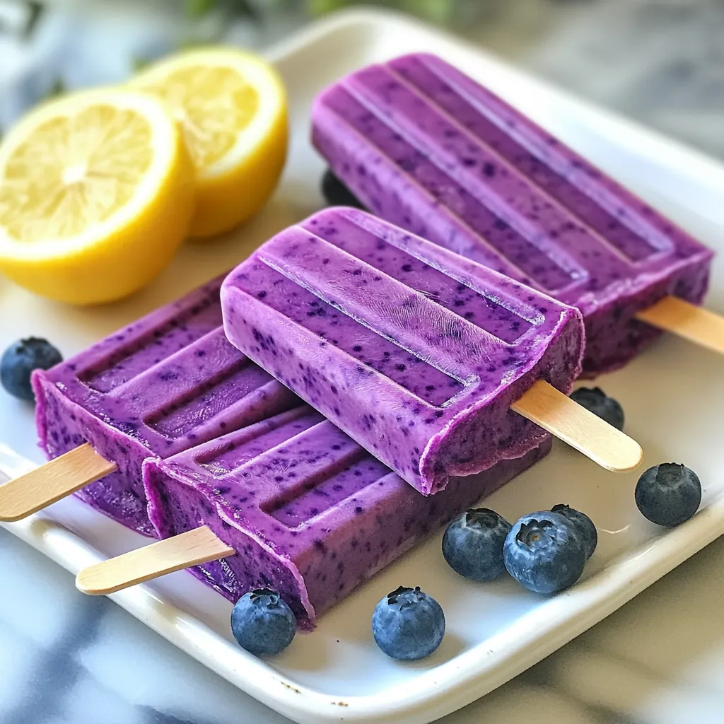 - 2 cups fresh blueberries - 1 cup fresh lemon juice (about 4-5 lemons) - 1 cup water - 1/2 cup honey or maple syrup - Zest of 1 lemon Fresh blueberries give popsicles a bright taste. I love using ripe, plump blueberries for the best flavor. Fresh lemon juice adds a nice tartness. You can squeeze about four to five lemons to get one cup. Honey or maple syrup sweetens the mix. Adjust the sweetness to your liking for perfect balance. Lemon zest enhances the lemon flavor. It brings out a refreshing aroma in every bite. Water helps blend all the flavors together smoothly. - Additional blueberries for garnish - Mint leaves for added flavor Adding extra blueberries makes the popsicles look great. They also add a fun texture. Toss a few whole blueberries into the molds for a pop of color. Mint leaves bring a fresh twist. You can add them to the blend for extra flavor. Mint pairs well with lemon and blueberry. It’s a simple way to elevate your treat! {{ingredient_image_1}} Blending the ingredients Start by gathering all your ingredients. You need 2 cups of fresh blueberries, 1 cup of fresh lemon juice, 1 cup of water, and 1/2 cup of honey or maple syrup. You can adjust the sweetness to your taste. Add the zest of one lemon for an extra zing. Place all these in a blender. Blend until smooth. You want a nice, creamy texture that blends the sweet and tart flavors well. Straining the mixture Next, you can strain the mixture through a fine-mesh sieve into a bowl. This step is optional, but it helps to remove any blueberry skins. If you prefer a smoother popsicle, this is a good idea. After straining, taste the mixture. Adjust the sweetness if needed by adding more honey or syrup. Filling the popsicle molds Now, it’s time to fill the popsicle molds. Pour the blueberry lemonade mixture into each mold, leaving a little space at the top. This space allows the popsicles to expand as they freeze. If you want, drop a few whole blueberries into each mold. This adds texture and makes them look pretty. Freezing time recommendations Insert popsicle sticks into the molds. Place them in the freezer for at least 4 to 6 hours. You want them to freeze completely. If you leave them overnight, they will be ready for a hot day. How to release the popsicles When you’re ready to enjoy your popsicles, you need to release them from the molds. Run warm water over the outside of the molds for a few seconds. This helps loosen the popsicle. Then, gently pull the popsicles out. They should come out easily! Presentation ideas Serve your popsicles on a colorful plate. Garnish with fresh blueberries or lemon slices for a nice touch. This makes them look more appealing. Enjoy your refreshing treat on a hot summer day! Choosing ripe blueberries is key for great flavor. Look for berries that are deep blue and plump. Avoid berries with green or red spots. These won’t taste as sweet. Selecting juicy lemons is just as important. Pick lemons that feel heavy for their size. They should have a bright yellow color. Fresh lemons give the best juice and zest. Straining the mixture can help you achieve a smooth popsicle. If you want a creamier texture, strain it. You can keep the skins if you like a bit of texture. It's all about your taste. Adjusting sweetness levels is easy. After blending, taste the mixture. If it’s too tart, add more honey or syrup. You can always sweeten it more, but you can't take it out! Best practices for freezing include filling your molds but leaving space at the top. The mixture expands as it freezes. This prevents spills and messy popsicles. Ideas for storing popsicles include using airtight containers. If you have extra popsicles, place them in a zip-top bag. This keeps them fresh and prevents freezer burn. Pro Tips Use Frozen Blueberries: Using frozen blueberries can help your popsicles freeze faster and maintain their vibrant color. Adjust Sweetness: Always taste the mixture before pouring it into molds; you can adjust the sweetness to cater to your preference. Layering Flavors: Try adding a splash of lemon zest or mint leaves to the mixture for an extra burst of flavor. Creative Molds: Use fun-shaped molds to make your popsicles more appealing, especially for kids! {{image_2}} You can play with flavors in your blueberry lemonade popsicles. Try adding other fruits like raspberries or strawberries. These fruits mix well with blueberries. They add a sweet and tart twist. You can also use herbs to enhance the flavor. Basil and mint work great in this recipe. Just a few leaves can make a big difference. They bring a fresh taste that pairs well with the fruity notes. When it comes to sweeteners, you have options. You can use agave syrup or other sweeteners if you prefer. Each sweetener adds its own flavor. For example, honey gives a floral note, while maple syrup adds a warm taste. If you want to keep it simple, stick to sugar. Just remember to adjust the amount based on your taste. Some people like it sweeter than others. If you want a different base, swap the water with coconut water or juice. Coconut water adds a tropical flavor. It keeps the popsicles light and refreshing. Using fruit juice can also boost the taste. Orange or pineapple juice can complement the blueberries well. These swaps make your popsicles even more fun and unique. You can store blueberry lemonade popsicles in the freezer for up to two months. They stay tasty and fresh during this time. After two months, the flavor may fade. The texture can change as well. Try to enjoy them sooner for the best taste. Look for signs of freezer burn on popsicles. Freezer burn shows as white spots or ice crystals. If you see these, the popsicles may taste bland or dry. If the popsicles smell off or have strange colors, it’s best to toss them. Always check before serving. Use silicone molds for easy popsicle removal. They flex and help pop the treats out smoothly. You can also use freezer-safe plastic bags or airtight containers for long-term storage. Make sure to label the bags or containers with the date. This way, you know when to enjoy your frozen treats! Blueberry lemonade popsicles need about 4 to 6 hours to freeze. I recommend checking them after 4 hours. If they are not fully frozen, let them sit a bit longer. Make sure the popsicle molds are in the coldest part of your freezer. This helps them freeze evenly and quickly. Yes, you can use frozen blueberries. They are convenient and often cheaper. However, they may change the texture of your popsicles. Frozen berries can make the mixture thicker and may lead to a slight graininess. If you prefer a smooth texture, fresh blueberries are the best choice. When using frozen blueberries, you do not need to thaw them before blending. Blueberry lemonade popsicles are quite healthy! They are full of vitamins and antioxidants from the blueberries. Each popsicle has natural sweetness from honey or maple syrup. You can adjust the sweetness to fit your taste. The lemon juice adds vitamin C and a refreshing zing. Enjoying these popsicles can be a fun and tasty way to stay cool and healthy! This blog covered tasty blueberry lemonade popsicles. We explored fresh ingredients and optional garnishes. You learned simple steps for blending and freezing. We discussed tips for the best flavor and texture. You can even try fun variations with fruits and herbs. Lastly, we shared storage tips to keep your popsicles fresh. Enjoy making these healthy treats that are easy and fun! Your summer just got sweeter with these popsicles.