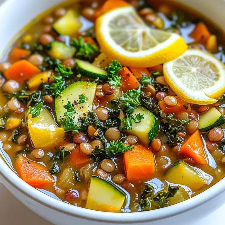 To make a delicious lentil vegetable soup, gather these fresh ingredients: - 1 cup green or brown lentils, rinsed - 2 tablespoons olive oil - 1 large onion, chopped - 3 cloves garlic, minced - 2 medium carrots, diced - 2 celery stalks, diced - 1 red bell pepper, chopped - 1 zucchini, diced - 1 cup kale or spinach, chopped - 1 can (14 oz) diced tomatoes - 4 cups vegetable broth - 1 teaspoon ground cumin - 1 teaspoon smoked paprika - 1 teaspoon dried thyme - Salt and pepper to taste - Juice of 1 lemon - Fresh parsley, chopped Each ingredient in this soup brings health benefits. - Lentils are high in protein and fiber. They help keep you full. - Olive oil provides healthy fats. It can support heart health. - Onions and garlic boost your immune system. They add flavor and nutrients. - Carrots and celery are low in calories. They add vitamins and minerals. - Kale or spinach are great sources of iron and vitamins A and C. - Diced tomatoes are rich in antioxidants. They help fight diseases. - Lemon juice adds vitamin C. It brightens the flavor. If you don't have some ingredients, you can still make this soup. - Use any lentils if you can’t find green or brown. - Swap olive oil for any cooking oil you prefer. - Try different vegetables like bell peppers or corn. - If you want, use chicken broth instead of vegetable broth. - You can replace kale or spinach with Swiss chard or collard greens. - For spice, add cayenne pepper or crushed red pepper flakes. {{ingredient_image_1}} Start by heating olive oil in a large pot over medium heat. Add the chopped onion and minced garlic. Sauté them for about 3 to 4 minutes. You want the onion to turn translucent. This step builds the flavor base for your soup. Next, toss in the diced carrots, celery, and red bell pepper. Cook them for 5 minutes while stirring occasionally. This softens the veggies and releases their natural sweetness. Now, stir in the diced tomatoes, zucchini, and rinsed lentils. Cook for another 2 to 3 minutes. This helps marry the flavors before you add the broth. Now, pour in the vegetable broth. Add the ground cumin, smoked paprika, dried thyme, salt, and pepper. Bring everything to a boil. Once it boils, reduce the heat to a simmer. Let it simmer for 25 to 30 minutes. You want the lentils and vegetables to be tender. A few minutes before serving, stir in the chopped kale or spinach. Allow it to wilt in the hot soup. Finally, remove the pot from heat and stir in the lemon juice for a fresh taste. Ladle the soup into bowls and garnish with fresh parsley. Enjoy your hearty, nutritious soup! To cook lentils well, always rinse them first. This step helps remove any dust or debris. Use green or brown lentils for this soup. They hold their shape and give a nice bite. When cooking, add lentils after sautéing the veggies. This method lets the lentils soak up flavors. Simmer them until tender, about 25 to 30 minutes. Stir occasionally to prevent sticking. You can boost the soup's flavor with spices. Ground cumin, smoked paprika, and dried thyme add depth. These spices work great with the fresh vegetables. For added texture, try including a variety of veggies. Zucchini, carrots, and red bell peppers add color and crunch. Kale or spinach at the end brings freshness and nutrients. A squeeze of lemon juice brightens the soup. It enhances the flavor and makes it taste fresh. Don’t skip this step! Serve the soup hot in bowls. Garnish with fresh parsley for a pop of color. Pair it with crusty bread or a simple salad for a full meal. You can also serve it with a dollop of yogurt. This adds creaminess and a nice contrast to the soup. Enjoy it with family and friends for a cozy meal! Pro Tips Soak Your Lentils: Soaking lentils for a few hours before cooking can reduce cooking time and enhance their digestibility. Add Herbs at the Right Time: To preserve their flavor, add fresh herbs like parsley just before serving rather than during the cooking process. Customize Your Vegetables: Feel free to swap in seasonal vegetables or whatever you have on hand to make this soup your own! Make It Creamy: For a creamier texture, blend a portion of the soup with an immersion blender before serving. {{image_2}} You can add meat to this soup for extra protein. Try diced chicken or turkey. Ground beef or sausage also works well. Just brown the meat first in the pot. Remove it before adding the veggies. Later, stir it back in with the broth. This makes the soup heartier and richer in flavor. This soup is already vegetarian and can be vegan too. Just ensure your broth is vegetable-based. You can add more vegetables like sweet potatoes or green beans. For added creaminess, try coconut milk instead of broth. This adds a nice sweetness and pairs well with the spices. Use seasonal veggies for the best taste. In summer, add fresh corn or tomatoes. In fall, try pumpkin or squash. Each season brings new flavors. You can also swap spices based on what you have. Fresh herbs like basil or cilantro can brighten the soup. Don't be afraid to experiment! To store your lentil vegetable soup, let it cool first. Then, use an airtight container. Keep it in the fridge for up to four days. If you want it to last longer, freezing is a great option. Always label the container with the date. This helps you track how long it has been stored. Freezing your soup is easy. Pour the cooled soup into freezer-safe bags or containers. Leave some space at the top for expansion. Seal them tightly to prevent air from getting in. You can freeze it for up to three months. When you're ready to eat, just thaw it in the fridge overnight. This keeps it fresh and tasty. To reheat the soup, you have a few options. You can use the stove or the microwave. If using the stove, pour the soup into a pot. Heat over medium heat until warm. Stir it often to avoid sticking. If using a microwave, place the soup in a bowl. Cover it loosely with a microwave-safe lid. Heat for 2-3 minutes, checking and stirring halfway through. Make sure it's hot all the way through before serving. Enjoy your warm, flavorful soup! You can store Lentil Vegetable Soup in the fridge for up to five days. Keep it in an airtight container to maintain freshness. If you want to keep it longer, freeze it. The soup freezes well for up to three months. Just remember to let it cool before you freeze it. Yes, you can absolutely use dried lentils. Just rinse them well before cooking. Dried lentils will need more time to cook. Add them to the pot with the broth and let them simmer for about 30 to 35 minutes. This will make the soup rich and hearty. Lentil Vegetable Soup pairs well with crusty bread or a fresh salad. You can also enjoy it with a scoop of rice or quinoa for extra texture. For a simple side, try serving with crusty garlic bread. This adds a nice crunch and flavor to your meal. We explored the essential ingredients and their benefits for your soup. You learned how to cook lentils, veggies, and simmer everything together. I shared tips to boost taste and texture, along with ideas for both meat and plant-based options. We covered storing, freezing, and reheating leftovers. Remember, making your soup unique is key. Enjoy experimenting with flavors and ingredients. Use these tips to create a comforting dish any day. Happy cooking!