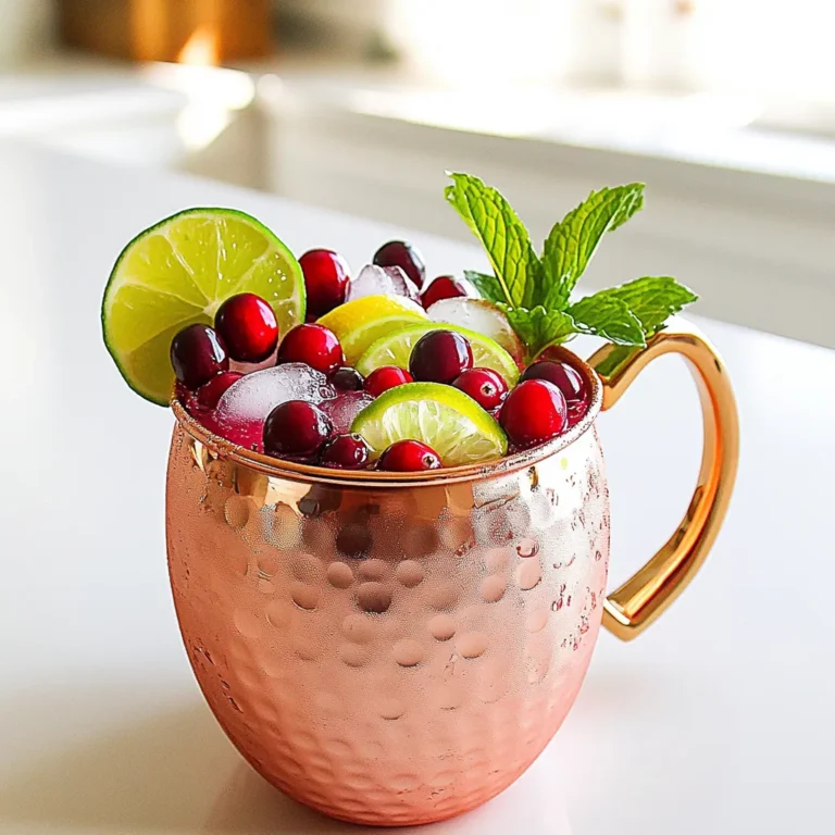 To make a delicious Cranberry Moscow Mule, you need a few key items. Here’s what you will need: - 1 cup cranberry juice - 1 cup ginger beer (non-alcoholic) - 1/2 lime, juiced - Ice cubes These ingredients create a crisp and refreshing drink. The cranberry juice gives it a tart flavor. Ginger beer adds a nice fizz and warmth. The lime juice brightens the drink and balances the sweetness. Garnishes can enhance your drink's look and flavor. Here are some fun options: - Fresh cranberries for a pop of color - Lime slices for a zesty touch - Mint leaves for a fresh aroma These garnishes make your drink more appealing. They also add extra flavor notes that delight your taste buds. You’ll need just a few simple tools to create your cocktail: - A large copper mug or glass - A spoon for stirring - A measuring cup These tools help you mix and serve your drink nicely. A copper mug keeps your drink cold and refreshing. Making a Cranberry Moscow Mule is simple. You need just a few steps. Gather your ingredients first. You’ll need cranberry juice, ginger beer, and lime. Don't forget the ice cubes! 1. Fill the Mug: Start by putting ice cubes into a copper mug or glass. Fill it halfway. 2. Add Juices: Pour in one cup of cranberry juice. Squeeze the juice of half a lime over the ice. 3. Mix with Ginger Beer: Slowly add one cup of ginger beer. Pour gently to keep the fizz. 4. Stir: Use a spoon to stir the drink gently. This helps mix the flavors well. Garnishing makes your drink look special. Here’s how to do it: - Fresh Cranberries: Add a handful of fresh cranberries to the drink. - Lime Slices: Place a slice of lime on the rim of the mug. - Mint Leaves: Top it off with a sprig of mint for a pop of color. Serve this drink right away. You can use a straw or stirrer. Enjoy the refreshing taste! To make a great Cranberry Moscow Mule, focus on fresh ingredients. Use real cranberry juice, not a cocktail blend. Fresh lime juice gives the best flavor. When adding ginger beer, pour it slowly. This keeps the bubbles intact. The sweetness of your drink can change based on your taste. If you like it less sweet, use less cranberry juice. You can also add more lime juice for a tangy kick. For a sweeter drink, consider adding a splash of simple syrup or a flavored soda. Serve your Cranberry Moscow Mule in a chilled copper mug. This keeps your drink cold longer. Add plenty of ice cubes, filling your mug halfway. Garnish with fresh cranberries, lime slices, and mint leaves. This not only looks nice but also adds extra flavor. Serve right away for the best experience! {{image_2}} To turn the cranberry Moscow mule into an alcoholic drink, add vodka. Use 1.5 ounces of vodka for each drink. This addition gives the cocktail a nice kick. Follow the same steps as the mocktail. Mix the vodka with cranberry juice and lime juice. Then pour in ginger beer and stir gently. The vodka blends well with the sweet and tart flavors. You can enhance your drink with seasonal fruits. Try adding fresh raspberries or blackberries for summer. In fall, slice in some apple pieces for a crisp taste. You can even add pomegranate seeds for a splash of color and flavor. Just drop a few pieces in your mug before mixing. These fruits will not only taste great but also look lovely. If you want a sugar-free version, choose diet ginger beer. You can also use unsweetened cranberry juice. For sweetness, consider stevia or monk fruit sweetener. These options help keep the drink tasty without added sugar. Adjust the amount to your liking. This way, you can enjoy a guilt-free cocktail that still packs flavor. If you have leftover cranberry juice, pour it into a sealed container. Keep it in the fridge. Use it within five days for the best taste. Ginger beer stays fresh in its can or bottle. Store it in a cool, dark place. Once opened, drink it within three days for the best fizz. You can mix your drink in advance. Just keep the ginger beer separate. Mix the cranberry juice and lime juice in a container. Store it in the fridge. When ready to serve, pour the mixture over ice. Then, add ginger beer last. This keeps your drink bubbly and fresh. Cranberry juice lasts about a week in the fridge after opening. Unopened, it can last several months. Ginger beer can last for months unopened. After opening, use it within three days for the best taste. Fresh cranberries last about a week in the fridge. Lime slices and mint leaves stay fresh for about three days. A Cranberry Moscow Mule is a fun twist on the classic drink. It mixes sweet cranberry juice with spicy ginger beer. You also add fresh lime juice for a zesty kick. The drink is often served in a copper mug. This drink is refreshing and perfect for any occasion. Yes, you can make a Cranberry Moscow Mule in advance! Mix the cranberry juice and lime juice together. Store it in the fridge. Add ginger beer right before serving. This keeps the fizz and taste fresh. You can even prepare the garnishes ahead of time. If you need a ginger beer substitute, try ginger ale or club soda. These drinks add some fizz but have less spice. For a stronger ginger flavor, use a ginger syrup mixed with soda water. Experiment with different options to find what you like best. To make a larger batch, just multiply the ingredients. For example, use 4 cups of cranberry juice and 4 cups of ginger beer. Mix in a big pitcher and add lime juice. Stir gently to keep it fizzy. Serve in cups with ice and garnishes ready for everyone. You can make a low-calorie Cranberry Moscow Mule! Use diet ginger beer or sparkling water with cranberry juice. You can also use fresh lime juice and skip added sugars. This version keeps the flavor without all the calories. Enjoy a guilt-free drink with the same great taste! In this article, we explored how to make a delicious Cranberry Moscow Mule. We covered the main ingredients, optional garnishes, tools, and step-by-step mixing instructions. I shared tips for perfecting the drink and highlighted fun variations. Remember, you can adjust sweetness and easily store leftovers. Whether you enjoy it alone or serve it at a party, this cocktail is sure to impress. Get ready to mix, taste, and enjoy your very own Cranberry Moscow Mule!