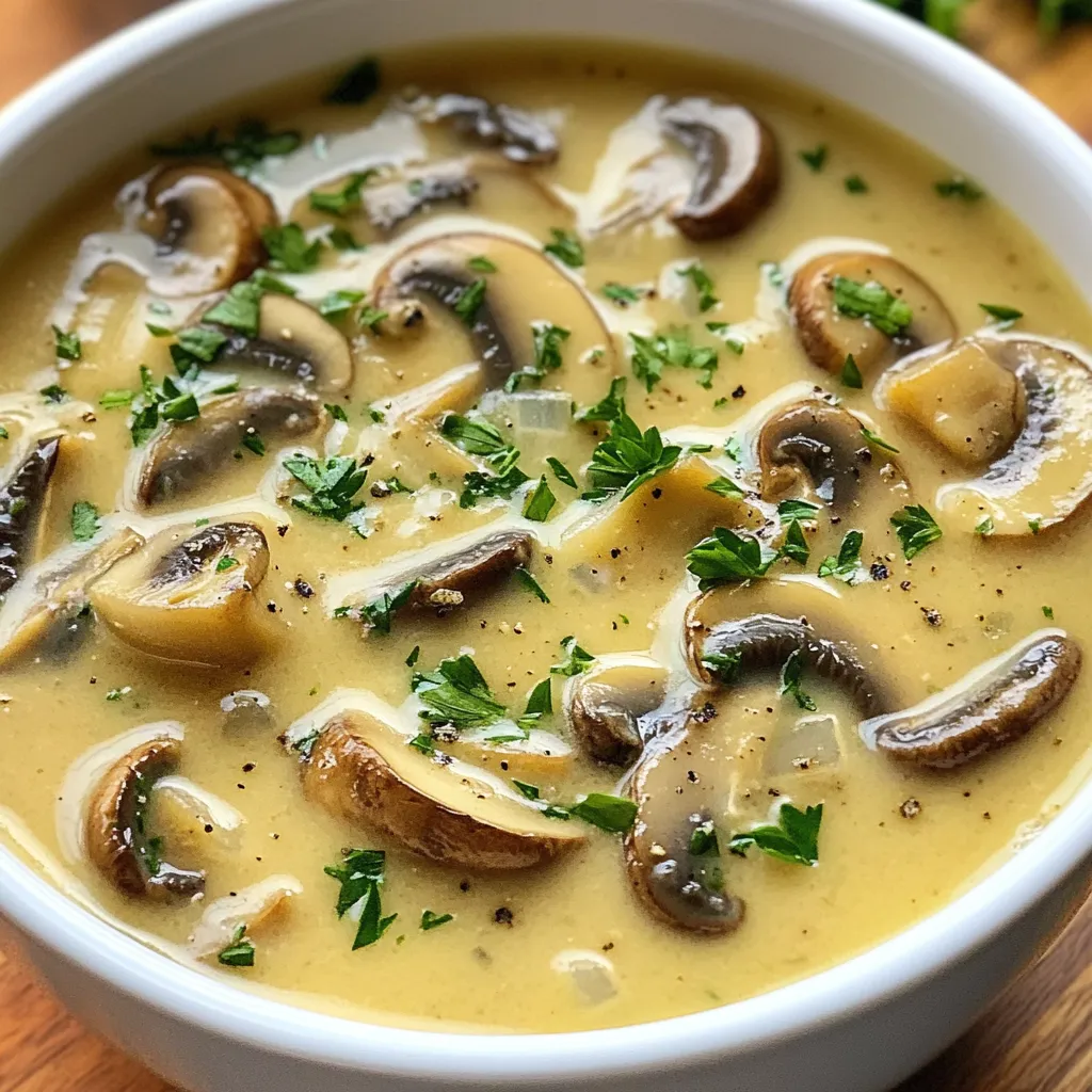 To make a warm and tasty creamy mushroom soup, you need a few fresh items. Here’s the list of ingredients you will use: - 500g mixed mushrooms (cremini, shiitake, button), sliced - 1 medium onion, finely chopped - 2 cloves garlic, minced - 4 cups vegetable broth - 1 cup heavy cream (or coconut cream for a vegan option) - 2 tablespoons olive oil - 1 tablespoon butter (or vegan butter) - 1 teaspoon dried thyme - Salt and pepper to taste - Fresh parsley, chopped (for garnish) These ingredients work together to create a rich and creamy soup. The mushrooms give it depth, while the cream adds smoothness. Using fresh herbs, like thyme and parsley, enhances the flavor, making every spoonful a delight. {{ingredient_image_1}} - Heat 2 tablespoons of olive oil and 1 tablespoon of butter in a large pot. - Add 1 medium onion, finely chopped, and sauté for about 5 minutes. - Stir in 2 cloves of minced garlic and cook for 1 more minute. - Next, add 500g of sliced mixed mushrooms, like cremini, shiitake, and button. - Cook the mushrooms for 8 to 10 minutes until browned. - Once the mushrooms are ready, sprinkle in 1 teaspoon of dried thyme, salt, and pepper. - Pour in 4 cups of vegetable broth and bring the mixture to a boil. - Lower the heat and let it simmer for 15 minutes. - Remove the pot from heat and use an immersion blender to puree the soup. - If you like it chunkier, blend half the soup and mix it back in. - Return the pot to low heat and stir in 1 cup of heavy cream or coconut cream. - Warm the soup through without boiling, adjusting seasoning if needed. - Serve the soup hot, garnished with freshly chopped parsley. - For pairing, enjoy it with crusty bread or a simple salad. To make your soup creamy, choose the right mushrooms. I love mixing cremini, shiitake, and button mushrooms. Each adds a unique taste and texture. Slice them thinly for even cooking. When blending, use an immersion blender for a smooth finish. If you want some bite, blend half the soup and mix it back in. This gives you a nice balance of creaminess and texture. Spices and herbs can take your soup to the next level. I suggest adding a pinch of nutmeg for warmth. Fresh thyme also brightens the flavor. Feel free to mix in some chopped carrots or celery for extra depth. You can even add a splash of white wine while cooking. This enriches the broth and adds a subtle tang. Avoid overcooking your mushrooms. This can lead to a rubbery texture. Cook them just until they’re browned and soft. Do not skip the puree step. This is key for that rich, creamy texture. Blending helps bring all the flavors together, making each bite delightful. Pro Tips Use a Variety of Mushrooms: Combining different types of mushrooms adds depth of flavor and enhances the overall taste of the soup. Adjust the Creaminess: For a richer flavor, consider using heavy cream. For a lighter or vegan option, coconut cream works beautifully. Fresh Herbs for Garnish: Adding freshly chopped parsley or other herbs just before serving brightens up the soup and adds a pop of color. Make it Ahead: This soup can be made in advance and stored in the refrigerator for up to 3 days. Reheat gently on the stove before serving. {{image_2}} For a vegan twist, use coconut cream instead of heavy cream. This keeps the soup rich and creamy. You can also swap butter for vegan butter. For broth, choose vegetable broth that is free from animal products. Options include homemade or store-bought varieties. Look for ones with no added sugars or preservatives. To make this soup gluten-free, ensure your broth is gluten-free. Many store-bought options are, but always check the label. To thicken the soup, use cornstarch or arrowroot powder instead of flour. Mix one tablespoon of cornstarch with two tablespoons of water, then stir it into the soup. You can add extra protein to the soup. Cooked lentils or chickpeas blend well and boost nutrition. For added flavor, drizzle a bit of truffle oil on top before serving. You can also stir in fresh herbs, like thyme or basil, for a bright finish. To keep your creamy mushroom soup fresh, use airtight containers. Glass jars or plastic containers work well. Make sure they seal tightly to avoid air. Store the soup in the fridge. It stays good for about three to four days. If you want to reheat, warm it gently on the stove. Stir often to prevent sticking. Freezing is a great option for long-term storage. First, let the soup cool completely. Pour it into freezer-safe bags or containers. Leave some space at the top for expansion. Seal them tightly and label with the date. When you want to eat it, thaw in the fridge overnight. To reheat, warm it on low heat. Stir well to get a smooth texture again. In the fridge, creamy mushroom soup lasts about three to four days. You can tell it is spoiled if it smells sour or looks off. If you see any mold, throw it away. Always check before eating leftovers to stay safe. Yes, you can use dried mushrooms. Just rehydrate them first. Soak them in warm water for about 20 minutes. Drain and chop them before adding to the soup. This will add a rich flavor to your creamy mushroom soup. To make this soup dairy-free, swap heavy cream for coconut cream. Use the same amount. The coconut cream gives a similar texture and adds a nice hint of sweetness. You can also use almond milk or oat milk, but the soup may be less creamy. Creamy mushroom soup pairs well with crusty bread or a fresh salad. You can also serve it with grilled cheese sandwiches. These add a nice crunch and balance the soup's creaminess. To thicken the soup, you have a few options. You can simmer it longer to reduce the liquid. Another way is to add a slurry made from cornstarch and water. Mix one tablespoon of cornstarch with two tablespoons of water. Stir it into the soup and cook until thickened. Yes, you can make this soup in advance. It stores well in the fridge for up to three days. Just reheat it gently on the stove. If the soup thickens too much, add a little broth or water to loosen it up. This blog post provided a clear guide on making creamy mushroom soup. We covered the ingredients, step-by-step instructions, and useful tips. I shared different variations and storage info to help you enjoy the soup longer. Remember, the key is to sauté your mushrooms well and blend until creamy. Don't shy away from adding spices to elevate flavors. Homemade soup is a comforting treat that’s easy to make. Enjoy your cooking adventure, and don't hesitate to customize the recipe to fit your taste!