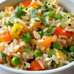 To make Quick Veggie Fried Rice, gather these ingredients: - 2 cups cooked jasmine rice - 1 cup mixed vegetables (carrots, peas, corn, and bell peppers) - 2 green onions, thinly sliced - 2 cloves garlic, minced - 1 tablespoon soy sauce - 1 tablespoon sesame oil - 1 egg (optional, for additional protein) - Salt and pepper to taste - Fresh cilantro or parsley for garnish The essential ingredients for this dish are cooked jasmine rice, mixed vegetables, soy sauce, and sesame oil. These give the dish its base flavor. The egg is optional. It adds protein but you can skip it if you want a vegan dish. Fresh herbs are also optional but they add a nice touch. You can easily adjust this recipe to fit different diets: - Rice: Use brown rice for more fiber. - Soy Sauce: Choose a gluten-free soy sauce if needed. - Vegetables: Swap in your favorites. Spinach, broccoli, or zucchini work well. - Egg: For a vegan option, replace the egg with tofu or just leave it out. These tips help make the dish work for your needs while keeping it tasty and fun! {{ingredient_image_1}} To make Quick Veggie Fried Rice, gather the ingredients first. You need: - 2 cups cooked jasmine rice - 1 cup mixed vegetables (carrots, peas, corn, and bell peppers) - 2 green onions, thinly sliced - 2 cloves garlic, minced - 1 tablespoon soy sauce - 1 tablespoon sesame oil - 1 egg (optional) - Salt and pepper to taste - Fresh cilantro or parsley for garnish Make sure the rice is cold for best results. This helps it fry well. Chop your vegetables and garlic ahead of time. This way, you can cook quickly. 1. Heat the Oil: Start by heating sesame oil in a large skillet or wok over medium heat. 2. Cook Garlic: Add the minced garlic and cook for about 30 seconds. Stir it often. You want it fragrant but not burnt. 3. Add Veggies: Toss in the mixed vegetables. Stir-fry them for 3-4 minutes until they soften. 4. Scramble Egg (Optional): Push the veggies to one side. If using, pour in the beaten egg. Scramble it until fully cooked, then mix it with the veggies. 5. Add Rice: Next, add the cold cooked rice. Break any clumps as you go. Pour the soy sauce over the rice. Mix it all well. 6. Season and Finish: Stir in the sliced green onions. Add salt and pepper to taste. Cook for another 2-3 minutes, stirring frequently. 7. Garnish: Take it off the heat and sprinkle fresh cilantro or parsley on top. Serve the veggie fried rice warm. It makes a great side dish or a main meal. You can add protein if you like. Try chicken, shrimp, or tofu. This dish is easy to customize. Enjoy your colorful and tasty meal! To make your veggie fried rice just right, use cold rice. Freshly cooked rice can get sticky. If you can, cook your rice a day before. This way, it cools and firms up. When you fry it, the grains stay separate. Another tip is to chop your veggies small. This helps them cook faster and mix better. One common mistake is overcrowding the pan. If you add too much food at once, it steams instead of fries. Fry in batches if you have a lot to cook. Also, don’t forget the heat. A hot pan helps get that nice, crispy texture. Lastly, don’t skip the soy sauce. It gives your dish a great flavor boost. To enhance the flavor, try adding ginger or chili paste. A bit of fresh ginger gives a nice kick. Chili paste adds heat, which many love. You can also use a splash of rice vinegar for a tangy twist. Experiment with different seasonings to find what you like best. Adding fresh herbs at the end, like cilantro or parsley, also brightens the dish. Pro Tips Use Day-Old Rice: For the best texture, use rice that has been cooked and cooled overnight. This helps prevent the rice from becoming mushy. Customize Your Veggies: Feel free to mix and match your favorite vegetables. Broccoli, snap peas, and mushrooms can all be great alternatives! Don’t Overcrowd the Pan: If you’re making a larger batch, cook in batches to avoid steaming the vegetables instead of stir-frying them. Add Heat: If you like a bit of spice, consider adding red pepper flakes or a dash of sriracha before serving for an extra kick. {{image_2}} You can easily make this dish vegetarian by skipping the egg. Just follow the main steps, and you will have a tasty meal. For a vegan version, use plant-based oil instead of sesame oil if you prefer. The rest of the ingredients are already vegan-friendly. Adding protein can make this dish heartier. You can toss in cooked chicken or shrimp for extra flavor. If you want a plant-based option, use firm tofu. Cut the tofu into cubes and fry it before adding the veggies. This will give you a more filling meal. Feel free to change the veggies based on what is fresh and in season. In spring, add peas and asparagus. In summer, use zucchini and bell peppers. In fall, squash and carrots shine in this dish. Using seasonal produce makes your fried rice more vibrant and tasty. Store leftover fried rice in an airtight container. Let it cool first. This keeps it fresh and safe. You can keep it in the fridge for up to three days. If you want to enjoy it later, freezing is a great option. To reheat, use a skillet or a microwave. In a skillet, add a splash of water and cover it. Heat on medium until warm. If using a microwave, cover it with a lid or wrap. Heat for a few minutes, stirring halfway through. This keeps the rice moist and tasty. To freeze, place your fried rice in a freezer-safe container. Make sure to press out any air. You can freeze it for up to three months. When you’re ready to eat it, thaw it overnight in the fridge. Reheat as mentioned above. This way, you have a quick meal ready when you need it! Yes, day-old rice works great for fried rice. It’s drier than fresh rice. This helps each grain stay separate. Fresh rice can be too sticky and clump together. Just make sure to cool it before using. Spread it out on a plate for quicker cooling. You can use many vegetables for fried rice. Mixed veggies like carrots, peas, corn, and bell peppers are perfect. They add color and crunch. You can also try broccoli, snap peas, or mushrooms. Just make sure to chop them small. This helps them cook evenly and quickly. Yes, this recipe can be gluten-free. Just use gluten-free soy sauce. Many brands offer gluten-free options now. Check the label to be sure. The other ingredients, like rice and veggies, are naturally gluten-free. Enjoy this dish without worry! This blog post covered how to make delicious veggie fried rice. We talked about the key ingredients, both essential and optional. You learned how to cook it step-by-step and some great serving ideas. We also shared tips to enhance flavor and avoid common mistakes. Plus, you saw variations for vegetarian and vegan options. Lastly, we discussed how to store, reheat, and freeze leftovers. Now, you can make fried rice that fits your taste. Get creative and enjoy every bite!