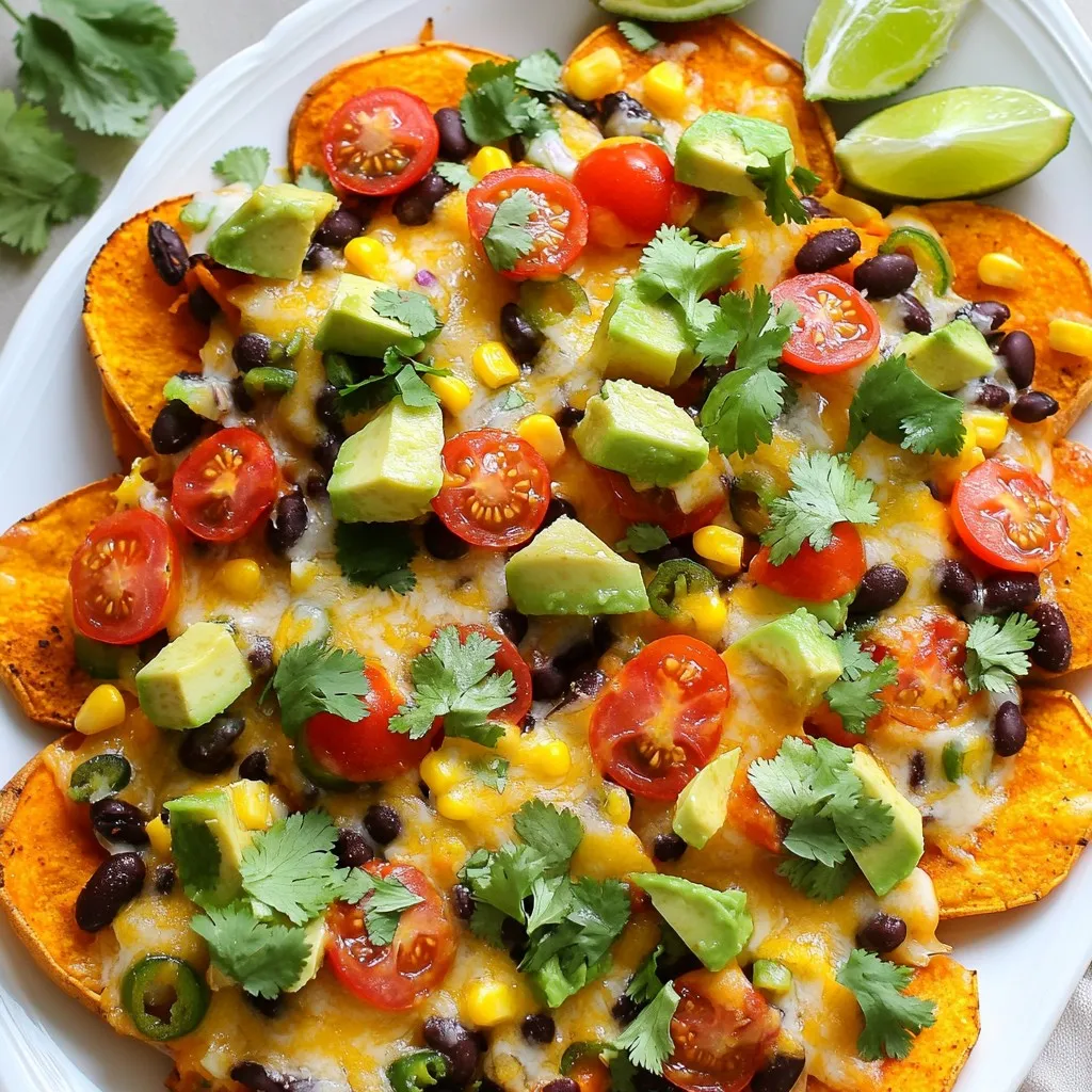- 2 large sweet potatoes, sliced into thin rounds - 1 tablespoon olive oil - 1 teaspoon smoked paprika - 1 teaspoon garlic powder - Salt and pepper, to taste - 1 cup black beans, drained and rinsed - 1 cup corn kernels (fresh, frozen, or canned) - 1 cup cherry tomatoes, halved - 1 avocado, diced - 1 cup shredded cheddar cheese (or a dairy-free alternative) - 1 jalapeño, sliced (optional) - Fresh cilantro, for garnish - Lime wedges, for serving Sweet potatoes are the star here. They bring a natural sweetness and a lovely texture. When sliced thinly and roasted, they become crispy and hold up well under toppings. Olive oil and spices are key to flavor. The smoked paprika adds a warm, smoky taste, while garlic powder gives a savory kick. Salt and pepper enhance everything and help balance flavors. For toppings, black beans add protein and fiber. Corn adds sweetness and crunch. Cherry tomatoes bring freshness and juiciness to each bite. Diced avocado adds creaminess, while cheddar cheese melts beautifully over the nachos. If you like heat, sprinkle some jalapeño on top. Finally, fresh cilantro brightens the dish. Lime wedges add a zesty finish. These ingredients come together to create a colorful and tasty dish. Loaded sweet potato nachos are perfect for sharing or enjoying solo. {{ingredient_image_1}} 1. Preheating the oven: Start by preheating your oven to 400°F (200°C). This step ensures your sweet potatoes will bake perfectly. 2. Seasoning the sweet potato rounds: In a large bowl, take your sweet potato rounds and add 1 tablespoon of olive oil. Then mix in 1 teaspoon of smoked paprika, 1 teaspoon of garlic powder, and a pinch of salt and pepper. Toss everything together until the sweet potatoes are evenly coated in the spice mix. 3. Baking instructions: Spread the seasoned sweet potato rounds in a single layer on a baking sheet lined with parchment paper. Bake them for 20-25 minutes, flipping halfway through. You want them to be crispy and golden brown when done. 1. Preparing the topping mixture: While your sweet potatoes are baking, prepare the toppings. In a separate bowl, mix 1 cup of black beans (drained and rinsed), 1 cup of corn kernels, and 1 cup of halved cherry tomatoes. Season this mixture with salt and pepper to taste. 2. Layering the nachos: Once the sweet potatoes are done, remove them from the oven. Place the sweet potato rounds on a large serving platter or baking dish. Next, evenly distribute the black bean and corn mixture over the sweet potatoes. Follow this by sprinkling diced avocado and 1 cup of shredded cheddar cheese on top. 1. Melting the cheese: If you enjoy a little heat, add sliced jalapeño on top of the nachos. Place the loaded nachos back in the oven for an additional 5-7 minutes. This will melt the cheese and make it bubbly. 2. Serving the loaded nachos: Once the cheese is melted, remove the nachos from the oven. Garnish with fresh cilantro and serve with lime wedges on the side. Squeezing lime over the nachos adds a fresh burst of flavor that makes them even better! To get crispy sweet potato rounds, keep these steps in mind: - Slice thinly: Aim for even, thin rounds. This helps them cook well. - Coat evenly: Mix the sweet potatoes with olive oil and spices. This adds flavor and helps with crisping. - Use parchment paper: Line your baking sheet to prevent sticking. It also helps with cleanup. For flavoring suggestions, I love to use smoked paprika and garlic powder. They add depth. You can also try cumin or chili powder for a kick. Fresh herbs like cilantro brighten up the dish. Layering is key for visual appeal. Start with a base of sweet potatoes. Add your black bean and corn mix. Next, sprinkle diced avocado and cheese on top. This creates a colorful look. For serving suggestions, use a large platter or baking dish. This makes it easy for guests. Provide lime wedges on the side. A squeeze of lime adds freshness and flavor. Enjoy your nachos with friends! Pro Tips Cut Evenly: Ensure that the sweet potato rounds are sliced evenly for consistent cooking and crispiness. Layer Carefully: When layering, make sure to distribute the toppings evenly to ensure every bite is flavorful. Experiment with Cheese: Try different types of cheese or dairy-free alternatives to find the perfect melt and flavor for your nachos. Fresh Ingredients: Use fresh lime juice and cilantro for the best flavor; they brighten up the dish beautifully. {{image_2}} You can make these nachos vegan easily. Use a dairy-free cheese instead of cheddar. This helps keep the dish creamy without animal products. Look for options made from nuts or soy. They melt well and taste great. Instead of cheese, consider adding cashew cream. Blend soaked cashews with lemon juice and a bit of salt. This creamy topping adds richness without dairy. For toppings, try adding sliced olives, pickled jalapeños, or roasted red peppers. These add flavor and a nice kick to your nachos. You can give your nachos a world of flavor. For a Mexican twist, add fresh salsa or guacamole. This brings brightness and freshness. If you feel adventurous, try Mediterranean flavors. Use hummus instead of cheese and top with diced cucumber and olives. This gives a whole new taste to your nachos. Adjust spice levels to your liking. If you want heat, add more jalapeños or a drizzle of hot sauce. For a milder version, skip the spicy toppings. These variations let you create your perfect loaded sweet potato nachos. Enjoy mixing and matching flavors to suit your taste! To store leftover nachos, let them cool first. Place them in an airtight container. If possible, keep the toppings separate. This helps keep everything fresh. Use the nachos within three days for the best taste. When it’s time to reheat, preheat your oven to 350°F. Spread the nachos on a baking sheet. Heat them for about 10 minutes or until warm. You can add more cheese if you like it gooey! Can you freeze loaded sweet potato nachos? Yes, but it’s best to freeze the sweet potatoes alone. Toppings do not freeze well and may change in texture. Once cooled, spread the sweet potato rounds in a single layer on a baking sheet. Freeze them for 1-2 hours until solid. Then, transfer them to a freezer bag. To use, simply thaw them in the fridge overnight. For reheating, preheat the oven to 400°F. Bake the sweet potatoes for about 15 minutes. Then, add your toppings and melt the cheese as you normally would. Enjoy your nachos fresh and hot! Yes, you can prepare the sweet potatoes and toppings ahead. Slice the sweet potatoes and season them. Store them in the fridge for up to one day. You can also mix the toppings in advance. Just keep everything in separate containers. When you’re ready, bake the sweet potatoes and layer the toppings. This saves time and makes meal prep easy. To cut sweet potatoes more easily, try these tips: - Use a sharp knife. A sharp knife cuts through the sweet potato with less effort. - Microwave briefly. Microwave the sweet potato for 30 seconds to soften it. - Cut off the ends. Trim the ends to create a flat base. This helps keep the potato stable while you slice. - Slice thinly. Aim for rounds about 1/4 inch thick for even cooking. If you need alternatives for sweet potatoes, consider these options: - Regular potatoes. Russet or Yukon Gold potatoes work well. - Butternut squash. This adds a sweet flavor and creamy texture. - Zucchini. Thin slices can make a lighter nacho base. For ingredient substitutions that suit nachos, think about: - Beans. Use pinto, kidney, or chickpeas instead of black beans. - Cheese. Try mozzarella or feta for a different taste. - Toppings. Use bell peppers, olives, or any favorite veggies for more variety. Sweet potato nachos offer a tasty twist on a classic snack. We explored key ingredients like sweet potatoes, olive oil, and spices. I shared step-by-step instructions to prepare, assemble, and serve these nachos. You can customize flavors and keep them vegan or dairy-free. Store leftovers properly, or freeze for later. Making nachos ahead of time is also a breeze. These tips will impress your guests and satisfy your cravings. Try these ideas for fun and tasty snacking!
