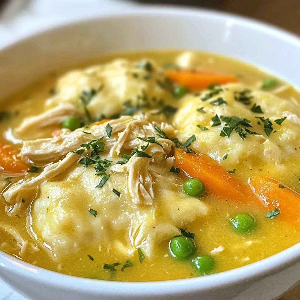 - 2 tablespoons olive oil - 1 medium onion, diced - 2 cloves garlic, minced - 3 medium carrots, sliced - 3 celery stalks, sliced - 1 teaspoon dried thyme - 1 teaspoon dried rosemary - 6 cups chicken broth - 2 cups cooked chicken, shredded - 1 cup frozen peas - Salt and pepper to taste - 2 cups all-purpose flour - 1 tablespoon baking powder - 1 teaspoon salt - 3 tablespoons unsalted butter, melted - 1 cup milk - Chopped fresh parsley - Crusty bread for serving When making Classic Chicken & Dumplings, gather all your ingredients first. This helps you stay organized. Start with the main ingredients for the soup. The olive oil adds flavor and helps cook the veggies. The onion and garlic create a nice base. Next, the carrots and celery add crunch and sweetness. Don’t forget the dried thyme and rosemary. They give the dish a warm, earthy taste. The chicken broth is the heart of the soup. It brings everything together. Use cooked chicken to save time; rotisserie chicken works great here. The frozen peas add color and pop to your meal. Now, let’s talk about dumplings. For these, you need flour, baking powder, and salt. The butter makes them rich and tasty. Milk gives them a soft texture. Finally, garnish with fresh parsley for color. Serve with crusty bread for a complete meal. This dish is all about comfort, and these ingredients create just that. {{ingredient_image_1}} - Heat 2 tablespoons of olive oil in a large pot over medium heat. - Add 1 medium diced onion and 2 minced garlic cloves. Sauté for about 5 minutes. The onion should be soft and clear. - Next, add 3 sliced carrots and 3 sliced celery stalks. Cook for about 5 to 7 minutes until they are soft. - Stir in 1 teaspoon of dried thyme and 1 teaspoon of dried rosemary. This adds great flavor. - Pour in 6 cups of chicken broth and bring the mix to a gentle boil. - In a medium bowl, combine 2 cups of all-purpose flour, 1 tablespoon of baking powder, and 1 teaspoon of salt. - Mix in 3 tablespoons of melted butter and 1 cup of milk. Stir until just combined. Don’t overmix. - Drop spoonfuls of the dumpling batter onto the simmering broth. You should have about 10 to 12 dumplings. - Cover the pot with a lid and cook the dumplings for 15 to 20 minutes. Do not lift the lid during cooking. - Once cooked, gently stir the chicken and broth to combine. Season with salt and pepper to taste. Adjust if needed. Using rotisserie chicken saves time and adds flavor. It is already cooked and seasoned well. You can quickly shred it for your dish. To shred cooked chicken easily, use two forks. Hold one fork steady and pull the chicken apart with the other. This method works best when the chicken is warm. To make fluffy dumplings, avoid overmixing the batter. Stir just until the ingredients come together. Overmixing can make the dumplings tough. To check for fluffiness, look for a light and airy texture. The batter should hold its shape but not be too thick. Spices and herbs can boost the taste of your dish. I recommend using dried thyme and rosemary for a classic flavor. You can also add a pinch of garlic powder or onion powder for extra depth. When choosing broth, homemade is best for flavor. However, store-bought broth is a great option when you're short on time. Just look for low sodium versions to control salt levels. Pro Tips Use Rotisserie Chicken: For a quick and easy option, rotisserie chicken adds great flavor and saves cooking time. Don't Overmix the Dumplings: When combining the dumpling ingredients, mix just until combined to ensure fluffy dumplings. Season to Taste: Adjust the salt and pepper at the end of cooking for the best flavor balance in your dish. Let Dumplings Steam: Keep the lid on while the dumplings cook to trap steam, ensuring they cook through properly. {{image_2}} You can make this dish healthier by switching to whole wheat flour for the dumplings. Whole wheat flour adds fiber and nutrients, making your meal more filling. You can also add extra vegetables like zucchini, spinach, or bell peppers. These veggies boost nutrition without much effort. To change the flavor, try adding different herbs and spices. Fresh parsley, dill, or even basil can brighten the dish. You can also add a splash of hot sauce or Worcestershire sauce for a kick. These additions can make your chicken and dumplings more exciting and flavorful. If you need a gluten-free option, use gluten-free flour for the dumplings. Many brands offer good substitutes. For dairy-free variations, try almond milk or coconut milk in the dumpling mix. These changes keep the dish tasty while fitting different diets. To keep your chicken and dumplings fresh, store them in an airtight container. Place the container in the fridge. Make sure to use the leftovers within three days. If you want to save them longer, freezing is a great option. Portion them into freezer-safe bags. Remove as much air as you can before sealing. This keeps the flavors intact. For stovetop reheating, place the chicken and dumplings in a pot. Add a splash of chicken broth or water. Heat over low to medium heat, stirring gently. This helps to warm them evenly without drying out. If you prefer the microwave, use a microwave-safe bowl. Cover it with a damp paper towel to maintain moisture. Heat in short intervals, stirring in between. You can store chicken and dumplings in the fridge for up to three days. If frozen, they last about three months. Check for signs of spoilage before eating. Look for off smells, odd colors, or mold. If you see any of these, it's best to toss the dish. You can use vegetable broth, beef broth, or water with seasoning. Each option adds a unique taste. If you have homemade stock, that’s even better! Yes, you can prepare the dumpling dough ahead of time. Store it in the fridge for up to 24 hours. Just remember to drop them into the simmering broth when ready to cook. Dumplings are done when they double in size and feel fluffy. You can also cut one open to check. If it’s cooked through, it’s ready! Rotisserie chicken is great for this dish. It saves time and adds flavor. You can also use boiled or roasted chicken that you shred at home. Yes, you can freeze chicken and dumplings. Store them in an airtight container. They last about three months in the freezer. Just thaw and reheat when you’re ready to enjoy! In this post, we covered how to make classic chicken and dumplings. We looked at the main ingredients and the steps to cook them right. I shared tips for choosing chicken and perfecting dumplings. You can also try flavor variations and healthier options. As you prepare this comforting dish, have fun experimenting with flavors and textures. Enjoy every scoop!