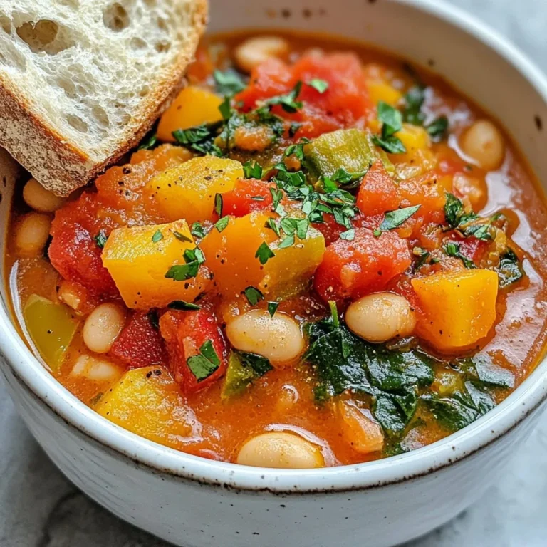 To make a tasty vegan tomato white bean stew, you need to gather some simple ingredients. Here’s the complete list: - 2 tablespoons olive oil - 1 medium onion, diced - 3 cloves garlic, minced - 2 large carrots, diced - 2 celery stalks, diced - 1 red bell pepper, chopped - 1 can (14 oz) diced tomatoes (with juices) - 2 cups vegetable broth - 1 can (15 oz) white beans (such as cannellini or great northern), drained and rinsed - 1 teaspoon dried oregano - 1 teaspoon dried basil - 1/2 teaspoon smoked paprika - Salt and pepper to taste - 2 cups fresh spinach - Fresh parsley, chopped (for garnish) Each ingredient plays a key role in making this stew rich and hearty. The olive oil adds a smooth base. The diced onion and minced garlic give it a strong flavor. Carrots and celery add sweetness and crunch. Red bell pepper brings a pop of color and taste. Diced tomatoes and vegetable broth create a warm, comforting base. White beans provide protein and creaminess. Oregano, basil, and smoked paprika infuse the stew with aromatic notes. Salt and pepper enhance all the flavors. Finally, fresh spinach adds a vibrant green touch, while parsley gives a fresh finish. With just these ingredients, you can create a meal that warms the soul and pleases the palate. {{ingredient_image_1}} 1. First, heat 2 tablespoons of olive oil in a large pot over medium heat. 2. Add 1 medium diced onion and sauté for about 5 minutes. The onion should be soft and clear. 3. Next, stir in 3 minced garlic cloves, 2 diced carrots, 2 diced celery stalks, and 1 chopped red bell pepper. Cook for another 5 to 7 minutes. The veggies will start to soften and smell great. 4. Add 1 can of diced tomatoes with juices and 2 cups of vegetable broth to the pot. Then, throw in the white beans. These add protein and creaminess to the stew. 5. Season with 1 teaspoon of dried oregano, 1 teaspoon of dried basil, and 1/2 teaspoon of smoked paprika. Add salt and pepper to taste. Stir well to combine all the flavors. 1. Bring the stew to a boil over high heat. Once it boils, reduce the heat to low. 2. Cover the pot and let it simmer for 20 minutes. Stir occasionally to prevent sticking. The flavors will blend nicely during this time. 1. After 20 minutes, add 2 cups of fresh spinach to the pot. It will wilt quickly, adding color and nutrients. 2. Taste the stew and adjust the seasoning if needed. If you want it thicker, use a potato masher to lightly mash some beans. 3. Serve your hearty stew hot. Garnish with fresh chopped parsley. Enjoy it with crusty bread or a bed of quinoa for a filling meal! To get a rich taste, start by sautéing the onions and garlic well. This step builds a great base for your stew. Cook them until they are soft and fragrant. If you want to boost the flavor, adjust your seasoning. Add more herbs like oregano and basil. A pinch of salt can make a big difference too. Always taste your stew as it cooks. This way, you can find the perfect balance. If you like a thicker stew, use a potato masher. Lightly mash some of the white beans in the pot. This adds creaminess without using dairy. If you want to try something different, you can blend part of the stew. Just scoop out some, blend it, and stir it back in. This method gives you a smooth texture while keeping some whole beans. Serve your stew hot in deep bowls. A piece of crusty bread goes well with it. You can dip the bread into the stew for added flavor. For a cheesy taste, sprinkle nutritional yeast on top. This adds a savory touch and boosts nutrition. You can also garnish with fresh parsley for a pop of color. Enjoy your meal! Pro Tips Use Fresh Herbs: Fresh herbs can elevate the flavor of your stew. Consider adding fresh basil or oregano right before serving for a burst of freshness. Customize Your Beans: Feel free to mix and match different types of beans. Chickpeas or kidney beans can add unique flavors and textures to your stew. Spice It Up: If you enjoy a bit of heat, add a pinch of red pepper flakes or diced jalapeños when sautéing the vegetables for a spicy kick. Make It Ahead: This stew tastes even better the next day. Prepare it in advance and let the flavors meld overnight in the refrigerator! {{image_2}} You can use many types of beans in this stew. Black beans or chickpeas add a nice twist. Each type brings its flavor and texture. If you're short on time, use pre-cooked or frozen beans. They save time and still taste great. Just rinse them and add them in! Adding extra veggies boosts the stew's nutrition. Try zucchini, kale, or even sweet potatoes. These veggies change the flavor and keep it fresh. You can also switch veggies based on the season. In fall, add pumpkin or butternut squash. In summer, fresh corn or green beans work well. Want some heat? Add chili peppers or red pepper flakes. They give the stew a nice kick. You can also play with herbs. Fresh thyme or rosemary can change the dish entirely. Each herb adds its unique flavor profile. Experiment and find what you love! To store leftovers, place the stew in an airtight container. This keeps it fresh and tasty. You can keep it in the fridge for up to four days. If you want to enjoy it later, freezing is a great option. To freeze the stew, let it cool completely. Then, pour it into freezer-safe bags or containers. Leave some space for expansion. You can store it in the freezer for up to three months. When you're ready to eat, thaw it in the fridge overnight. For reheating, use a pot on the stove over low heat. This method helps keep the flavor and texture. Stir often to heat it evenly. If it seems thick, add a splash of vegetable broth or water. Taste it again and adjust the seasonings if needed. This will bring back the delicious flavors. Yes, you can make this stew ahead of time. Meal prepping this recipe helps save time and keeps your week easy. The flavors get better after a day in the fridge. You can store it in an airtight container. Just reheat it on the stove when you are ready to enjoy. Serve it hot for a cozy meal. Yes, this stew is gluten-free. The main ingredients, like beans and vegetables, do not have gluten. However, always check the labels on your vegetable broth and canned tomatoes. Some brands may add gluten. Using certified gluten-free products ensures a safe meal for those with gluten sensitivities. Absolutely! You can use other greens in this stew. Kale and Swiss chard are great options. They add lots of nutrients and flavor. Just chop them into smaller pieces before adding them to the stew. Cook them until they are soft, just like you would with spinach. To adjust servings, you can easily scale the recipe up or down. If you want more, double all the ingredients. If you need fewer servings, cut all the amounts in half. This stew is forgiving, so a little more or less of an ingredient won’t hurt. Use your own taste for the best flavor! This blog post showed how to make a hearty Vegan Tomato White Bean Stew. We went through the ingredients, step-by-step instructions, and useful tips. You learned about flavor, texture, and storage tips for leftovers. Experiment with beans and veggies for your own twist. This stew is versatile and easy to make. Enjoy it with bread or adjust spices to suit your taste. Now it’s time to gather your ingredients and start cooking! You will love the warmth of this comforting dish.